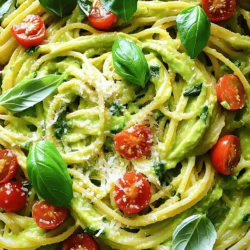 - 2 ripe avocados - 300g spaghetti or any pasta of choice - 2 cloves garlic, minced - 1 cup fresh basil leaves - 2 tablespoons lemon juice - 3 tablespoons olive oil - 1/2 teaspoon red pepper flakes (optional) - Salt and pepper to taste - Grated parmesan cheese (for serving, optional) - Cherry tomatoes, halved (for garnish, optional) Ripe avocados are the star of this dish. They give a rich and creamy texture. Choose avocados that yield slightly when you press them. For pasta, spaghetti is great, but any kind works too. Fresh basil adds a nice touch. Garlic gives a punch of flavor. You can add red pepper flakes for a hint of heat. This creamy avocado pasta is not only tasty but also healthy. It has about 500 calories per serving. The dish is high in healthy fats from avocados. They contain fiber, which is good for digestion. Avocados are also rich in vitamins C, E, and K. They help improve heart health and skin. This recipe is vegan since it uses no animal products. You can also make it gluten-free by choosing gluten-free pasta. For those with nut allergies, this dish is safe. You can swap ingredients based on your needs. For the full recipe, check out the details above. Enjoy making this dish your own! To start, bring a large pot of water to a boil. Add a good amount of salt to the water. This step helps flavor the pasta. Once the water is boiling, add your pasta. I love using spaghetti, but feel free to choose your favorite type. Cook the pasta according to the package instructions until it is al dente. This means the pasta should be firm but not hard. To check, taste a piece. If it feels just right, you’re ready to move on. Don’t forget to save about one cup of the pasta water before draining. This water can help adjust your sauce later. While the pasta cooks, it’s time to make the avocado sauce. Take two ripe avocados and cut them in half. Remove the pit and scoop the flesh into a blender or food processor. Add minced garlic, fresh basil, lemon juice, olive oil, and red pepper flakes if you want a little heat. Blend everything until it is smooth and creamy. If it feels too thick, add a bit of the reserved pasta water. Taste the sauce and adjust the salt and pepper to fit your liking. Now, let’s mix everything together. In the same pot you used for the pasta, add the drained spaghetti. Pour the creamy avocado sauce over the pasta. Use tongs or a spoon to toss the pasta, ensuring it is well coated. If the sauce is too thick, add more pasta water until it reaches the right consistency. Serve your creamy avocado pasta right away. You can top it with extra salt, pepper, grated parmesan, and halved cherry tomatoes for a fresh touch. For the full recipe and more details, check out the [Full Recipe]. To keep your avocados fresh, use lemon juice. It slows down the browning. Store any leftover sauce in an airtight container. Press plastic wrap against the surface before sealing. This method helps keep air out. For the best texture, blend until creamy. Add a bit of pasta water if it's too thick. You want a smooth, silky sauce that clings to the pasta well. You can add extra flavor with a few simple ingredients. Try adding sun-dried tomatoes or olives for a savory kick. A sprinkle of feta cheese can also enhance the taste. Serve your creamy avocado pasta with fresh salad or garlic bread. A crisp side salad adds freshness and crunch. A good blender or food processor makes a big difference. These tools help achieve that perfect creaminess. If you don’t have one, a fork can work, but it takes longer. Cook your pasta and sauce at the same time. This way, you can mix them right when the pasta is hot. It helps the sauce stick better. Timing is key for the best creamy avocado pasta experience. {{image_2}} You can use many types of pasta for creamy avocado pasta. While spaghetti is a classic choice, feel free to try penne, fettuccine, or even gluten-free pasta. Gluten-free pasta made from brown rice or chickpeas works great and keeps the dish light. In addition, seasonal veggies can boost the dish's flavor. In summer, add fresh zucchini or cherry tomatoes. In winter, consider using roasted butternut squash for added sweetness. Adding proteins can change the dish completely. Grilled chicken or shrimp pairs well with the creamy sauce. Simply cook the protein and toss it with the pasta. If you like spice, try adding red pepper flakes. They add heat and depth to the dish. Adjust the amount to your taste, but start small to avoid overpowering the creamy flavor. Pair your creamy avocado pasta with vibrant salads. A simple arugula salad with lemon vinaigrette works wonders. You can also serve light dips, such as hummus or tzatziki, as appetizers. These sides balance the richness of the pasta and keep your meal exciting. To keep your creamy avocado pasta fresh, store it in an airtight container. This will help prevent it from browning and losing flavor. Place the pasta in the fridge within two hours of cooking. It will stay good for 2-3 days. Can you freeze creamy avocado pasta? Yes, but it is tricky. The avocado may change in texture. If you want to freeze it, store the sauce and pasta separately. Use a freezer-safe container for the sauce. It can last for up to a month in the freezer. When reheating, do it gently. Use low heat to avoid losing creaminess. Add a splash of olive oil or a little reserved pasta water. This helps bring back the smooth texture. For a fresh touch, add a sprinkle of fresh basil or a squeeze of lemon juice before serving. To make this dish vegan, swap the parmesan cheese with a plant-based alternative. You can use nutritional yeast for a cheesy flavor. Also, check that your pasta is egg-free. Many brands offer a great variety of vegan pasta options. Yes, you can use frozen avocado! When using frozen avocados, let them thaw in the fridge overnight. This helps maintain their texture. If you need to use them quickly, place them in a bowl of warm water for about 10 minutes. Blend them while they are still cold for a creamy sauce. If you don't have basil, try fresh parsley or cilantro. Both herbs add a nice flavor. Mint can also work, giving a unique twist. Experiment with flavors to find what you like best! Absolutely! Creamy avocado pasta is great for meal prep. Cook the pasta and sauce separately. Store them in airtight containers in the fridge. When you're ready to eat, mix them together, adding a splash of water to loosen the sauce. This way, you enjoy fresh-tasting pasta every time. For the full recipe, check out the complete guide. This blog post covered how to make creamy avocado pasta from start to finish. We discussed key ingredients, nutrition facts, and dietary options. You learned how to cook pasta perfectly and blend a smooth avocado sauce. We also explored tips to enhance flavor and variations to try. Finally, I shared how to store and reheat leftovers. Remember, this dish is both tasty and healthy. Enjoy experimenting with it and make it your own!