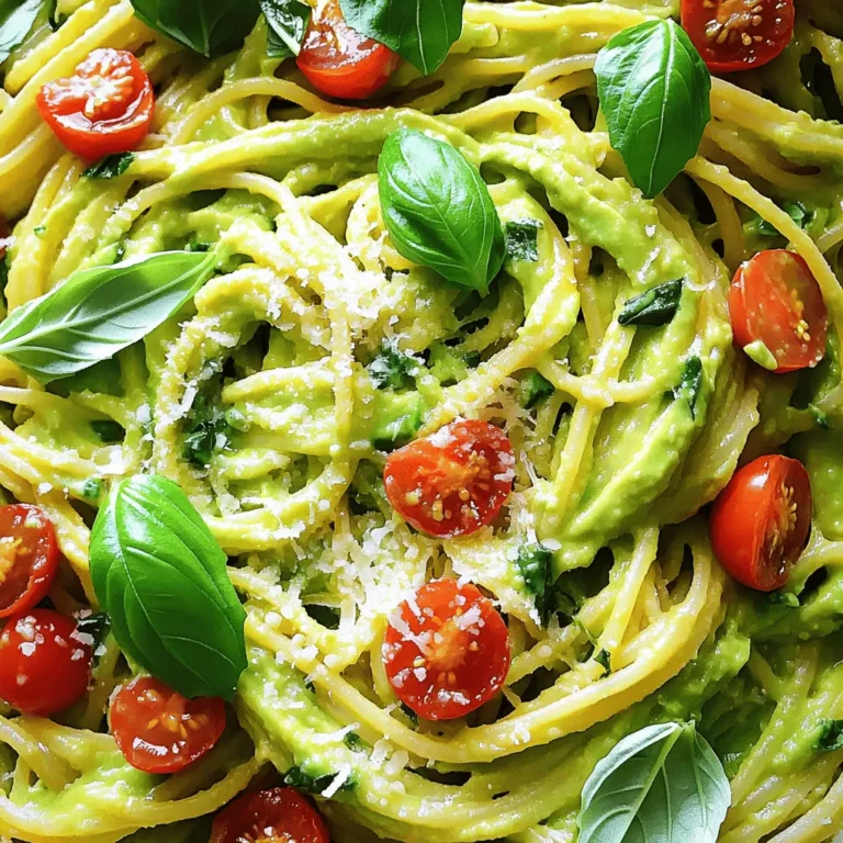 - 2 ripe avocados - 300g spaghetti or any pasta of choice - 2 cloves garlic, minced - 1 cup fresh basil leaves - 2 tablespoons lemon juice - 3 tablespoons olive oil - 1/2 teaspoon red pepper flakes (optional) - Salt and pepper to taste - Grated parmesan cheese (for serving, optional) - Cherry tomatoes, halved (for garnish, optional) Ripe avocados are the star of this dish. They give a rich and creamy texture. Choose avocados that yield slightly when you press them. For pasta, spaghetti is great, but any kind works too. Fresh basil adds a nice touch. Garlic gives a punch of flavor. You can add red pepper flakes for a hint of heat. This creamy avocado pasta is not only tasty but also healthy. It has about 500 calories per serving. The dish is high in healthy fats from avocados. They contain fiber, which is good for digestion. Avocados are also rich in vitamins C, E, and K. They help improve heart health and skin. This recipe is vegan since it uses no animal products. You can also make it gluten-free by choosing gluten-free pasta. For those with nut allergies, this dish is safe. You can swap ingredients based on your needs. For the full recipe, check out the details above. Enjoy making this dish your own! To start, bring a large pot of water to a boil. Add a good amount of salt to the water. This step helps flavor the pasta. Once the water is boiling, add your pasta. I love using spaghetti, but feel free to choose your favorite type. Cook the pasta according to the package instructions until it is al dente. This means the pasta should be firm but not hard. To check, taste a piece. If it feels just right, you’re ready to move on. Don’t forget to save about one cup of the pasta water before draining. This water can help adjust your sauce later. While the pasta cooks, it’s time to make the avocado sauce. Take two ripe avocados and cut them in half. Remove the pit and scoop the flesh into a blender or food processor. Add minced garlic, fresh basil, lemon juice, olive oil, and red pepper flakes if you want a little heat. Blend everything until it is smooth and creamy. If it feels too thick, add a bit of the reserved pasta water. Taste the sauce and adjust the salt and pepper to fit your liking. Now, let’s mix everything together. In the same pot you used for the pasta, add the drained spaghetti. Pour the creamy avocado sauce over the pasta. Use tongs or a spoon to toss the pasta, ensuring it is well coated. If the sauce is too thick, add more pasta water until it reaches the right consistency. Serve your creamy avocado pasta right away. You can top it with extra salt, pepper, grated parmesan, and halved cherry tomatoes for a fresh touch. For the full recipe and more details, check out the [Full Recipe]. To keep your avocados fresh, use lemon juice. It slows down the browning. Store any leftover sauce in an airtight container. Press plastic wrap against the surface before sealing. This method helps keep air out. For the best texture, blend until creamy. Add a bit of pasta water if it's too thick. You want a smooth, silky sauce that clings to the pasta well. You can add extra flavor with a few simple ingredients. Try adding sun-dried tomatoes or olives for a savory kick. A sprinkle of feta cheese can also enhance the taste. Serve your creamy avocado pasta with fresh salad or garlic bread. A crisp side salad adds freshness and crunch. A good blender or food processor makes a big difference. These tools help achieve that perfect creaminess. If you don’t have one, a fork can work, but it takes longer. Cook your pasta and sauce at the same time. This way, you can mix them right when the pasta is hot. It helps the sauce stick better. Timing is key for the best creamy avocado pasta experience. {{image_2}} You can use many types of pasta for creamy avocado pasta. While spaghetti is a classic choice, feel free to try penne, fettuccine, or even gluten-free pasta. Gluten-free pasta made from brown rice or chickpeas works great and keeps the dish light. In addition, seasonal veggies can boost the dish's flavor. In summer, add fresh zucchini or cherry tomatoes. In winter, consider using roasted butternut squash for added sweetness. Adding proteins can change the dish completely. Grilled chicken or shrimp pairs well with the creamy sauce. Simply cook the protein and toss it with the pasta. If you like spice, try adding red pepper flakes. They add heat and depth to the dish. Adjust the amount to your taste, but start small to avoid overpowering the creamy flavor. Pair your creamy avocado pasta with vibrant salads. A simple arugula salad with lemon vinaigrette works wonders. You can also serve light dips, such as hummus or tzatziki, as appetizers. These sides balance the richness of the pasta and keep your meal exciting. To keep your creamy avocado pasta fresh, store it in an airtight container. This will help prevent it from browning and losing flavor. Place the pasta in the fridge within two hours of cooking. It will stay good for 2-3 days. Can you freeze creamy avocado pasta? Yes, but it is tricky. The avocado may change in texture. If you want to freeze it, store the sauce and pasta separately. Use a freezer-safe container for the sauce. It can last for up to a month in the freezer. When reheating, do it gently. Use low heat to avoid losing creaminess. Add a splash of olive oil or a little reserved pasta water. This helps bring back the smooth texture. For a fresh touch, add a sprinkle of fresh basil or a squeeze of lemon juice before serving. To make this dish vegan, swap the parmesan cheese with a plant-based alternative. You can use nutritional yeast for a cheesy flavor. Also, check that your pasta is egg-free. Many brands offer a great variety of vegan pasta options. Yes, you can use frozen avocado! When using frozen avocados, let them thaw in the fridge overnight. This helps maintain their texture. If you need to use them quickly, place them in a bowl of warm water for about 10 minutes. Blend them while they are still cold for a creamy sauce. If you don't have basil, try fresh parsley or cilantro. Both herbs add a nice flavor. Mint can also work, giving a unique twist. Experiment with flavors to find what you like best! Absolutely! Creamy avocado pasta is great for meal prep. Cook the pasta and sauce separately. Store them in airtight containers in the fridge. When you're ready to eat, mix them together, adding a splash of water to loosen the sauce. This way, you enjoy fresh-tasting pasta every time. For the full recipe, check out the complete guide. This blog post covered how to make creamy avocado pasta from start to finish. We discussed key ingredients, nutrition facts, and dietary options. You learned how to cook pasta perfectly and blend a smooth avocado sauce. We also explored tips to enhance flavor and variations to try. Finally, I shared how to store and reheat leftovers. Remember, this dish is both tasty and healthy. Enjoy experimenting with it and make it your own!
