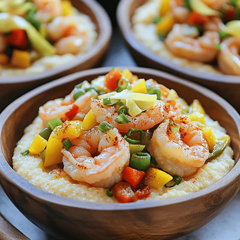 To make zesty shrimp and grits, gather these ingredients: - 1 cup grits (stone ground for best texture) - 4 cups water or chicken broth - 1 lb. medium shrimp, peeled and deveined - 1/2 cup yellow bell pepper, diced - 1/2 cup red bell pepper, diced - 1/4 cup green onion, sliced (reserve some for garnish) - 3 cloves garlic, minced - 1 teaspoon smoked paprika - 1/2 teaspoon cayenne pepper (adjust for spice preference) - 1/2 teaspoon black pepper - 1 tablespoon olive oil - 2 tablespoons butter - 1 tablespoon lemon juice - Salt to taste - 1/4 cup shredded cheddar cheese (optional) You can add a few tasty extras to enhance your dish: - Fresh herbs like parsley or cilantro for a bright finish - A dash of hot sauce for extra heat - Cream or half-and-half for creamier grits - Cooked bacon or sausage for added flavor If you can’t find some ingredients, here are some swaps: - Use instant grits instead of stone-ground grits, but adjust cooking time. - If you have frozen shrimp, you can use those too; just thaw them first. - Swap yellow and red bell peppers with any color bell pepper you like. - For a dairy-free option, replace butter with vegan butter or olive oil. By using these ingredients, you can create a dish that bursts with flavor and comfort. Remember, you can find the full recipe in the earlier section. To start, grab a medium pot. Pour in 4 cups of water or chicken broth. Bring it to a boil. Add a pinch of salt for taste. Gradually stir in 1 cup of grits. Lower the heat and let it simmer. Cook the grits for about 15-20 minutes. Stir occasionally to keep it creamy. If you like cheese, mix in 1/4 cup of shredded cheddar. This adds a nice richness. While the grits are cooking, take a large skillet. Heat 1 tablespoon of olive oil and 1 tablespoon of butter over medium-high heat. Add 3 cloves of minced garlic. Sauté it for about 30 seconds until it smells great. Next, toss in 1/2 cup each of diced yellow and red bell peppers. Cook these for about 3-4 minutes until they soften. Now, add 1 pound of peeled and deveined shrimp to the skillet. Sprinkle in 1 teaspoon of smoked paprika, 1/2 teaspoon of cayenne pepper, and 1/2 teaspoon of black pepper. Cook for 3-5 minutes. The shrimp will turn pink and opaque. Remove the skillet from heat. Stir in 1 tablespoon of butter and 1 tablespoon of lemon juice for flavor. To serve, scoop a generous portion of creamy grits onto a plate. Top it with the zesty shrimp mixture. For a fresh touch, garnish with sliced green onions. You can also add extra lemon wedges on the side for a bit more zing. For a rustic feel, serve in shallow bowls. Drizzle a little more lemon juice on top for brightness. You can also sprinkle some smoked paprika for color. Enjoy this flavorful comfort dish! You can find the full recipe above. To make your zesty shrimp and grits shine, focus on fresh ingredients. Use bright, ripe bell peppers for sweetness. Fresh garlic adds a punch. Smoked paprika gives a lovely depth. You can adjust cayenne pepper for your spice level. A splash of lemon juice brightens the dish. If you want, add a hint of Worcestershire sauce for a savory twist. One common mistake is overcooking the shrimp. Cook them just until they are pink and opaque. Do not rush the grits; let them cook low and slow. This builds creaminess. Also, avoid skipping the butter at the end. It adds richness that makes the dish special. Lastly, don't forget to taste and adjust salt. It can make a big difference. Pair your zesty shrimp and grits with a crisp salad for balance. A light green salad with a vinaigrette is great. You can also serve it with a side of roasted vegetables. For drinks, a chilled white wine works well. If you prefer non-alcoholic, try sparkling lemon water with fresh mint. Want to explore more? Check out the full recipe for ideas on garnishes and serving styles. {{image_2}} For those who love heat, spice it up! You can add more cayenne pepper or even diced jalapeños. Use hot sauce for a kick. Try mixing in diced serrano peppers for a fresh taste. You can also swap the smoked paprika for chipotle powder. This adds smoke and heat. Adjust the spice to your taste! To make the dish even creamier, add more cheese. Cream cheese or goat cheese works well. You can also stir in a bit of heavy cream. This gives the grits a rich texture. If you want a lighter option, use sour cream or Greek yogurt. They add creaminess without too many calories. You can easily make this dish vegetarian. Replace shrimp with sautéed mushrooms or zucchini. You can also use lentils for protein. To keep it zesty, add more lemon juice and spices. Use vegetable broth instead of chicken broth for the grits. This keeps the flavor bright and fresh. Feel free to explore these variations! They can make your meal unique and exciting. Check the Full Recipe for more details and enjoy! You can keep Zesty Shrimp and Grits in the fridge for up to three days. Store the shrimp and grits in separate airtight containers. This helps maintain their texture. Let the dish cool down before placing it in the fridge. If you want to save time on busy days, prepare a batch ahead of time. You can freeze the shrimp mixture for up to three months. However, I recommend not freezing the grits, as they can become grainy. To freeze, place the shrimp mixture in a freezer-safe container. Make sure to label the container with the date. When you're ready to eat, simply thaw in the fridge overnight. To reheat, warm the grits in a pot over low heat. Stir in a splash of water or broth to restore creaminess. For the shrimp, heat in a skillet over medium heat. Stir gently to avoid overcooking. You can add a little butter or olive oil for extra flavor. Enjoy your meal just as delicious as when you made it! It takes about 30 minutes to make Zesty Shrimp and Grits. You will spend 15 minutes prepping and 15 minutes cooking. This time includes cooking the creamy grits and the zesty shrimp. It is fast, tasty, and perfect for any meal. Yes, you can make parts of this dish ahead. Cook the grits and shrimp separately. Store each in the fridge for up to two days. When you’re ready to eat, just reheat them together. This makes it easy for busy days. Zesty Shrimp and Grits pairs well with many sides. Consider serving it with: - A fresh green salad - Sautéed greens like spinach or kale - Crusty bread or garlic bread - Lemon wedges for added brightness These sides add flavor and balance to your meal. Explore these options to find your favorite combination. For the full recipe, check out the recipe section above. In this blog post, we explored delicious Zesty Shrimp and Grits. We went over the key ingredients and helpful substitutions. You learned step-by-step cooking instructions and serving tips. We also shared ways to enhance flavors and avoid common mistakes. You can enjoy creative variations and proper storage methods too. Try making this dish to impress friends and family. With practice, you will perfect it. Enjoy!