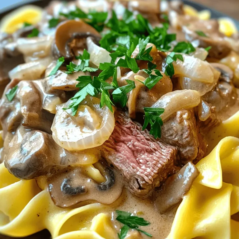To make a delicious Beef Stroganoff, you need these simple ingredients: - 1 lb beef sirloin, thinly sliced - 1 medium onion, diced - 2 cloves garlic, minced - 8 oz mushrooms, sliced - 2 tablespoons all-purpose flour - 2 cups beef broth - 1 cup sour cream - 2 tablespoons Dijon mustard - 2 tablespoons olive oil - Salt and pepper to taste - Fresh parsley, chopped (for garnish) - Cooked egg noodles or rice (for serving) Using fresh ingredients makes a huge difference in taste. Fresh beef gives a rich flavor. Fresh mushrooms add depth. Onions and garlic bring sweetness and aroma. When you use fresh items, your dish will taste better and look vibrant. Quality ingredients lead to a gourmet experience right at home. You can swap some items if needed. For a leaner option, use chicken or turkey instead of beef. If you prefer, try cream cheese instead of sour cream for a thicker sauce. You can use vegetable broth for a lighter flavor. If you’re gluten-free, swap all-purpose flour with cornstarch or a gluten-free blend. These changes keep the dish tasty while catering to different diets. To make classic beef stroganoff, start by heating olive oil in a large skillet over medium-high heat. Next, add 1 pound of thinly sliced beef sirloin. Season it well with salt and pepper. Cook the beef for about 4-5 minutes until it is nicely browned. Once done, remove it from the skillet and set it aside. In the same skillet, toss in 1 medium diced onion and cook until it turns translucent, which should take about 3 minutes. Add 2 cloves of minced garlic and 8 ounces of sliced mushrooms. Sauté this mixture until the mushrooms are tender and have released their moisture, around 5 minutes. Now, sprinkle 2 tablespoons of all-purpose flour over the mushroom mix. Stir well and let it cook for another minute. Gradually pour in 2 cups of beef broth while stirring. This helps prevent lumps. Bring the mixture to a gentle simmer. After that, return the browned beef to the skillet. Stir in 1 cup of sour cream and 2 tablespoons of Dijon mustard. Let it simmer for about 5 minutes until the sauce thickens. Taste and adjust the seasoning with more salt and pepper if needed. Finally, serve the stroganoff over cooked egg noodles or rice, and garnish it with fresh chopped parsley. Browning the beef is key for a great flavor. Make sure your skillet is hot enough before adding the beef. If the pan is too cold, the meat will steam instead of brown. Do not overcrowd the skillet. This can lower the temperature and cause uneven cooking. If you have a lot of beef, cook it in batches. Let the beef sit without stirring for a minute. This helps develop a nice crust. Once browned, remember to remove the beef right away. This keeps it juicy and tender. Using good-quality beef broth makes a big difference in flavor. If you want more depth, try adding a splash of Worcestershire sauce. Fresh herbs can also boost the taste. Thyme or bay leaves work well. When seasoning, remember to taste as you go. Each ingredient adds its own flavor. Adjust salt and pepper at the end for the best results. For a richer taste, consider adding a little red wine to the broth. Just remember to let it cook off a bit before adding the sour cream. This will ensure a balanced flavor profile in your dish. When making Beef Stroganoff, some common mistakes can ruin your dish. First, do not overcrowd the skillet when you brown the beef. If you do, the meat will steam instead of sear. This means it won’t get that lovely brown color. Also, be careful with the heat. Too high can burn your garlic and onions, making them bitter. Lastly, do not skip the simmering step after adding sour cream. This helps blend the flavors nicely. To make your Beef Stroganoff stand out, consider adding a few secret ingredients. A splash of Worcestershire sauce adds depth. You can also use a bit of red wine to enhance the beef flavor. If you love a bit of tang, try adding a teaspoon of lemon juice. Fresh herbs like thyme or dill also give your dish a fresh taste. Thickening the sauce is key for a rich Beef Stroganoff. The trick is to sprinkle flour over the mushroom mix early on. This helps it absorb the moisture. Stir well to coat everything evenly. If your sauce seems too thin, simmer it longer to reduce the liquid. You can also mix a little cornstarch with cold water and add it in. This gives you a nice, creamy texture. For the full recipe, check out the [Full Recipe]. {{image_2}} You can make a vegetarian or vegan beef stroganoff. Replace the beef with mushrooms or tofu. Use vegetable broth instead of beef broth for flavor. Swap sour cream for cashew cream or coconut yogurt. This keeps the dish creamy and rich without meat. To make beef stroganoff gluten-free, use gluten-free flour. You can also use cornstarch to thicken the sauce. Ensure your broth is gluten-free. Serve it over gluten-free pasta or rice. These changes let you enjoy stroganoff without gluten. Try adding different spices for an international flair. For a Mexican twist, add cumin and chili powder. To make an Asian version, use soy sauce and sesame oil. Each twist changes the taste while keeping the dish familiar. Explore these variations to find your favorite! After your meal, let the Beef Stroganoff cool down. Place it in an airtight container. Store it in the fridge for up to three days. If you want to keep it longer, freezing is a good option. To reheat, pour the Beef Stroganoff into a skillet. Heat it over medium-low heat. Stir often to ensure it warms evenly. If the sauce thickens too much, add a splash of beef broth or water. You can also use the microwave, but stir every minute for even heat. To freeze Beef Stroganoff, let it cool completely. Transfer it to a freezer-safe container. You can also use freezer bags, but remove as much air as you can. It will stay good for up to three months. When ready to eat, thaw it overnight in the fridge before reheating. For best results, use the Full Recipe when you prepare it again! Beef Stroganoff comes from Russia. It is named after the Stroganov family, who were wealthy. This dish became popular in the 19th century. It features tender beef with a creamy sauce. The recipe spread to many countries, each adding its twist. Yes, you can use various meats. Chicken or pork works well. You might even try turkey. Each meat will give a unique taste to the dish. Just remember to adjust cooking times for different meats. Thin cuts cook faster, while thicker cuts need more time. You can prepare Beef Stroganoff a day in advance. Cook the dish as normal and let it cool. Store it in an airtight container in the fridge. When you are ready to eat, reheat it on low heat. Add a splash of broth if the sauce is too thick. For the complete details, check the Full Recipe. Classic Beef Stroganoff offers a rich blend of flavors, textures, and options. We covered key ingredients, helpful cooking steps, and creative variations. Always use fresh items for the best taste. Avoid common mistakes to achieve a perfect dish. Whether you prefer vegetarian or gluten-free, there's a version for you. Storing and reheating leftover stroganoff is easy, making it a great meal prep choice. Enjoy this comforting dish and share it with friends and family!