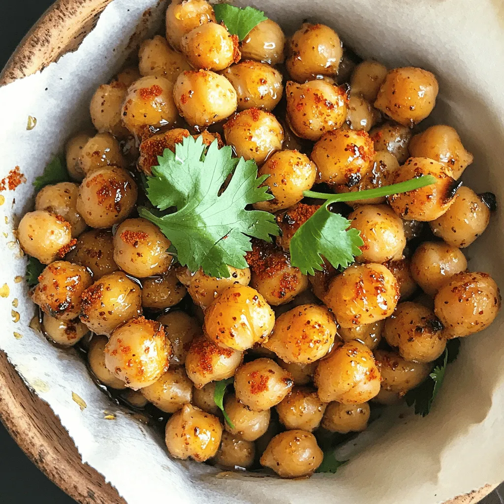 To make Sweet and Spicy Roasted Chickpeas, you will need: - 1 can (15 oz) chickpeas, drained and rinsed - 2 tablespoons olive oil - 1 tablespoon honey or maple syrup - 1 teaspoon chili powder - 1/2 teaspoon smoked paprika - 1/2 teaspoon garlic powder - 1/4 teaspoon cayenne pepper (adjust to taste) - Salt to taste - Fresh cilantro or parsley for garnish (optional) You can customize your chickpeas further with these options: - Lemon zest for a fresh kick - Cumin for a warm, earthy flavor - Cinnamon for a sweet twist - Nutritional yeast for a cheesy taste These optional ingredients let you play with flavors. Use what you enjoy most. Chickpeas are a great source of protein and fiber. They help keep you full. Olive oil adds healthy fats, which are good for your heart. Honey or maple syrup provide natural sweetness. Spices like chili powder and cayenne boost metabolism and add flavor. Incorporating these ingredients into your diet can support overall health and wellness. You get a tasty snack and a nutritional boost! Remember to check out the Full Recipe for more details. Start with a can of chickpeas. Drain and rinse them well under cold water. This step helps remove extra salt. Once rinsed, spread them on a clean kitchen towel. Pat them dry to get rid of moisture. Drying is key for crispiness later. In a large bowl, mix two tablespoons of olive oil with one tablespoon of honey or maple syrup. Stir until they blend together. Add the dried chickpeas to the bowl. Toss them well so they get coated evenly. Next, preheat your oven to 400°F (200°C). Spread the seasoned chickpeas on a baking sheet in a single layer. This ensures even roasting. Bake them for 25-30 minutes. Halfway through, shake the pan gently. This helps them cook evenly. Watch for a golden brown color. Once done, pull them from the oven. Let them cool for a few minutes. They will get crunchier as they cool down. To make sure your chickpeas are super crispy, remember these tips. Dry them well before seasoning. The less moisture, the better! Use a single layer on your baking sheet. If they are too crowded, they won’t crisp up. Also, keep an eye on them towards the end of cooking. Every oven is different. If they look golden brown, they are likely done. For an extra crunch, let them cool completely before serving. Enjoy your sweet and spicy roasted chickpeas! You can find the full recipe for Sweet and Spicy Roasted Chickpeas above. You can easily switch up the flavors. Try adding some cumin for a warm taste. If you like it sweet, add more honey or maple syrup. You can also use different spices, like curry powder or Italian herbs. They all bring a fun twist to your chickpeas. One big mistake is not drying the chickpeas well. If they are wet, they won’t get crispy. Another mistake is overcrowding the baking sheet. This keeps them from roasting evenly. Make sure to spread them out so they cook nicely. Lastly, don’t skip shaking the pan halfway. It helps them brown all over. Always preheat your oven before roasting. This ensures even cooking. Use a rimmed baking sheet for easy cleanup. Line it with parchment paper to prevent sticking. Shake the pan every 10 minutes for the best results. This keeps them from burning and helps them crisp up. Check for doneness by looking for a golden color. Enjoy your Sweet and Spicy Roasted Chickpeas as a tasty snack! For the full recipe, check out the details above. {{image_2}} You can change the spices to create new flavors. Try curry powder for a warm taste. Use lemon zest for a bright twist. Add cinnamon for a sweet, cozy vibe. If you love heat, double the cayenne pepper. These small changes can make a big difference. This recipe is already vegan and gluten-free. You can use maple syrup instead of honey for a vegan choice. If you want more crunch, add a bit of cornmeal to the mix. This gives a fun texture while keeping it plant-based. Sweet and spicy roasted chickpeas make a great snack on their own. They also work well in salads for extra crunch. Try them on grain bowls for added flavor. Serve them with veggie dips or hummus for a delightful combo. You can even mix them into popcorn for a fun movie snack. To store your leftover sweet and spicy roasted chickpeas, let them cool completely. Place them in an airtight container. This keeps them fresh and prevents moisture from getting in. Avoid using a container that is too big. A smaller container helps keep them from getting soft. To keep your chickpeas crispy, store them at room temperature. Do not refrigerate them. The cold makes them lose their crunch. If you notice them getting soft, you can re-roast them in the oven. Just pop them back in at 400°F (200°C) for about 5-10 minutes. This will help restore their crispiness. You can keep roasted chickpeas for about 3-5 days at room temperature. Make sure they are in a sealed container. If you want to keep them longer, you can freeze them. To freeze, spread them out on a baking sheet first. Freeze them for an hour, then transfer to a freezer bag. They can last up to 3 months in the freezer. For the full recipe, check the details provided earlier. Chickpeas are packed with protein and fiber. They help you feel full, which can aid weight loss. They also support heart health by lowering cholesterol. Chickpeas contain vitamins and minerals like iron, magnesium, and folate. These nutrients boost energy and support your immune system. Eating chickpeas can improve digestion due to their high fiber content. They are a great choice for a healthy snack. Yes, you can use dried chickpeas. However, they need soaking and cooking first. Start by soaking them in water overnight. This softens them and helps them cook faster. After soaking, boil them until they are tender. This usually takes about 1 to 2 hours. Once cooked, you can follow the same steps in the recipe. Just remember to drain and rinse them before seasoning. To spice things up, add more cayenne pepper. You can also try using hot paprika instead of smoked paprika. Another option is to toss in some crushed red pepper flakes. Adjust the spice level to your taste. Just remember, it is easier to add spice than to take it away. Start with small amounts and taste as you go. You can find the full recipe for Sweet and Spicy Roasted Chickpeas above. The steps are easy to follow, and the ingredients are simple. Enjoy making this tasty and healthy snack! Sweet and Spicy Roasted Chickpeas are easy to make and delicious. We covered the key ingredients and their health benefits. I shared tips for preparation, roasting, and storage. You can customize your seasoning for different flavors and avoid common mistakes. In conclusion, these chickpeas are a tasty snack or meal addition. With a few simple steps, you will create a crispy, flavorful dish. Enjoy exploring new ways to make this recipe your own!