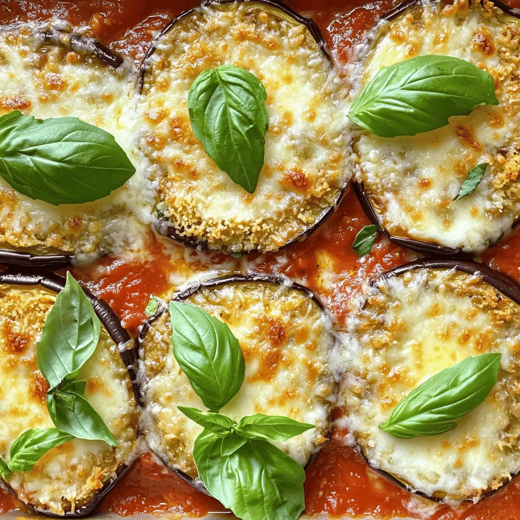 For Baked Eggplant Parmesan, you need these simple ingredients: - 2 large eggplants, sliced into 1/4-inch rounds - 1 teaspoon salt - 1 cup all-purpose flour - 3 large eggs, beaten - 1 cup breadcrumbs (preferably Italian seasoned) - 2 cups marinara sauce - 2 cups shredded mozzarella cheese - 1 cup grated Parmesan cheese - 1 tablespoon olive oil - 1 teaspoon dried basil - 1 teaspoon dried oregano - Fresh basil leaves, for garnish These ingredients come together to create a dish full of flavor and comfort. If you can't find an ingredient, don't worry! Here are some easy swaps: - Eggplants: Zucchini works well as a substitute. - Breadcrumbs: You can use crushed crackers or panko for a crunchier texture. - Marinara sauce: Try using store-bought pasta sauce or homemade tomato sauce. - Mozzarella cheese: Swap it for provolone or a dairy-free cheese if needed. - Parmesan cheese: Nutritional yeast can replace Parmesan for a vegan option. These substitutions keep your dish tasty and fun! Choosing the right eggplant is key for the best results. Here’s how to pick a good one: - Look for firm, shiny skin. It should feel heavy for its size. - Check for a smooth surface without bruises or blemishes. - Choose eggplants that have a vibrant color. Deep purple is a good sign. - Smaller eggplants often taste sweeter and are less bitter. These tips will help you select the best eggplants for your Baked Eggplant Parmesan. Enjoy the cooking process and savor your delicious meal! First, we need to prep the eggplant. Start by slicing two large eggplants into 1/4-inch rounds. This size helps the eggplant bake evenly. Next, sprinkle one teaspoon of salt over the slices. Let them sit in a colander for about 30 minutes. This draws out excess moisture and bitterness. After 30 minutes, rinse the slices under cold water. Pat them dry with paper towels. This step is key for crispiness. Now, let’s set up a breading station. You will need three bowls. Fill the first bowl with one cup of all-purpose flour. In the second bowl, beat three large eggs. The third bowl should have one cup of breadcrumbs, preferably Italian seasoned. This mix gives great flavor. Take each eggplant slice and dip it into the flour, coating it lightly. Next, dip it into the beaten eggs. Finally, roll it in the breadcrumbs. Place the breaded slices on a baking sheet. This process builds a crunchy crust. Once the eggplant is breaded, it’s time to layer for baking. Preheat your oven to 375°F (190°C). Start by spreading a layer of marinara sauce on the bottom of a baking dish. Place a layer of baked eggplant slices on top. Next, sprinkle with mozzarella and Parmesan cheese. Add a pinch of dried basil and oregano for extra flavor. Repeat these layers until all ingredients are used. Finish with a generous layer of mozzarella and Parmesan on top. This layering creates a delicious, melty dish. For the complete cooking instructions, check the Full Recipe. To get your eggplant crispy, start by salting it. This draws out water and helps reduce bitterness. After 30 minutes, rinse and dry the slices. Next, bread your eggplant well. Use a mix of flour, egg, and seasoned breadcrumbs. Make sure to coat each piece evenly. Drizzle olive oil on the breaded slices before baking. This step adds flavor and crunch. Finally, bake at 375°F (190°C) until golden brown. Flip halfway for even cooking. To make Baked Eggplant Parmesan healthier, use less cheese. You can reduce the mozzarella and Parmesan by half. Use whole wheat breadcrumbs instead of white ones. This will add fiber and nutrients. Adding more veggies in the layers can also help. Try using spinach or zucchini along with the eggplant. These changes keep the dish tasty while lowering calories. You can boost the flavor of Baked Eggplant Parmesan easily. Add fresh herbs like thyme or rosemary to the marinara sauce. A splash of balsamic vinegar gives a nice tang. For a spicy kick, add red pepper flakes to the breading. You can also mix in some garlic powder for extra depth. Experiment with different cheeses, like provolone or fontina. These tweaks create a richer taste that everyone will love. {{image_2}} You can make a vegan version of baked eggplant parmesan. Instead of eggs, use aquafaba. Aquafaba is the liquid from canned chickpeas. It works great as a binder. For cheese, try cashew cheese or nutritional yeast. These give a cheesy taste without dairy. You can still layer it with marinara sauce and baked eggplant. This dish stays tasty and enjoyable, even without animal products. If you need a gluten-free option, substitute the flour and breadcrumbs. Use gluten-free flour and gluten-free breadcrumbs. Almond flour or ground oats are good choices too. They add a nice crunch. Just follow the same steps in the recipe. The dish will still be flavorful and delicious. You can enjoy baked eggplant parmesan without worrying about gluten. Want to add a Mediterranean flair? Mix it up with different herbs and veggies. Add sliced olives or roasted red peppers for extra flavor. You can also use feta cheese instead of Parmesan. It adds a nice tang to the dish. Don’t forget to include some fresh herbs like oregano or thyme. This twist will help you explore new flavors in a classic dish. To store leftover baked eggplant parmesan, let it cool first. Then, place it in an airtight container. You can keep it in the fridge for up to three days. Make sure the lid is tight to keep it fresh. When you're ready to enjoy your leftovers, preheat your oven to 350°F (175°C). Place the eggplant parmesan in an oven-safe dish. Cover it with foil to prevent it from drying out. Heat for about 20-25 minutes, or until it’s hot throughout. You can also use a microwave, but the oven keeps it crispy. You can freeze baked eggplant parmesan for later meals. First, let it cool completely. Cut it into portions for easy serving. Wrap each piece tightly in plastic wrap, then place them in a freezer bag. It can last up to three months in the freezer. When you're ready to eat, thaw it overnight in the fridge before reheating. Enjoy this dish anytime with these simple steps! For the full recipe, check out the details above. Yes, you can prep Baked Eggplant Parmesan ahead of time. Just follow the recipe until the baking step. Once you layer the eggplant with sauce and cheese, cover it with foil. Keep it in the fridge for up to 24 hours. When ready to bake, just pop it in the oven. This makes it easy for a busy weeknight or a dinner party. Baked Eggplant Parmesan pairs well with many sides. Here are some great options: - A fresh green salad with vinaigrette - Garlic bread or Italian bread - Steamed vegetables like broccoli or green beans - Pasta tossed in olive oil and herbs These sides balance the meal and add extra flavor. To make great marinara sauce, start with fresh ingredients. Here’s a simple recipe: - 2 tablespoons olive oil - 1 can (28 ounces) crushed tomatoes - 4 cloves garlic, minced - 1 teaspoon sugar - 1 teaspoon dried basil - 1 teaspoon dried oregano - Salt and pepper to taste Heat olive oil in a pot. Add garlic and sauté for one minute. Then, add crushed tomatoes. Stir in sugar, basil, oregano, salt, and pepper. Let it simmer for about 20 minutes. This sauce is rich and perfect for your Baked Eggplant Parmesan. For the full recipe, check the detailed cooking instructions. Baked Eggplant Parmesan is a simple dish. It starts with prepping the eggplant. First, slice the eggplants into 1/4-inch rounds. Sprinkle salt on the slices. Let them sit for 30 minutes in a colander. This draws out excess moisture. After that, rinse the slices and pat them dry. Next, set up a breading station. You will need three bowls. Fill one with flour, another with beaten eggs, and the last with breadcrumbs. Take each eggplant slice and dip it in the flour first. Then dip it in the egg, and finally coat it in breadcrumbs. Place the breaded slices on a baking sheet. Drizzle olive oil over the breaded slices. Bake them at 375°F for 25 to 30 minutes. Flip them halfway through. They should be golden brown and crispy. Now, it’s time to layer the dish. In a baking dish, spread marinara sauce on the bottom. Add a layer of baked eggplant slices. Then, sprinkle mozzarella and Parmesan cheese on top. Add some dried basil and oregano. Repeat these layers until you use all the ingredients. Finish with mozzarella and Parmesan on top. Bake in the oven again for another 25 to 30 minutes. Wait for the cheese to become bubbly and golden. After baking, let it cool for a few minutes. Slice and serve with fresh basil leaves on top. This dish serves six people. Each serving has about 300 calories. It contains 15 grams of fat and 35 grams of carbs. You also get 12 grams of protein from the cheese and eggs. Eggplant adds fiber and vitamins too. This dish is a great mix of flavors and nutrients. You can enjoy Baked Eggplant Parmesan in many ways. Serve it with a simple green salad. A side of crusty bread pairs well too. For a heartier meal, serve it with pasta. You might also want to add a glass of red wine. This dish is warm and inviting, perfect for family gatherings or dinner parties. Check out the Full Recipe for more details! This post covered making baked eggplant Parmesan, from ingredients to storage tips. You learned how to choose the best eggplants, prep them, and create a great breading station. We discussed variations to suit different diets, too. In the end, this dish offers flavor and comfort, fitting for anyone. Enjoy exploring your options and taste the joy of cooking!