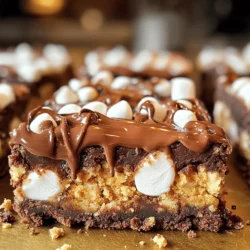 To make S'mores Brownie Bars, you need the right ingredients. Here’s a complete list: - 1 cup unsalted butter, melted - 2 cups granulated sugar - 4 large eggs - 1 teaspoon vanilla extract - 1 cup all-purpose flour - 1 cup unsweetened cocoa powder - ½ teaspoon baking powder - ½ teaspoon salt - 1 cup semi-sweet chocolate chips - 1 cup mini marshmallows - 1 cup graham cracker crumbs - ½ cup additional mini marshmallows for topping When it comes to optional swaps, you can use coconut oil instead of butter for a dairy-free version. You can also swap granulated sugar with brown sugar for a richer flavor. If you want a gluten-free treat, try almond flour in place of all-purpose flour. These swaps help you customize your bars to fit your needs. For the full recipe, check out the details above. 1. Preheat the Oven: Start by preheating your oven to 350°F (175°C). Grease a 9x13-inch baking dish with a little butter or line it with parchment paper. This step helps the bars come out easily. 2. Mix Wet Ingredients: In a large bowl, combine 1 cup of melted butter with 2 cups of granulated sugar. Whisk until the mixture is smooth. Next, add 4 large eggs, one at a time, and mix well. Finally, stir in 1 teaspoon of vanilla extract. 3. Combine Dry Ingredients: In a separate bowl, whisk together 1 cup of all-purpose flour, 1 cup of unsweetened cocoa powder, ½ teaspoon of baking powder, and ½ teaspoon of salt. Gradually add these dry ingredients to the wet mixture. Mix until just combined. Then, fold in 1 cup of semi-sweet chocolate chips. 1. Pour and Spread the Batter: Pour the brownie batter into the prepared baking dish. Use a spatula to spread it evenly across the pan. 2. Bake and Monitor Baking Time: Place the dish in the oven and bake for 25 to 30 minutes. To check if they are done, insert a toothpick into the center. It should come out with a few moist crumbs, not wet batter. 1. Timing for Adding Marshmallows: Remove the baking dish from the oven. Immediately sprinkle 1 cup of mini marshmallows over the top of the brownies. This adds that special S'mores touch. 2. Cooling Process Before Slicing: Return the dish to the oven and bake for an additional 5 to 7 minutes. You want the marshmallows to be gooey and slightly toasted. After baking, let the bars cool in the pan for at least 15 to 20 minutes. This cooling time makes slicing much easier. To get the best texture for your brownie bars, follow these tips: - Use room temperature eggs. This helps them mix well. - Do not overmix the batter. Stir until just combined. - Bake at the right temperature. A hot oven helps them rise. To avoid overbaking, watch the time closely. Start checking at 25 minutes. Insert a toothpick in the center. If it comes out with a few moist crumbs, they are ready. For a beautiful presentation, serve the bars warm. Drizzle chocolate sauce on top for extra fun. Add crushed graham crackers for a nice touch. You can also pair these bars with ice cream or whipped cream. The cold cream contrasts well with the warm bars. You can change the flavor by adding different mix-ins. Try peanut butter chips or toffee bits for a twist. You can also use flavored marshmallows for a fun surprise. Feel free to top your bars with nuts, coconut, or fresh berries. Get creative with your toppings to make each batch unique. For the full recipe, check the detailed steps above. {{image_2}} You can change the recipe for S'mores Brownie Bars to suit your needs. If you want gluten-free bars, swap the all-purpose flour for a gluten-free blend. This will keep the same great taste. For a vegan version, replace the butter with coconut oil. Use flax eggs instead of regular eggs. Mix one tablespoon of ground flaxseed with three tablespoons of water for each egg. This will give you a nice texture without the eggs. Want to mix things up? Try adding mint extract to the batter for a fresh flavor. Peanut butter can also add a creamy twist. Just swirl it in before baking. For a rich caramel taste, drizzle caramel sauce over the batter. Seasonal ideas are fun too! In fall, add pumpkin spice for a cozy touch. In summer, mix in fresh berries for a fruity kick. These changes keep your S'mores Brownie Bars exciting all year round. Make your S'mores Brownie Bars extra special for holidays. For Halloween, use orange and black sprinkles on top. For Christmas, add red and green candies. These small touches make a big impact. You can also use fun shapes. Cut the bars into hearts for Valentine's Day. Layer them in a clear cup to show off the layers. People love seeing the gooey marshmallows and chocolate. These ideas make your S'mores Brownie Bars a treat for the eyes too! To keep your S'mores Brownie Bars fresh, store them in an airtight container. This helps prevent them from drying out. You can line the container with parchment paper for easy removal. Keep them at room temperature for up to four days. If you want them to last longer, put them in the fridge. You can freeze these brownie bars for future treats! First, cut them into squares. Wrap each square tightly in plastic wrap. Then, place them in a freezer-safe bag. They can stay in the freezer for up to three months. When you want to enjoy one, take it out and let it thaw in the fridge. For the best texture, warm it in the microwave for a few seconds before serving. Can I use different types of chocolate? Yes, you can use dark, milk, or even white chocolate. Each type gives a unique taste. Dark chocolate adds richness while milk chocolate makes it sweeter. Feel free to mix them too for fun flavors! How long will these bars last? These bars will stay fresh for about a week when stored in an airtight container. You can also refrigerate them to keep them fresh longer. Just remember to let them warm up before serving! What to do if they turn out dry? If your bars come out dry, check your baking time. Baking too long can dry them out. You can also add a bit of melted chocolate or a scoop of ice cream to help with moisture. Adjusting sweetness levels If the bars are too sweet, reduce the sugar next time. You can also use dark chocolate, which is less sweet. Balancing the sweetness will give you that perfect bite! Can I substitute butter with oil? Yes, you can use oil instead of butter. About ¾ cup of oil works well. The texture might change a bit, but they will still taste great! What can I use instead of eggs? If you need an egg substitute, try using applesauce or mashed bananas. Use ¼ cup for each egg. This will keep your bars moist and delicious without eggs! For the complete recipe, check the Full Recipe section. You’ve learned how to make S'mores Brownie Bars from scratch. We covered every step, from ingredients to baking and storage. Remember, choose flavors and toppings that excite you. Don’t hesitate to experiment with swaps or variations. The possibilities are endless, and you can enjoy delicious results. With proper storage, these bars stay fresh for later. So, gather your ingredients and start baking! Enjoy the sweet rewards of your effort.