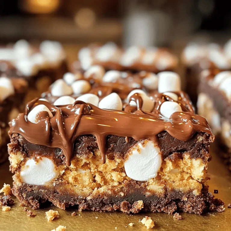 To make S'mores Brownie Bars, you need the right ingredients. Here’s a complete list: - 1 cup unsalted butter, melted - 2 cups granulated sugar - 4 large eggs - 1 teaspoon vanilla extract - 1 cup all-purpose flour - 1 cup unsweetened cocoa powder - ½ teaspoon baking powder - ½ teaspoon salt - 1 cup semi-sweet chocolate chips - 1 cup mini marshmallows - 1 cup graham cracker crumbs - ½ cup additional mini marshmallows for topping When it comes to optional swaps, you can use coconut oil instead of butter for a dairy-free version. You can also swap granulated sugar with brown sugar for a richer flavor. If you want a gluten-free treat, try almond flour in place of all-purpose flour. These swaps help you customize your bars to fit your needs. For the full recipe, check out the details above. 1. Preheat the Oven: Start by preheating your oven to 350°F (175°C). Grease a 9x13-inch baking dish with a little butter or line it with parchment paper. This step helps the bars come out easily. 2. Mix Wet Ingredients: In a large bowl, combine 1 cup of melted butter with 2 cups of granulated sugar. Whisk until the mixture is smooth. Next, add 4 large eggs, one at a time, and mix well. Finally, stir in 1 teaspoon of vanilla extract. 3. Combine Dry Ingredients: In a separate bowl, whisk together 1 cup of all-purpose flour, 1 cup of unsweetened cocoa powder, ½ teaspoon of baking powder, and ½ teaspoon of salt. Gradually add these dry ingredients to the wet mixture. Mix until just combined. Then, fold in 1 cup of semi-sweet chocolate chips. 1. Pour and Spread the Batter: Pour the brownie batter into the prepared baking dish. Use a spatula to spread it evenly across the pan. 2. Bake and Monitor Baking Time: Place the dish in the oven and bake for 25 to 30 minutes. To check if they are done, insert a toothpick into the center. It should come out with a few moist crumbs, not wet batter. 1. Timing for Adding Marshmallows: Remove the baking dish from the oven. Immediately sprinkle 1 cup of mini marshmallows over the top of the brownies. This adds that special S'mores touch. 2. Cooling Process Before Slicing: Return the dish to the oven and bake for an additional 5 to 7 minutes. You want the marshmallows to be gooey and slightly toasted. After baking, let the bars cool in the pan for at least 15 to 20 minutes. This cooling time makes slicing much easier. To get the best texture for your brownie bars, follow these tips: - Use room temperature eggs. This helps them mix well. - Do not overmix the batter. Stir until just combined. - Bake at the right temperature. A hot oven helps them rise. To avoid overbaking, watch the time closely. Start checking at 25 minutes. Insert a toothpick in the center. If it comes out with a few moist crumbs, they are ready. For a beautiful presentation, serve the bars warm. Drizzle chocolate sauce on top for extra fun. Add crushed graham crackers for a nice touch. You can also pair these bars with ice cream or whipped cream. The cold cream contrasts well with the warm bars. You can change the flavor by adding different mix-ins. Try peanut butter chips or toffee bits for a twist. You can also use flavored marshmallows for a fun surprise. Feel free to top your bars with nuts, coconut, or fresh berries. Get creative with your toppings to make each batch unique. For the full recipe, check the detailed steps above. {{image_2}} You can change the recipe for S'mores Brownie Bars to suit your needs. If you want gluten-free bars, swap the all-purpose flour for a gluten-free blend. This will keep the same great taste. For a vegan version, replace the butter with coconut oil. Use flax eggs instead of regular eggs. Mix one tablespoon of ground flaxseed with three tablespoons of water for each egg. This will give you a nice texture without the eggs. Want to mix things up? Try adding mint extract to the batter for a fresh flavor. Peanut butter can also add a creamy twist. Just swirl it in before baking. For a rich caramel taste, drizzle caramel sauce over the batter. Seasonal ideas are fun too! In fall, add pumpkin spice for a cozy touch. In summer, mix in fresh berries for a fruity kick. These changes keep your S'mores Brownie Bars exciting all year round. Make your S'mores Brownie Bars extra special for holidays. For Halloween, use orange and black sprinkles on top. For Christmas, add red and green candies. These small touches make a big impact. You can also use fun shapes. Cut the bars into hearts for Valentine's Day. Layer them in a clear cup to show off the layers. People love seeing the gooey marshmallows and chocolate. These ideas make your S'mores Brownie Bars a treat for the eyes too! To keep your S'mores Brownie Bars fresh, store them in an airtight container. This helps prevent them from drying out. You can line the container with parchment paper for easy removal. Keep them at room temperature for up to four days. If you want them to last longer, put them in the fridge. You can freeze these brownie bars for future treats! First, cut them into squares. Wrap each square tightly in plastic wrap. Then, place them in a freezer-safe bag. They can stay in the freezer for up to three months. When you want to enjoy one, take it out and let it thaw in the fridge. For the best texture, warm it in the microwave for a few seconds before serving. Can I use different types of chocolate? Yes, you can use dark, milk, or even white chocolate. Each type gives a unique taste. Dark chocolate adds richness while milk chocolate makes it sweeter. Feel free to mix them too for fun flavors! How long will these bars last? These bars will stay fresh for about a week when stored in an airtight container. You can also refrigerate them to keep them fresh longer. Just remember to let them warm up before serving! What to do if they turn out dry? If your bars come out dry, check your baking time. Baking too long can dry them out. You can also add a bit of melted chocolate or a scoop of ice cream to help with moisture. Adjusting sweetness levels If the bars are too sweet, reduce the sugar next time. You can also use dark chocolate, which is less sweet. Balancing the sweetness will give you that perfect bite! Can I substitute butter with oil? Yes, you can use oil instead of butter. About ¾ cup of oil works well. The texture might change a bit, but they will still taste great! What can I use instead of eggs? If you need an egg substitute, try using applesauce or mashed bananas. Use ¼ cup for each egg. This will keep your bars moist and delicious without eggs! For the complete recipe, check the Full Recipe section. You’ve learned how to make S'mores Brownie Bars from scratch. We covered every step, from ingredients to baking and storage. Remember, choose flavors and toppings that excite you. Don’t hesitate to experiment with swaps or variations. The possibilities are endless, and you can enjoy delicious results. With proper storage, these bars stay fresh for later. So, gather your ingredients and start baking! Enjoy the sweet rewards of your effort.