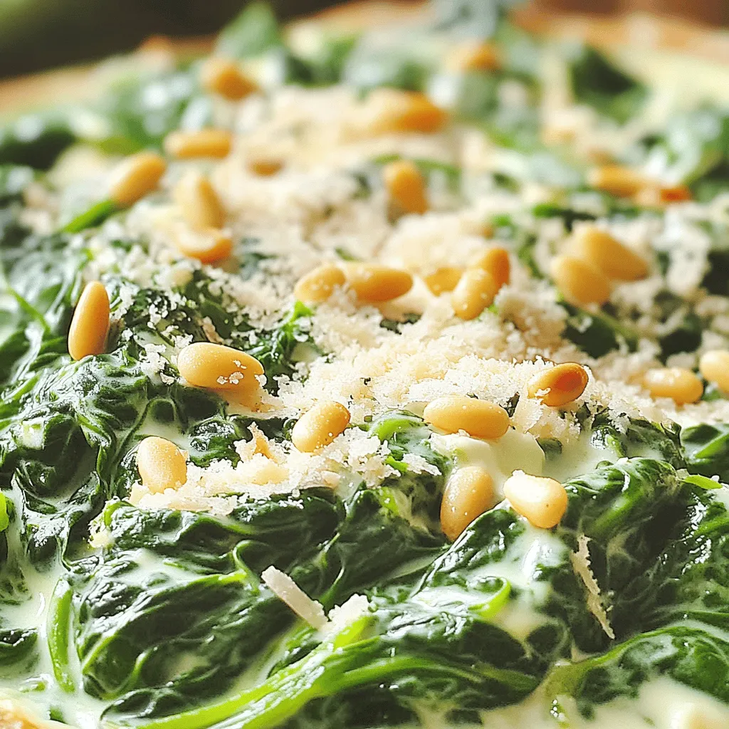 To make skillet creamed spinach, you need fresh, simple ingredients that create a creamy, flavorful dish. Here’s what you will need: - 1 lb fresh spinach, rinsed and roughly chopped - 2 tablespoons olive oil - 3 cloves garlic, minced - 1 small onion, finely chopped - 1 cup heavy cream - ½ cup cream cheese, softened - ½ cup grated Parmesan cheese - ¼ teaspoon nutmeg - Salt and pepper to taste - ¼ cup toasted pine nuts (for garnish) Each ingredient plays a key role in making this dish delicious. The fresh spinach brings a green, vibrant flavor. Olive oil adds richness and helps cook the garlic and onion. Garlic and onion provide a savory base that enhances the overall taste. Heavy cream and cream cheese create a smooth, creamy texture. Parmesan cheese adds a salty, umami kick. Nutmeg brings warmth and depth. Finally, toasted pine nuts give a delightful crunch when you serve it. For the full recipe, refer to the section above. First, heat the olive oil in a large skillet over medium heat. This will create a nice base for your dish. Next, add the minced garlic and finely chopped onion. Sauté them for about 3-4 minutes. You want the onion to turn translucent and fragrant. Now it’s time to cook the spinach. Gradually add the chopped spinach to the skillet. Stir often as the spinach wilts down. This step takes about 5 minutes. You’ll notice the volume decreases as it cooks. Once the spinach is wilted, reduce the heat to low. Stir in the heavy cream and cream cheese. Allow the cream cheese to melt fully. This creates a smooth, creamy texture that enriches the spinach. Next, mix in the grated Parmesan cheese and nutmeg. Stir until everything is well combined and creamy. Taste your dish and season with salt and pepper as needed. Adjust it to your liking. Let the mixture simmer gently for an additional 3-4 minutes. This allows all the flavors to meld together. Once done, remove from the heat. Top it off with toasted pine nuts for a crunchy finish before serving. For the full recipe, refer to the list above. Enjoy your creamy and flavorful delight! - Optimal heat settings: Start with medium heat. This helps the garlic and onion cook evenly. Too high a heat can burn the garlic. - Timing tips for aromatics: Sauté the garlic and onion for 3-4 minutes. Wait until the onion turns translucent. This brings out their best flavors. - Tricks to prevent curdling: Always lower the heat before adding cream. This helps keep it smooth. Stir slowly to ensure even mixing. - Choosing the right cream: Use heavy cream for the best results. It adds richness and helps the sauce stay creamy. - Adding herbs or spices: Nutmeg adds warmth and depth. You can also try adding thyme or basil for fresh flavor. - Adjusting for dietary preferences: For a lighter option, use half-and-half instead of heavy cream. This keeps it tasty while cutting calories. {{image_2}} You can switch up the greens in this dish. Instead of spinach, try kale or Swiss chard. These greens offer a similar texture and flavor. You can even use a mix of greens for a fun twist. For a dairy-free version, replace cream and cheese with nut-based alternatives. Coconut cream works great and adds a unique flavor. Adding bacon or ham can give your creamed spinach a savory kick. Cook the meat first, then mix it in. You could also use different cheeses for added depth. Try gouda or feta instead of Parmesan. Each cheese brings its own flavor, making the dish exciting. Skillet creamed spinach pairs well with many proteins. Serve it alongside grilled chicken or steak for a complete meal. You can also enjoy it as a side dish with roasted fish. For a more casual meal, serve it with crusty bread for dipping. This creamy delight fits any occasion! Don’t forget to check out the Full Recipe for more details! To keep your skillet creamed spinach fresh, store it in an airtight container. Place it in the fridge right after it cools down. It should stay good for about three to five days. If you want to keep it longer, consider freezing it. Use a freezer-safe bag or container. It can last up to three months in the freezer. When you reheat creamed spinach, the goal is to keep it creamy. For stovetop reheating, use a medium-low heat. Stir often to prevent sticking. Add a splash of cream if it seems thick. If you use a microwave, heat it in short bursts of 30 seconds. Stir in between to ensure even heating. The shelf life of creamed spinach varies by storage method. In the fridge, expect it to last about three to five days. In the freezer, it can last up to three months. Always check for signs of spoilage. If it smells off or has an unusual texture, it’s best to toss it. Creamed spinach is a rich side dish made with cooked spinach, cream, and cheese. People often serve it with steak or chicken. It has a creamy texture and a savory flavor. This dish is classic in American cuisine, especially during holidays and family dinners. Many enjoy its smoothness paired with meats or as part of a larger spread. Yes, you can use frozen spinach! Frozen spinach is convenient and saves time. It is often pre-washed and chopped. However, it has some downsides. Frozen spinach can be a bit watery when thawed. This extra moisture may change the dish's texture. You must squeeze out the water after thawing. Fresh spinach has a brighter taste and better texture, but frozen can work well in a pinch. To make creamed spinach gluten-free, you need to check your ingredients. Most of the main ingredients are gluten-free, which is great! Just ensure any added seasonings or cheeses are gluten-free. You can use cornstarch or rice flour to thicken the dish, if needed. This way, you can enjoy the creamy goodness without worry! For the full recipe, check out the [Full Recipe]. This blog post covered how to make a tasty creamed spinach dish. We started with the key ingredients and detailed steps for cooking. I shared tips to ensure creaminess and flavor, along with creative variations for more fun. Proper storage and reheating techniques help maintain quality. Remember, cooking should be enjoyable. Experiment with flavors and find what you love. A dish simple in nature can easily wow your guests! Enjoy making your own creamed spinach and feel free to customize it to your tastes.
