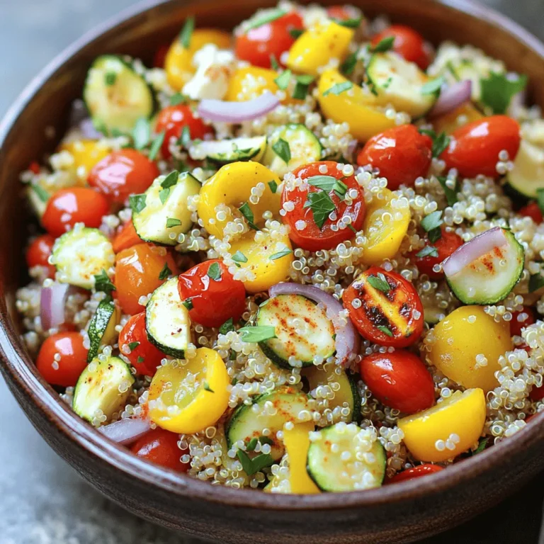 - 1 cup quinoa, rinsed - 2 cups vegetable broth or water - 1 red bell pepper, chopped - 1 yellow zucchini, diced - 1 cup cherry tomatoes, halved - 1 red onion, diced - 2 tablespoons olive oil - 1 teaspoon garlic powder - 1/2 teaspoon smoked paprika - Salt and pepper to taste Quinoa is the star of this dish. It is high in protein and fiber. It cooks up fluffy and adds a nice texture. Fresh vegetables make it colorful and tasty. I love using bell pepper, zucchini, and cherry tomatoes. They roast well and bring out their natural sweetness. Red onion adds a nice bite. You will need olive oil to help the veggies roast nicely. Garlic powder and smoked paprika add great flavor. Salt and pepper are a must for seasoning. - 1/4 cup fresh parsley, chopped - 1/4 cup feta cheese (optional) Fresh parsley brings a bright touch to the salad. You can add feta cheese for a rich, creamy flavor. It’s not needed but makes the dish feel special. Each serving has around 250 calories. It offers protein, fiber, and healthy fats. You will get plenty of vitamins from the veggies, too. This dish is perfect for a healthy meal. It is filling and satisfying without being heavy. Enjoy it warm or cold. It’s a great choice for lunch or dinner. For the full recipe, check out the detailed instructions above. Preheating your oven to 425°F (220°C) is key. The right temperature helps the vegetables roast perfectly. This high heat brings out their natural sweetness and creates a lovely texture. A well-preheated oven ensures even cooking and reduces cooking time. Rinse 1 cup of quinoa under cold water. This step removes any bitter taste. In a medium saucepan, mix the rinsed quinoa with 2 cups of vegetable broth or water. Bring this to a boil, then lower the heat. Cover and let it simmer for about 15 minutes. When done, the quinoa should be fluffy and the liquid absorbed. Set it aside to cool. On a large baking sheet, toss the chopped red bell pepper, diced yellow zucchini, halved cherry tomatoes, and diced red onion with 2 tablespoons of olive oil. Add 1 teaspoon of garlic powder, 1/2 teaspoon of smoked paprika, and season with salt and pepper. Spread the veggies evenly on the sheet. Roast them for 20-25 minutes. Stir halfway through to ensure even roasting. This step gives the vegetables a nice caramelization that boosts their flavor. In a large bowl, mix the cooked quinoa with the roasted vegetables. Gently fold them together to keep the quinoa fluffy. This combination makes a beautiful medley of colors and flavors. Add 1/4 cup of chopped fresh parsley for a pop of color and flavor. If you like, sprinkle in 1/4 cup of feta cheese for richness. You can enjoy the salad warm or let it cool. This salad looks great on a plate and tastes even better. For the full recipe, check out the ingredients and instructions above. To avoid mushy quinoa, start by rinsing it well. Rinsing removes the saponins that can make quinoa taste bitter. Use a fine-mesh strainer for best results. After rinsing, cook the quinoa in two cups of vegetable broth or water for every cup of quinoa. Bring it to a boil, then reduce the heat to low. Cover and let it simmer for about 15 minutes. When done, fluff it with a fork. This method gives you light and fluffy quinoa every time. Roasting vegetables can bring out their sweet flavors. To get that perfect caramelization, cut your veggies into similar sizes. This helps them cook evenly. Toss the chopped veggies with olive oil, salt, and spices before roasting. Spread them out on the baking sheet. Avoid crowding the pan, as this can lead to steaming instead of roasting. Roast at 425°F for 20-25 minutes. Stir them halfway through for even cooking. To boost the flavor of your salad, try adding spices like cumin or chili powder. A splash of lemon juice or balsamic vinegar adds brightness. You can also mix in fresh herbs like basil or cilantro for a fresh taste. If you want a creamy touch, sprinkle feta cheese on top. For a vegan option, skip the cheese or use a plant-based alternative. These small tweaks can take your salad from good to great. Don't forget to check the full recipe for detailed steps! {{image_2}} You can boost your Roasted Vegetable Quinoa Salad by adding protein. Chicken is a great choice. Simply grill or roast it, then chop it into bite-sized pieces. Mix it in with the quinoa and veggies for a heartier meal. Chickpeas are another excellent option. They add texture and flavor. Use canned chickpeas for ease. Just rinse and toss them in. Beans, like black beans or kidney beans, also work well. They add a nice, creamy touch. Just drain and rinse them before adding to the salad. These options make the dish more filling and nutritious. The best part about this salad is how flexible it is. You can swap vegetables based on the season. In spring, try asparagus or fresh peas. They add a crisp, bright taste. Summer is perfect for using corn or eggplant. Their sweetness pairs well with quinoa. In fall, roasted carrots and Brussels sprouts shine. Their earthy flavors add warmth. Winter calls for root veggies like sweet potatoes or parsnips. They bring heartiness to the dish. Feel free to mix and match to keep things exciting! If you follow a vegan diet, simply skip the feta cheese. You can replace it with avocado for creaminess. This keeps your salad rich without dairy. For gluten-free needs, quinoa is already a safe grain. Just make sure any added ingredients, like broth, are gluten-free. This ensures everyone can enjoy this delicious dish without worry. Adapting the recipe to fit your needs makes it even more enjoyable. Each variation brings new flavors and textures to your table. To keep your roasted vegetable quinoa salad fresh, store it in an airtight container. This helps prevent moisture loss and keeps flavors intact. You can place it in the fridge for up to four days. If you want to enjoy it later, avoid adding fresh herbs or cheese until you serve it. This keeps everything looking and tasting great. You can freeze your quinoa salad for longer storage. First, let it cool completely. Then, place it in a freezer-safe container or bag. Make sure to remove as much air as possible to prevent freezer burn. It can stay frozen for up to three months. When you're ready to eat it, move it to the fridge to thaw overnight. To reheat your quinoa salad, use the microwave or stovetop. If using a microwave, warm it in short bursts of 30 seconds. Stir in between to ensure even heating. On the stovetop, add a splash of water and heat on low. This keeps the texture nice and fluffy. Avoid reheating it too long, as this can make the quinoa mushy. Enjoy your meal! The Roasted Vegetable Quinoa Salad lasts about 3 to 5 days in the fridge. To keep it fresh, store it in an airtight container. This helps prevent moisture and keeps the flavors intact. Always check for smell or color changes before eating. If something seems off, it's best to throw it away. You can serve this salad warm or cold. If you prefer a warm dish, enjoy it right after mixing. For a refreshing option, let it cool to room temperature. It tastes great either way, so choose what you like best. If you want a substitute for quinoa, try brown rice, farro, or bulgur. Each option brings a unique texture and flavor. You can also use cauliflower rice for a low-carb alternative. Just make sure to adjust cooking times based on the grain you choose. Yes, this salad is gluten-free. Quinoa is a gluten-free grain, making it safe for those with gluten sensitivities. However, check the labels on any added ingredients, like feta cheese, to ensure they are also gluten-free. Yes, you can make this salad ahead of time. It’s perfect for meal prep! Prepare the quinoa and roasted vegetables in advance. Mix them together the day you plan to serve. This helps the flavors blend nicely, making it tastier. This blog post covered how to make a tasty roasted vegetable quinoa salad. We talked about main and optional ingredients, plus their nutritional value. I shared step-by-step instructions to ensure you achieve the best flavor. Tips and tricks helped you cook quinoa perfectly and enhance flavors. We also explored variations and how to store leftovers. In the end, this salad is not just yummy; it fits many diets. Enjoy making it your own!