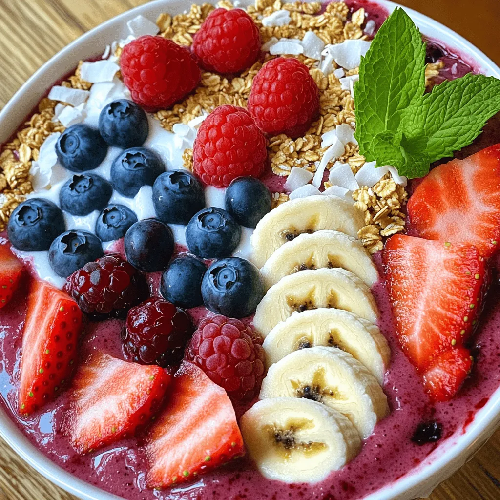 To create a tasty berry smoothie bowl, use these main ingredients: - 1 cup frozen mixed berries (strawberries, blueberries, raspberries) - 1 banana, sliced - 1/2 cup Greek yogurt (or any dairy-free yogurt) - 1/2 cup almond milk (or any milk of choice) - 2 tablespoons chia seeds These ingredients give your smoothie bowl a smooth and creamy base. The frozen berries add a chill, while the banana brings sweetness and texture. Greek yogurt packs in protein, making it filling and nutritious. Chia seeds offer fiber and healthy fats, boosting the health factor. Toppings make your smoothie bowl fun and tasty. Here are some great options: - Fresh berries - Sliced banana - Granola - Coconut flakes - Mint leaves Add fresh berries and sliced banana for extra flavor and color. Granola gives a nice crunch. Coconut flakes add a tropical twist. Mint leaves not only look pretty but also add a refreshing taste. If you prefer a sweeter bowl, consider these sweeteners: - 1 tablespoon honey - 1 tablespoon maple syrup Both honey and maple syrup work well to enhance sweetness. Adjust the amount based on your taste. You can skip sweeteners if you like your smoothie bowl naturally sweet from the fruits. For the full recipe, check out the Berry Bliss Smoothie Bowl. To start your berry smoothie bowl, gather all your ingredients. You need: - 1 cup frozen mixed berries (strawberries, blueberries, raspberries) - 1 banana, sliced - 1/2 cup Greek yogurt (or any dairy-free yogurt) - 1/2 cup almond milk (or any milk of choice) - 2 tablespoons chia seeds - 1 tablespoon honey or maple syrup (optional) In a blender, combine the frozen mixed berries, sliced banana, Greek yogurt, almond milk, chia seeds, and honey if you want some extra sweetness. Make sure all the ingredients fit well in your blender. Now, blend everything together. Start on low speed. This helps mix the ingredients without splattering. Gradually increase to high speed. Blend until the mixture is smooth and creamy. If it seems too thick, add a little more almond milk. Blend again until you reach your desired texture. Once the smoothie base is ready, pour it into a bowl. Now comes the fun part: toppings! You can use fresh berries, sliced banana, granola, and coconut flakes. Arrange them nicely on top of the smoothie. For a bright touch, add mint leaves. This makes your bowl look fresh and inviting. Enjoy your delicious berry smoothie bowl right away! For the full recipe, check out the details above. To get that creamy, dreamy texture in your berry smoothie bowl, start with frozen fruit. Frozen mixed berries give a thick base. If you want it thicker, add less milk. For a thinner mix, add more almond milk. Blend well until it's smooth. Sometimes, stopping to scrape the sides helps. This makes sure all the fruit gets blended. You can easily change the recipe to fit your needs. If you are dairy-free, use coconut yogurt instead of Greek yogurt. For nut-free options, choose oat milk or rice milk. If you want a lower-carb option, skip the banana and add avocado. This keeps the creaminess but cuts the sugar. To boost nutrition, add a scoop of protein powder or spinach. Both blend well without changing the taste. Chia seeds are great for fiber and omega-3s, so keep those in your mix. You can also top your bowl with nuts or seeds for extra crunch and health benefits. These small changes can add big health rewards. For the full recipe, check out the Berry Bliss Smoothie Bowl! {{image_2}} You can mix and match berries to create your own flavor. Try strawberries, blueberries, and blackberries for a sweet treat. Or, combine raspberries and strawberries for a tart twist. Each berry adds its own taste and nutrition. Mixing different berries also gives you a colorful bowl! If you have nut allergies, use oat milk or coconut milk instead of almond milk. For a creamy base, try coconut yogurt or soy yogurt. Both options keep your smoothie bowl tasty and smooth, without nuts or dairy. You won't miss the creaminess at all. Add seasonal fruits to keep your bowl fresh and exciting. In summer, throw in peaches or cherries for sweetness. In fall, try apples or pears for a cozy flavor. This way, your smoothie bowl changes with the seasons, making it fun to enjoy all year long. For the full recipe, check out the Berry Bliss Smoothie Bowl. If you have leftover smoothie bowl, store it in an airtight container. Keep it in the fridge. It stays fresh for up to 24 hours. When ready to eat, stir it well. If it seems thick, add a splash of almond milk. This helps bring back the creamy texture. You can freeze smoothie ingredients for later use. Portion your mixed berries and banana slices into freezer bags. This keeps them fresh for about three months. When ready to make a smoothie bowl, just grab a bag. It saves time and reduces waste. You can blend frozen fruits directly without thawing. A prepared berry smoothie bowl tastes best when eaten fresh. However, if stored properly, it lasts up to one day in the fridge. The toppings may get soggy over time. For best results, add toppings right before serving. This keeps your bowl looking and tasting great. For a tasty berry smoothie bowl, check out the Full Recipe! Berry smoothie bowls are packed with vitamins and minerals. They are rich in antioxidants, which help fight free radicals. Berries boost your immune system and improve heart health. The yogurt adds protein and calcium, which are good for bones. Chia seeds provide healthy fats and fiber, keeping you full. This bowl is a tasty way to eat healthy. Yes, you can use fresh berries! Fresh berries will give your smoothie bowl a lighter texture. If you prefer a cooler bowl, you can freeze the fresh berries first. Just blend them until smooth. The taste will still be great, but the texture may be different. To make your smoothie bowl vegan, use dairy-free yogurt and plant-based milk. Almond milk or oat milk works well. Skip the honey and use maple syrup instead if you want sweetener. This way, you can enjoy a delicious bowl that fits a vegan diet. Serve your smoothie bowl in a wide, shallow bowl. This makes it easy to add toppings. Use a spoon to scoop out the smoothie. Arrange toppings in a colorful way for a pretty look. You can add fresh fruit, granola, or nuts on top. You can customize your smoothie bowl in many ways! Change the type of berries you use. Add spinach for a green boost or nut butter for creaminess. Try different toppings like seeds, nuts, or even dark chocolate. Mix and match to find your perfect flavor. For the full recipe, check out the Berry Bliss Smoothie Bowl. You learned about making delicious berry smoothie bowls from ingredients to storage. Remember, choosing the right berries and toppings can boost taste and health benefits. Don’t hesitate to experiment with different textures and flavors to find your perfect blend. With these tips, you can create a beautiful, nutritious dish for any time of day. Enjoy every bite and share your creations with others!