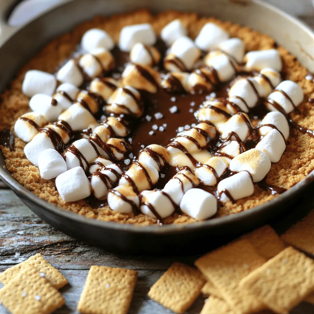 For the best s'mores dip, you need quality chocolate and marshmallows. I use: - 1 cup semi-sweet chocolate chips - 1 cup mini marshmallows The chocolate chips melt well and give a rich flavor. Mini marshmallows are perfect for that gooey topping. They toast nicely under heat and add sweetness. The crust holds everything together. It's simple to make. For the crust, gather: - ½ cup graham cracker crumbs - ¼ cup butter, melted - 1 teaspoon vanilla extract - Pinch of sea salt Mix the crumbs with melted butter, vanilla, and salt. This mix gives a nice, crunchy base. You can get creative with your dip. Here are some fun ideas: - Extra graham crackers for serving - Optional: chocolate sauce for drizzling Adding chocolate sauce on top boosts flavor. Extra graham crackers help scoop the warm dip. These extras make sharing more fun! For the full recipe, check out the [Full Recipe]. Start by preheating your oven to 450°F (230°C). This high heat helps the marshmallows brown nicely. While the oven heats up, grab a 9-inch skillet or a baking dish. Make sure it is clean and dry. This dish will hold your tasty S'mores dip. In a medium bowl, mix ½ cup of graham cracker crumbs with ¼ cup of melted butter. Add a pinch of sea salt to enhance the flavor. Stir until the crumbs look like wet sand. This helps the crust stick together. Next, press the mixture evenly into the bottom of your skillet or baking dish. Make sure it is flat and compact. Now, it's time to add the fun stuff! First, sprinkle 1 cup of semi-sweet chocolate chips evenly over the crust. Try to cover every spot for a rich taste. Then, pour 1 cup of mini marshmallows over the chocolate. Spread them out evenly. This way, each bite gets that gooey marshmallow goodness. Carefully place the skillet or baking dish in the preheated oven. Bake for about 5-7 minutes. Watch closely as the marshmallows turn golden brown and the chocolate melts. When done, remove it from the oven and let it cool for a couple of minutes. This will make it easier to serve. You can drizzle some chocolate sauce on top for extra flavor. Serve it warm with extra graham crackers for dipping. Enjoy! For the full recipe, check out the details above! To get that perfect golden marshmallow top, watch your oven closely. Bake at 450°F (230°C) for just 5-7 minutes. The heat will toast the marshmallows fast. Look for them to turn a lovely golden brown. This color shows that they are fluffy and warm inside. If you bake too long, they may burn. Keep an eye on them. You want that delicious toasted taste! Serve your S'mores Dip warm and gooey. Use extra graham crackers for dipping. You can also offer fruit like strawberries or bananas. These add a fresh touch to the sweet dip. For a fun twist, drizzle chocolate sauce over the top. This extra chocolate makes it even more tempting. Don't forget to keep spoons handy for easy scooping! You can tweak the ingredients to fit your taste. Use dark chocolate for a richer flavor. If you like it sweeter, try milk chocolate instead. Want a nutty flavor? Add crushed nuts on top before baking. For a twist, add peanut butter or caramel. Adjust the marshmallows too; mini or regular both work well. With these changes, your S'mores Dip will be just how you like it! For the full recipe, check out the details above. {{image_2}} You can switch up the chocolate for other flavors. Try using white chocolate for a sweet twist. Butterscotch chips give a fun, caramel-like taste. Peanut butter chips add a nutty flavor that many love. Mix and match your favorites for a new taste each time. Get creative with add-ins. Chopped nuts add crunch and flavor. Use crushed candy bars for a fun surprise. Try adding pretzel pieces for a salty crunch. You can even fold in some mini peanut butter cups for a rich treat. These add-ins can make your dip unique. Change the dip for seasons or holidays. For fall, add pumpkin spice to the chocolate layer. In winter, try peppermint extract for a cool flavor. For summer, mix in fresh berries for a fruity touch. You can even make a Halloween version with candy corn on top. These twists make your dip special for any occasion. For the full recipe, check the details above. After enjoying your s'mores dip, store any leftovers in an airtight container. Make sure to let it cool first to avoid condensation. You can keep it in the fridge for up to three days. If you want to keep it longer, freeze it in a freezer-safe container. Just remember to wrap it well. To reheat your s'mores dip, you have a few options. The best way is to use the oven. Preheat your oven to 350°F (175°C). Place the leftovers in an oven-safe dish. Heat for about 10-15 minutes until it’s warm and gooey again. You can also use the microwave. Heat in short bursts, stirring in between, until hot. For the best taste, eat your s'mores dip within three days when stored in the fridge. If frozen, it can last up to two months. Just make sure to label the container with the date. This way, you'll know when to enjoy it for the best flavor. Yes, you can make S'mores Dip ahead of time. Prepare the dip, but do not bake it. Cover the dish tightly and store it in the fridge. When you're ready to enjoy, bake it as directed. This method saves time and keeps your dip fresh. If you don’t have graham crackers, use these options: - Digestive biscuits - Vanilla wafers - Shortbread cookies These substitutes work well and still give a great crunch. To prevent burning, keep a close eye on the dip while it bakes. Bake at a lower temperature, like 400°F (200°C). You can also cover the dip with aluminum foil for part of the baking time. Remove the foil towards the end to get a nice golden top. Absolutely! You can use various chocolates, such as: - Milk chocolate - Dark chocolate - White chocolate Mix and match to create your favorite flavors. Each type will give a unique taste to your S'mores Dip. Remember, the Full Recipe is adaptable to your preferences! S'mores dip is a fun, easy treat to make at home. We covered the right ingredients, from chocolate to crust, and optional add-ins. You learned step-by-step instructions for baking and achieving a golden marshmallow top. I shared tips for serving and customizing flavors. Whether you make it for a party or just for fun, this dish brings joy. Store leftovers well, and you can enjoy it later. Let your creativity shine with variations to make each batch unique! Give it a try, and you won’t be disappointed!