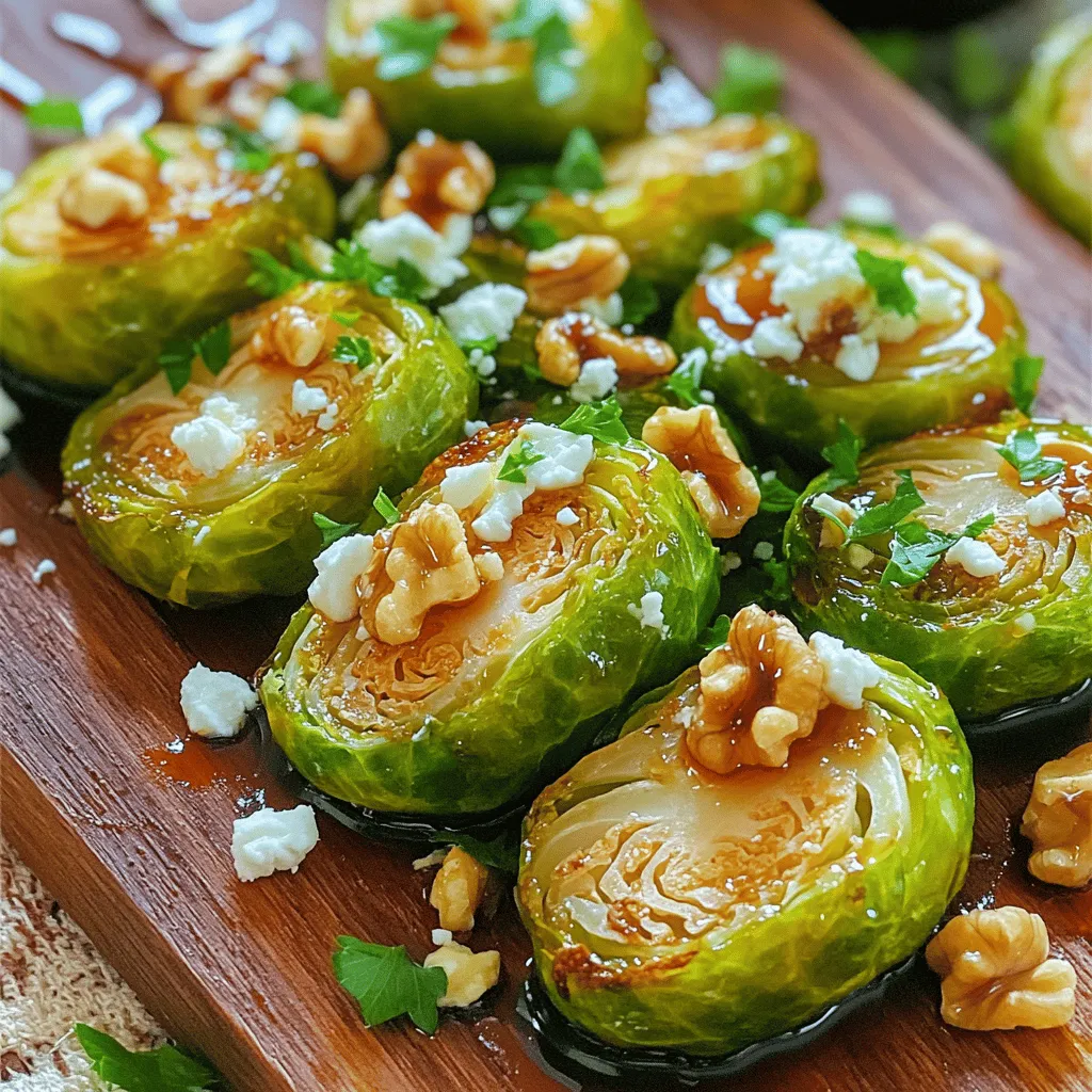 To make this tasty side dish, gather these key ingredients: - 1 pound Brussels sprouts, halved - 3 tablespoons balsamic vinegar - 2 tablespoons honey or maple syrup - 2 tablespoons olive oil - 1 teaspoon garlic powder - Salt and pepper to taste These ingredients work together to create rich flavors. The balsamic vinegar adds sweetness and depth. Honey or maple syrup balances the tanginess. Olive oil helps the sprouts roast nicely. Garlic powder boosts the overall taste. You can also add extra ingredients to make your dish even better. Consider these options: - 1/4 cup chopped walnuts (for crunch) - 1/4 cup crumbled feta cheese (for tang) - Fresh parsley, chopped (for garnish) These add-ins provide texture and flavor. Walnuts give a nice crunch, while feta adds a creamy tang. Fresh parsley brightens up the dish with color and taste. Balsamic Glazed Brussels Sprouts are not only delicious but also healthy. Here’s a quick look at their benefits: - Low in calories and high in fiber - Packed with vitamins C and K - Contains antioxidants that support health This dish fits well into many diets. It can be a great addition to meals. If you want to know the full recipe, check out the [Full Recipe]. Enjoy cooking! To start, choose fresh Brussels sprouts. Look for bright green ones with tight leaves. Cut off the ends and remove any yellow leaves. Next, slice each sprout in half. This helps them cook evenly and soak up the flavor. In a large bowl, mix the halved sprouts with olive oil, garlic powder, salt, and pepper. Make sure every piece is coated well. This will give your sprouts a tasty base. Preheat your oven to 400°F (200°C). This temperature helps create a nice caramelization. Line a baking sheet with parchment paper for easy cleanup. Spread the Brussels sprouts on the baking sheet in a single layer. Avoid stacking them. This allows hot air to circulate and cook them evenly. Roast for 20 minutes, shaking the pan halfway through. This step helps them brown well on all sides. While the sprouts roast, combine balsamic vinegar and honey (or maple syrup) in a small bowl. This mix will become your glaze. After the first 20 minutes, take the sprouts out of the oven. Drizzle the balsamic mixture over them. Toss to coat every sprout well. Return them to the oven for another 10-15 minutes. They should be caramelized and tender when done. If you want extra crunch, add chopped walnuts during the last 5 minutes of roasting. Once out of the oven, let them cool a bit. For a special touch, sprinkle crumbled feta cheese and chopped parsley on top. Enjoy your Balsamic Glazed Brussels Sprouts! For the complete recipe, check the [Full Recipe]. When picking Brussels sprouts, look for small, firm ones. They should be bright green and tightly closed. Avoid any that are yellowing or have brown spots. Fresh sprouts should feel heavy for their size. If you can, choose sprouts that still have their stems. This keeps them fresh longer. Many people overcook Brussels sprouts. This makes them mushy and bitter. Aim for a nice caramelization without burning. Always coat them evenly with oil and seasonings. Forgetting to toss them halfway through roasting can lead to uneven cooking. Lastly, don’t skip the balsamic glaze; it adds great flavor. These Brussels sprouts taste great on their own or as a side dish. Serve them with grilled chicken or fish for a tasty meal. You can also add them to a salad for crunch and flavor. Try them with quinoa or rice for a hearty, healthy dish. For extra flair, top them with crumbled feta or walnuts. These options create a delightful mix of tastes and textures. Check out the Full Recipe for more tips! {{image_2}} If you want to try a different sweetener, there are great options. You can use maple syrup for a rich taste. Agave nectar is another choice for a lighter flavor. Brown sugar brings a nice caramel note too. Each sweetener adds its own twist to the glaze. Choose one that you like best! You can add more fun to your Brussels sprouts. Try adding bacon bits for a savory crunch. You might also like adding apples for a sweet touch. If you prefer, substitute walnuts with pecans or almonds for a different nutty flavor. Crumbled blue cheese can also replace feta for a tangy kick. Mix and match to find your favorite combo! Balsamic glazed Brussels sprouts are versatile. They pair well with chicken, beef, or fish. You can also serve them with grains like quinoa or brown rice. This adds more fiber and makes the meal heartier. Experiment with different proteins or grains to create a balanced dish. The sprouts will shine no matter what you choose! For the full recipe, check the detailed instructions and tips to make this side dish a delight! To keep your Balsamic Glazed Brussels Sprouts fresh, place them in an airtight container. Make sure the sprouts cool down before sealing. This step helps prevent moisture buildup. Store them in the fridge for up to three days. If you want to keep them longer, freezing is a great option. When you're ready to enjoy your leftovers, reheat them in the oven. Preheat your oven to 350°F (175°C). Spread the Brussels sprouts on a baking sheet. Heat for about 10-15 minutes until they are warm and crispy again. If you prefer, you can also use a microwave, but the oven gives better results. If you want to freeze your Balsamic Glazed Brussels Sprouts, first cool them completely. Place them on a baking sheet in a single layer and freeze for about two hours. This step stops them from clumping together. After they are frozen, transfer the sprouts to a freezer bag or container. They can last up to three months in the freezer. When you are ready to eat them, thaw in the fridge overnight before reheating. For full details on making this dish, check the Full Recipe. To make Balsamic Glazed Brussels Sprouts vegan, simply swap honey for maple syrup. Use olive oil as your base, which is already vegan. This change keeps the dish sweet and tasty without any animal products. Yes, you can prepare Brussels sprouts ahead of time. Wash and halve them, then store them in the fridge. You can also mix the oil and spices in advance. Just keep the balsamic glaze separate until you are ready to roast. This way, your dish stays fresh and flavorful. Balsamic Glazed Brussels Sprouts pair well with many dishes. Try them with roasted chicken or grilled fish for a balanced meal. They also complement pasta dishes or quinoa bowls nicely. For a vegetarian option, serve with a hearty grain salad. You can find the full recipe and more tips to enhance your meal! This blog post covered the essentials for making balsamic glazed Brussels sprouts. We explored key ingredients, followed step-by-step instructions, and shared tips for success. I also discussed variations and how to store leftovers properly. In summary, you now have the tools to create a tasty dish that fits your needs. Enjoy your cooking and feel free to customize the recipe! Your perfect Brussels sprouts await.