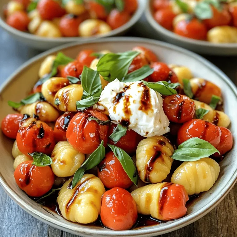 - 1 pound gnocchi (store-bought or homemade) - 2 cups cherry tomatoes, halved - 3 cloves garlic, minced - 8 ounces burrata cheese - 1 cup fresh basil, torn Gnocchi is a fun and light pasta. You can buy it at the store or make it from scratch. Cherry tomatoes give the dish a sweet burst of flavor. The garlic adds depth, while burrata brings creaminess. Finally, fresh basil adds a lovely aroma and color. - 1 teaspoon red pepper flakes (optional) - 2 tablespoons balsamic glaze (optional) Red pepper flakes bring a little heat if you like spice. Balsamic glaze adds a sweet and tangy finish. You can use both or skip them based on your taste! - Salt and pepper to taste - 2 tablespoons olive oil for sautéing Salt and pepper are key for flavor. Olive oil helps cook the garlic and tomatoes. It gives everything a nice, smooth finish. Using good-quality olive oil can enhance the dish even more. This combination of ingredients makes a simple yet rich meal. For the full recipe, check out the details above! To start, bring a large pot of salted water to a boil. Use enough salt to make the water taste like the sea. Once boiling, add the gnocchi. Cook it until the gnocchi floats, usually around 2-3 minutes. This means it is ready! Drain the gnocchi and set it aside. Next, heat 2 tablespoons of olive oil in a large skillet over medium heat. Add 3 minced garlic cloves and, if you like spice, 1 teaspoon of red pepper flakes. Sauté for about 30 seconds until you smell the garlic. Now, add 2 cups of halved cherry tomatoes to the skillet. Season with salt and pepper. Cook for about 5-7 minutes. Stir often until the tomatoes soften and juice flows out. Now it’s time to mix everything. Take the cooked gnocchi and gently toss it into the skillet with the tomato mixture. Stir it all together so the gnocchi gets coated in the sauce. Heat everything through for another 2 minutes. Finally, remove the skillet from the heat. Fold in 1 cup of torn fresh basil. Serve the dish onto plates and top each serving with 8 ounces of burrata cheese. This cheese will melt into the gnocchi, adding a creamy touch. Enjoy this simple delight! For the full recipe, check out [Full Recipe]. To cook gnocchi, boil salted water in a large pot. Once boiling, add the gnocchi. They are done when they float to the top, usually in 2-3 minutes. Drain them well before adding to the sauce. To enhance tomato flavors, use fresh, ripe cherry tomatoes. Sauté them until they burst and release their juices. Add salt and pepper while cooking for more depth. A splash of balsamic glaze at the end adds sweetness. Serve the gnocchi in shallow bowls. This lets the creamy burrata shine on top. Add torn basil leaves for a pop of color. A drizzle of balsamic glaze completes the dish beautifully. For sides, pair this dish with a light salad. A crisp green salad with lemon dressing works well. A chilled glass of white wine also complements the flavors. For added flavor, sprinkle in some fresh herbs. Basil and oregano work well with tomatoes. A pinch of crushed red pepper adds heat; adjust it to taste based on your preference. If you want to switch up the cheese, try using fresh mozzarella or ricotta instead of burrata. Both bring a lovely creaminess that pairs nicely with the gnocchi. For the full recipe, see the 30 Minute Tomato Gnocchi with Burrata. {{image_2}} You can easily swap gnocchi for other pasta types like penne or fusilli. Each shape will give a new twist to your dish. Try using cheese like ricotta or feta instead of burrata. These cheeses add unique flavors and textures to your meal. Use seasonal vegetables to change the taste. In spring, add asparagus or peas. In fall, consider roasted squash or kale. Adjust the recipe for summer by using fresh corn or zucchini. These changes keep the dish fresh and exciting all year. For a vegan option, replace burrata with cashew cheese or a tofu mix. This keeps the dish creamy and satisfying. If you need gluten-free gnocchi, look for brands made from potato or rice flour. These options make this tasty dish accessible to everyone. For the full recipe, check out the details above. Store any leftovers in an airtight container. This keeps out air and moisture. Let the gnocchi cool before sealing the container. This helps maintain freshness. Keep it in the fridge for up to three days. Reheat it in a pan with a splash of water. This brings back its soft texture. Yes, you can freeze tomato gnocchi. First, let it cool completely. Then, place it in a freezer-safe container. Be sure to label it with the date. It can last for up to three months. To thaw, move it to the fridge overnight. Reheat it in a skillet to warm it up. In the fridge, the dish lasts about three days. If you notice any off smells, it’s best to toss it. Look for changes in texture or color. These signs mean it has gone bad. Always trust your senses when it comes to food safety. Enjoy your delicious meal without worry! What is gnocchi traditionally made from? Gnocchi is usually made from potatoes, flour, and eggs. This mix gives it a soft, fluffy texture. Some recipes use ricotta or different flours, but the classic version is potato-based. This adds great flavor and makes it filling. Can I use store-bought gnocchi? Yes, you can use store-bought gnocchi. It saves time and is convenient. Just follow the package instructions for cooking. Fresh or frozen gnocchi will work well in this recipe. Both options will taste great and make your meal easy to prepare. How do I know when gnocchi is done cooking? Gnocchi is done when it floats in the boiling water. This usually takes about 2-3 minutes. When it rises, it is light and airy, ready to drain. Don’t overcook, as it can get mushy. Can I add more vegetables to the dish? Absolutely! You can add veggies like spinach, zucchini, or bell peppers. Just sauté them with the garlic before adding tomatoes. This will add color and nutrition to your meal. Feel free to mix and match based on your favorites. What wine goes well with this dish? A light white wine pairs well, like Pinot Grigio or Sauvignon Blanc. These wines enhance the flavors without overpowering them. If you prefer red, try a light Chianti. These options will complement the tomato and burrata nicely. How can I make it more filling? To make it heartier, add a protein like grilled chicken or shrimp. You can also serve it with a side salad or crusty bread. This adds more texture and balance to your meal. For a veggie boost, consider a side of roasted seasonal veggies. For the full recipe, check out the complete instructions and tips! In this blog post, we explored how to make a delicious gnocchi dish with fresh cherry tomatoes and creamy burrata cheese. We covered the main ingredients, optional add-ons, and tips for cooking and serving. Remember, you can customize this recipe with seasonal veggies or different cheeses. Enjoy making this easy, flavorful meal. It’s perfect for any occasion and will impress anyone who tastes it. Happy cooking!