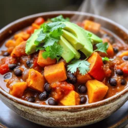 - 2 medium sweet potatoes, peeled and diced - 1 can (15 oz) black beans, drained and rinsed - 1 can (14.5 oz) diced tomatoes (with juices) - 1 medium onion, diced - 2 cloves garlic, minced - 2 tablespoons olive oil - 2 teaspoons ground cumin - 1 teaspoon smoked paprika - 1 teaspoon chili powder - ½ teaspoon cayenne pepper (adjust to taste) - Fresh cilantro, chopped - Avocado slices (for topping, optional) - Suggested sides: crusty bread or tortilla chips Sweet potatoes bring a natural sweetness to this chili. They also add a nice texture. Black beans provide a hearty touch and are packed with protein. The diced tomatoes add moisture and flavor, making each bite delicious. Onions and garlic give a strong base flavor that blends well. The spices elevate this dish. Olive oil helps cook the onions and garlic evenly. Ground cumin has a warm, earthy taste. Smoked paprika adds a lovely depth. Chili powder gives warmth, while cayenne adds heat. Adjust the cayenne to fit your taste. For garnish, fresh cilantro adds brightness. Avocado slices add creaminess and richness. You can serve this chili with crusty bread or tortilla chips. Both are great for dipping and adding texture. Use the [Full Recipe] for detailed cooking steps and tips to create this savory sweet potato black bean chili. - Heat 2 tablespoons of olive oil in a large pot over medium heat. - Add 1 medium diced onion and sauté for 3-4 minutes until it's soft. - Next, stir in 2 minced garlic cloves and cook for 1 minute. - Add 1 diced red bell pepper and 1 diced green bell pepper. Sauté for 5 minutes. - Now, incorporate 2 medium diced sweet potatoes into the mix. - Sprinkle in 2 teaspoons ground cumin, 1 teaspoon smoked paprika, 1 teaspoon chili powder, and ½ teaspoon cayenne pepper. Stir well to mix in the spices. - Pour in 1 can of diced tomatoes (with juices) and 2 cups of vegetable broth. - Bring the mix to a gentle boil. - Once boiling, reduce the heat to low and cover the pot. - Let the chili simmer for 25-30 minutes until the sweet potatoes are tender. - In the last few minutes, stir in 1 can of black beans that you've drained and rinsed. - Ladle the chili into bowls. - Garnish with fresh chopped cilantro and avocado slices if you like. - For a fun twist, serve with crusty bread or tortilla chips on the side. For the full recipe, you can refer to the details above. - To get the right texture for sweet potatoes, cut them into even pieces. - Adjust spice levels by adding cayenne pepper bit by bit. - Stir occasionally to prevent sticking at the bottom of the pot. - Choose firm sweet potatoes that are free of blemishes. - Store fresh herbs in water or wrap them in damp paper towels. - Substitute black beans with chickpeas for a different flavor. - Add cumin or oregano to deepen the flavor of the chili. - Try using pinto or kidney beans for variety in texture. - Top with fresh cilantro or avocado for added creaminess. For the full recipe, check out the detailed instructions above. {{image_2}} You can easily adapt this chili recipe to fit various diets. Here are some ideas: - Vegan alternatives for garnishes: Instead of sour cream, use cashew cream or a dollop of guacamole. Both add a creamy touch without dairy. - Gluten-free options: This chili is naturally gluten-free. Just ensure your broth and spices are certified gluten-free. - Low-carb modifications: Swap sweet potatoes for cauliflower. It gives a similar texture but with fewer carbs. Feel free to tweak the flavors to match your taste. Here are some ways to do that: - Adding more heat with jalapeños: Slice and add fresh jalapeños while cooking. This will kick up the spice level. - Incorporating other vegetables: Try adding corn, zucchini, or carrots for extra color and nutrition. They blend well with the other veggies. - Sweet vs. savory variations: For a sweeter chili, add a spoon of maple syrup or a splash of orange juice. It balances the spices nicely. How you serve the chili can change the meal completely. Here are some fun ideas: - Chili served over rice or quinoa: This adds a hearty base and makes the meal more filling. - Chili fries concept with baked potatoes: Scoop the chili over baked potatoes or sweet potato fries. Top with cheese or avocado for a tasty twist. - Chili as a filling for tacos or burritos: Use the chili as a filling. Add cheese, lettuce, or salsa for a fun and portable meal. For more details on the main recipe, check the Full Recipe. Enjoy experimenting with these variations! To keep your chili fresh, let it cool first. Store it in an airtight container. I recommend glass containers for better flavor retention. You can store it in the fridge for up to five days. Be sure to label your container with the date. Freezing your chili is a great idea for long-term storage. First, let the chili cool completely. Then, portion it into freezer-safe bags or containers. Remove as much air as possible to prevent freezer burn. You can freeze it for up to three months. When you're ready to enjoy it, thaw the chili in the fridge overnight. You can also thaw it in the microwave on a defrost setting. For the best flavor, reheat chili on the stovetop. Pour it into a pot and heat over medium heat. Stir often to avoid sticking. If using a microwave, place it in a microwave-safe bowl. Heat in short bursts, stirring in between. To keep the texture intact, add a splash of vegetable broth. This helps revive the chili's consistency. If the flavors seem dull, add a pinch of salt or a squeeze of lime juice. This simple trick brightens the taste after storage. - How long does Sweet Potato Black Bean Chili last in the fridge? This chili stays fresh for up to five days in the fridge. Store it in an airtight container for best results. - Can I use canned sweet potatoes instead? You can use canned sweet potatoes, but they may make the chili softer. Fresh sweet potatoes hold their shape better and offer more flavor. - What are the health benefits of sweet potatoes? Sweet potatoes are packed with vitamins A and C. They are high in fiber, which helps digestion. Plus, they have antioxidants that boost health. - Can I make this chili in a slow cooker? Yes, you can make this chili in a slow cooker. Cook on low for 6-8 hours for the best flavor. - What can I substitute for black beans? You can use kidney beans, pinto beans, or chickpeas. Each option gives a unique taste and texture. - Does the chili taste better the next day? Yes, flavors meld together overnight. The next day, you might find it even tastier. - How do I thicken the chili if it's too watery? If your chili is too watery, you can let it simmer longer. Add a cornstarch slurry or some mashed sweet potatoes for thickness. - What are the signs of undercooked sweet potatoes? Under-cooked sweet potatoes will be hard and crunchy. They should be fork-tender when fully cooked. - Can I add meat to this chili recipe? Yes, you can add ground beef, turkey, or chicken. Brown the meat first before adding the other ingredients. For the full recipe, check out the Spicy Sweet Potato Black Bean Chili recipe. This Sweet Potato Black Bean Chili recipe combines delicious flavors with easy steps. You learned how to prepare it, from selecting fresh ingredients to creative garnishes. I shared tips for cooking and storing leftovers, ensuring your meal stays tasty. Whether you're looking for a quick dinner or something to impress guests, this chili delivers. Remember, you can customize it to suit your taste. Enjoy making this dish, and taste the warmth with every bite!