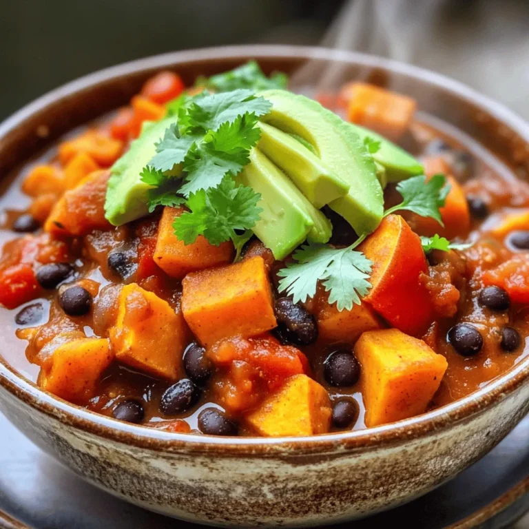 - 2 medium sweet potatoes, peeled and diced - 1 can (15 oz) black beans, drained and rinsed - 1 can (14.5 oz) diced tomatoes (with juices) - 1 medium onion, diced - 2 cloves garlic, minced - 2 tablespoons olive oil - 2 teaspoons ground cumin - 1 teaspoon smoked paprika - 1 teaspoon chili powder - ½ teaspoon cayenne pepper (adjust to taste) - Fresh cilantro, chopped - Avocado slices (for topping, optional) - Suggested sides: crusty bread or tortilla chips Sweet potatoes bring a natural sweetness to this chili. They also add a nice texture. Black beans provide a hearty touch and are packed with protein. The diced tomatoes add moisture and flavor, making each bite delicious. Onions and garlic give a strong base flavor that blends well. The spices elevate this dish. Olive oil helps cook the onions and garlic evenly. Ground cumin has a warm, earthy taste. Smoked paprika adds a lovely depth. Chili powder gives warmth, while cayenne adds heat. Adjust the cayenne to fit your taste. For garnish, fresh cilantro adds brightness. Avocado slices add creaminess and richness. You can serve this chili with crusty bread or tortilla chips. Both are great for dipping and adding texture. Use the [Full Recipe] for detailed cooking steps and tips to create this savory sweet potato black bean chili. - Heat 2 tablespoons of olive oil in a large pot over medium heat. - Add 1 medium diced onion and sauté for 3-4 minutes until it's soft. - Next, stir in 2 minced garlic cloves and cook for 1 minute. - Add 1 diced red bell pepper and 1 diced green bell pepper. Sauté for 5 minutes. - Now, incorporate 2 medium diced sweet potatoes into the mix. - Sprinkle in 2 teaspoons ground cumin, 1 teaspoon smoked paprika, 1 teaspoon chili powder, and ½ teaspoon cayenne pepper. Stir well to mix in the spices. - Pour in 1 can of diced tomatoes (with juices) and 2 cups of vegetable broth. - Bring the mix to a gentle boil. - Once boiling, reduce the heat to low and cover the pot. - Let the chili simmer for 25-30 minutes until the sweet potatoes are tender. - In the last few minutes, stir in 1 can of black beans that you've drained and rinsed. - Ladle the chili into bowls. - Garnish with fresh chopped cilantro and avocado slices if you like. - For a fun twist, serve with crusty bread or tortilla chips on the side. For the full recipe, you can refer to the details above. - To get the right texture for sweet potatoes, cut them into even pieces. - Adjust spice levels by adding cayenne pepper bit by bit. - Stir occasionally to prevent sticking at the bottom of the pot. - Choose firm sweet potatoes that are free of blemishes. - Store fresh herbs in water or wrap them in damp paper towels. - Substitute black beans with chickpeas for a different flavor. - Add cumin or oregano to deepen the flavor of the chili. - Try using pinto or kidney beans for variety in texture. - Top with fresh cilantro or avocado for added creaminess. For the full recipe, check out the detailed instructions above. {{image_2}} You can easily adapt this chili recipe to fit various diets. Here are some ideas: - Vegan alternatives for garnishes: Instead of sour cream, use cashew cream or a dollop of guacamole. Both add a creamy touch without dairy. - Gluten-free options: This chili is naturally gluten-free. Just ensure your broth and spices are certified gluten-free. - Low-carb modifications: Swap sweet potatoes for cauliflower. It gives a similar texture but with fewer carbs. Feel free to tweak the flavors to match your taste. Here are some ways to do that: - Adding more heat with jalapeños: Slice and add fresh jalapeños while cooking. This will kick up the spice level. - Incorporating other vegetables: Try adding corn, zucchini, or carrots for extra color and nutrition. They blend well with the other veggies. - Sweet vs. savory variations: For a sweeter chili, add a spoon of maple syrup or a splash of orange juice. It balances the spices nicely. How you serve the chili can change the meal completely. Here are some fun ideas: - Chili served over rice or quinoa: This adds a hearty base and makes the meal more filling. - Chili fries concept with baked potatoes: Scoop the chili over baked potatoes or sweet potato fries. Top with cheese or avocado for a tasty twist. - Chili as a filling for tacos or burritos: Use the chili as a filling. Add cheese, lettuce, or salsa for a fun and portable meal. For more details on the main recipe, check the Full Recipe. Enjoy experimenting with these variations! To keep your chili fresh, let it cool first. Store it in an airtight container. I recommend glass containers for better flavor retention. You can store it in the fridge for up to five days. Be sure to label your container with the date. Freezing your chili is a great idea for long-term storage. First, let the chili cool completely. Then, portion it into freezer-safe bags or containers. Remove as much air as possible to prevent freezer burn. You can freeze it for up to three months. When you're ready to enjoy it, thaw the chili in the fridge overnight. You can also thaw it in the microwave on a defrost setting. For the best flavor, reheat chili on the stovetop. Pour it into a pot and heat over medium heat. Stir often to avoid sticking. If using a microwave, place it in a microwave-safe bowl. Heat in short bursts, stirring in between. To keep the texture intact, add a splash of vegetable broth. This helps revive the chili's consistency. If the flavors seem dull, add a pinch of salt or a squeeze of lime juice. This simple trick brightens the taste after storage. - How long does Sweet Potato Black Bean Chili last in the fridge? This chili stays fresh for up to five days in the fridge. Store it in an airtight container for best results. - Can I use canned sweet potatoes instead? You can use canned sweet potatoes, but they may make the chili softer. Fresh sweet potatoes hold their shape better and offer more flavor. - What are the health benefits of sweet potatoes? Sweet potatoes are packed with vitamins A and C. They are high in fiber, which helps digestion. Plus, they have antioxidants that boost health. - Can I make this chili in a slow cooker? Yes, you can make this chili in a slow cooker. Cook on low for 6-8 hours for the best flavor. - What can I substitute for black beans? You can use kidney beans, pinto beans, or chickpeas. Each option gives a unique taste and texture. - Does the chili taste better the next day? Yes, flavors meld together overnight. The next day, you might find it even tastier. - How do I thicken the chili if it's too watery? If your chili is too watery, you can let it simmer longer. Add a cornstarch slurry or some mashed sweet potatoes for thickness. - What are the signs of undercooked sweet potatoes? Under-cooked sweet potatoes will be hard and crunchy. They should be fork-tender when fully cooked. - Can I add meat to this chili recipe? Yes, you can add ground beef, turkey, or chicken. Brown the meat first before adding the other ingredients. For the full recipe, check out the Spicy Sweet Potato Black Bean Chili recipe. This Sweet Potato Black Bean Chili recipe combines delicious flavors with easy steps. You learned how to prepare it, from selecting fresh ingredients to creative garnishes. I shared tips for cooking and storing leftovers, ensuring your meal stays tasty. Whether you're looking for a quick dinner or something to impress guests, this chili delivers. Remember, you can customize it to suit your taste. Enjoy making this dish, and taste the warmth with every bite!