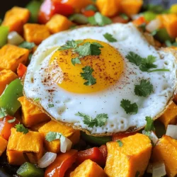 - 2 large sweet potatoes, diced - 1 red bell pepper, diced - 1 green bell pepper, diced - 1 medium onion, chopped - 2 cloves garlic, minced Sweet potatoes are the star of this dish. They add a nice sweetness and texture. Bell peppers bring color and crunch. Onions give a great base flavor, while garlic adds depth. - 1 teaspoon smoked paprika - 1 teaspoon ground cumin - 1/2 teaspoon chili powder - Salt and pepper to taste The spices are key to a flavorful hash. Smoked paprika gives a warm, smoky flavor. Ground cumin adds earthiness, and chili powder gives a hint of heat. Salt and pepper help bring out all the flavors. - 3 tablespoons olive oil - 2 tablespoons fresh cilantro, chopped (for garnish) - 4 eggs (optional, for topping) Olive oil adds richness and helps cook the sweet potatoes. Fresh cilantro adds a burst of freshness as a garnish. Eggs are a tasty topping, making the dish even heartier. This Sweet Potato Hash recipe is a fun and healthy way to start your day. Check out the Full Recipe for all the details! First, peel the sweet potatoes. Use a sharp knife for this task. After peeling, dice the sweet potatoes into small, even cubes. This helps them cook evenly. Once diced, set them aside. Next, heat 3 tablespoons of olive oil in a large skillet over medium heat. The oil will help prevent sticking and add flavor. Now add the diced sweet potatoes to the hot skillet. Sprinkle them with salt and pepper for flavor. Cook the sweet potatoes for about 10 to 15 minutes. Stir occasionally. You want them to become tender and slightly caramelized. Once the sweet potatoes are ready, it’s time to add more veggies. Toss in the chopped onion, red bell pepper, and green bell pepper. Cook these for another 5 to 7 minutes. This will soften the veggies and enhance their flavor. Next, stir in the minced garlic, smoked paprika, ground cumin, and chili powder. These spices bring warmth and depth to the dish. Cook for an additional 2 to 3 minutes. This allows the spices to bloom and coat the vegetables evenly. Check the flavor and add more salt and pepper if needed. If you want to add eggs, this step is for you. In a separate skillet, fry the eggs to your liking. You can cook them sunny-side up or scrambled. When the sweet potato hash is ready, serve it hot. Top each portion with a fried egg. Garnish with fresh cilantro for a burst of flavor. This adds a nice touch to your hearty breakfast. For the complete recipe, check out [Full Recipe]. To get the best texture for your sweet potato hash, start with uniform cubes. Dice the sweet potatoes into small, even pieces. This helps them cook evenly. Aim for about half an inch in size. For cooking, use a large skillet. Heat the olive oil first. Add the sweet potatoes and season with salt and pepper. Cook them for about 10 to 15 minutes. Stir occasionally to avoid sticking. You want them tender and slightly browned. Caramelization gives them a sweet, rich flavor. To take your hash to the next level, think about spices. Smoked paprika adds depth. Ground cumin gives warmth. A pinch of chili powder adds a kick. You can also try adding a dash of cayenne for heat. Fresh herbs can brighten the dish. Try adding chopped cilantro or parsley at the end. You could also mix in some green onions for a fresh, zesty touch. The right tools make a big difference. A non-stick skillet works well for this dish. It helps prevent sticking and makes cleaning easier. Also, a sharp knife is important. It makes dicing sweet potatoes quick and safe. A dull knife can slip and cause cuts. So, always use a sharp knife when preparing your ingredients. For the full recipe, check out Sweet Potato Hash Delight 🥔. {{image_2}} You can easily switch up the protein in your sweet potato hash. For meat lovers, crumbled sausage or crispy bacon adds great flavor. Simply cook the meat in the pan before adding the sweet potatoes. This step allows the hash to soak up the savory drippings. If you're looking for vegetarian options, consider adding tofu or chickpeas. Tofu can be cubed and sautéed until golden. Chickpeas provide a nice crunch and pack a protein punch. Both options keep the dish hearty and filling. Seasonal vegetables can brighten your sweet potato hash. Zucchini, for instance, adds moisture and a soft texture. You can slice it thin and add it when you mix in the bell peppers. Spinach is another great choice. Just fold it in at the end. It wilts quickly and adds vibrant color. For greens, try throwing in kale or Swiss chard. Chopped finely, these leafy greens blend in well. They not only boost nutrition but add a fresh flavor. Sweet potato hash can easily fit various diets. For a gluten-free option, make sure to use gluten-free spices and oils. This way, you keep the flavor without any gluten. If you want to make it vegan, you can replace eggs with mashed avocado or nutritional yeast. Both provide creaminess and depth. Try these options for a satisfying vegan breakfast that everyone will enjoy. You can find the Full Recipe to explore all these tasty variations! To keep your sweet potato hash fresh, place it in an airtight container. Let it cool before sealing. This helps prevent moisture buildup. Store it in the fridge for up to four days. After that, the flavors start to fade. Always check for any odd smells or changes in texture before eating. You have a couple of options for reheating. The microwave is quick and easy. Just put your portion in a bowl and heat for about 1-2 minutes. Stir halfway through to heat evenly. If you prefer a crispy texture, use the stovetop. Heat a skillet over medium heat, add a little oil, and sauté the hash for about 5-7 minutes. This method brings back that fresh-cooked flavor. Freezing is a great way to save extra hash. First, let it cool completely. Then, portion it into freezer-safe bags or containers. Press out any air before sealing. Label with the date for easy tracking. Sweet potato hash can last for about three months in the freezer. When you’re ready to eat, thaw it in the fridge overnight. Reheat on the stovetop for the best taste and texture. Enjoy your delicious meal any time! For the full recipe, check out Sweet Potato Hash Delight. To make sweet potato hash crispy, you need to focus on a few key steps. First, make sure to cut the sweet potatoes into small, even pieces. This helps them cook evenly and become crispy. Second, use enough oil in the pan. Three tablespoons of olive oil is a good amount. This helps the sweet potatoes brown nicely. Cook the sweet potatoes over medium heat. If the heat is too low, they will not crisp up. Let them sit in the pan without stirring for a few minutes. This creates a nice crust. When you do stir, use a spatula to flip them gently. Also, avoid overcrowding the pan. If there are too many pieces, they will steam instead of crisp. Follow these tips, and you will enjoy a crispy sweet potato hash. Yes, you can make sweet potato hash ahead of time. Cook the hash and let it cool completely. Then, store it in an airtight container in the fridge. It will stay fresh for about three to four days. When you are ready to eat, simply reheat it in a skillet or the microwave. For best results, add any eggs or fresh toppings just before serving. This keeps everything tasting fresh. If you want to save time in the morning, prep the ingredients the night before. This way, you can enjoy a warm meal quickly. Sweet potato hash pairs well with many dishes. You can serve it with eggs, such as fried, scrambled, or poached. The runny yolk adds creaminess to each bite. You can also add some avocado slices for a rich texture. For a heartier meal, try serving it with sausage or bacon. These proteins add a savory flavor that balances the sweetness of the potatoes. If you prefer a lighter side, a simple green salad or fruit is also great. The fresh taste of greens or fruits can brighten up the dish. Enjoy your sweet potato hash with any of these options for a complete meal. For more details, check out the Full Recipe. Sweet potato hash is a tasty and flexible dish. We explored its main ingredients, like sweet potatoes, bell peppers, and spices. You learned how to prepare and cook this dish step-by-step, plus tips for great texture and flavor. Variations allow for proteins and veggies, making it versatile for any diet. Proper storage and reheating tips help keep leftovers fresh. With these insights, you're ready to enjoy sweet potato hash any way you like! Make it yours and savor every bite.