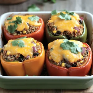 For this tasty dish, you will need: - 4 medium bell peppers (any color) - 1 cup quinoa, rinsed - 2 cups vegetable broth - 1 cup black beans, drained and rinsed - 1 cup corn kernels (fresh or frozen) - 1 small red onion, finely chopped - 2 cloves garlic, minced - 1 teaspoon cumin - 1 teaspoon smoked paprika - ½ teaspoon chili powder - Salt and pepper to taste - ½ cup shredded cheese (cheddar or pepper jack) - Fresh cilantro or parsley for garnish You will need these tools to make the recipe easier: - A medium saucepan for cooking quinoa - A skillet for sautéing veggies - A baking dish for the stuffed peppers - A fork to fluff the quinoa - A knife and cutting board for chopping If you don’t have some ingredients, here are good swaps: - Use brown rice instead of quinoa for a different grain. - Swap black beans for kidney beans or lentils. - Try diced tomatoes instead of corn for extra moisture. - Use any cheese you like; feta or mozzarella can work well. - Fresh herbs like basil or dill can replace cilantro or parsley. Try these substitutes to make the dish your own! First, preheat your oven to 375°F (190°C). This step helps cook the peppers evenly. While the oven heats up, grab four medium bell peppers. You can choose any color you like. Cut the tops off each pepper and remove the seeds and membranes. This makes them ready to stuff. Place the peppers upright in a lightly greased baking dish. This will keep them stable while they cook. Next, it's time to cook the quinoa. In a medium saucepan, bring two cups of vegetable broth to a boil. Once boiling, add one cup of rinsed quinoa. This helps remove any bitterness. Reduce the heat to low, cover the pot, and let it simmer for about 15 minutes. You will know it's done when all the liquid is absorbed. After cooking, remove it from the heat and fluff the quinoa with a fork. While the quinoa cooks, heat a skillet over medium heat. Add a drizzle of olive oil. Then, sauté one small chopped red onion and two minced cloves of garlic for 2-3 minutes. They should soften and become fragrant. Next, add one cup of black beans, one cup of corn, and your cooked quinoa to the skillet. Sprinkle in one teaspoon each of cumin, smoked paprika, and half a teaspoon of chili powder. Mix everything well and let it cook for another 2-3 minutes. Season the mixture with salt and pepper to taste. Now, remove the skillet from the heat and fold in half a cup of shredded cheese. This makes the filling creamy and delicious. Stuff each bell pepper with the quinoa mixture, pressing down gently. Top each pepper with the remaining cheese. Cover the baking dish with foil to avoid burning. Bake for 25 minutes. After that, remove the foil and bake for another 10-15 minutes until the peppers are tender, and the cheese is bubbly. For the full recipe, you can check the initial ingredient list provided above. To make your stuffed bell peppers perfect, start by preheating your oven to 375°F (190°C). This temperature helps cook the peppers evenly. Use a baking dish that fits all the peppers snugly. This keeps them upright and prevents them from tipping over. Cover the dish with foil for the first part of baking. This step traps steam and helps cook the peppers faster. When you stuff the peppers, pack the filling tightly. This ensures every bite is full of flavor. Use a spoon to press down gently. If you have leftover filling, you can bake it in a small dish alongside the peppers. This way, nothing goes to waste. Choose peppers that are firm and have no soft spots. This helps them hold their shape during baking. For gooey, melted cheese on top, use a mix of cheeses. Cheddar and pepper jack work great together. Add half of the cheese to the filling and sprinkle the rest on top before baking. If you like a crispy top, broil the peppers for a few minutes after baking. Watch them closely to avoid burning. For extra flavor, sprinkle some herbs on the cheese before broiling. For the full recipe, refer to the earlier sections. {{image_2}} You can change the quinoa filling to suit your taste. Try mixing in cooked rice or farro. You can also use different beans like pinto or kidney beans. Add some diced tomatoes or spinach for more color and flavor. The key is to keep it tasty and fun! To boost protein, add cooked chicken, turkey, or tofu. Ground meat works well too. You can also toss in chopped zucchini, mushrooms, or carrots. These add texture and nutrients. Just make sure to chop them small so they cook evenly. You’ll have a hearty meal that everyone will love! For extra flavor, try adding fresh herbs like basil or oregano. A splash of lime juice gives a nice zing. You can also use different spices, like curry powder or Italian seasoning. If you like heat, add diced jalapeños or crushed red pepper. Experiment with flavors to find your perfect mix. For the full recipe, check out the details above! After enjoying your stuffed bell peppers, you will want to store any leftovers. Let them cool to room temperature first. Place them in an airtight container. This helps keep them fresh longer. You can store them in the fridge for up to four days. If you want to keep them longer, freezing is a great option. To reheat your stuffed bell peppers, preheat your oven to 350°F (175°C). Place the peppers in a baking dish. Add a splash of vegetable broth or water to keep them moist. Cover the dish with foil to trap steam. Heat for about 20 minutes or until warmed through. You can also use a microwave for quick reheating. Just cover the peppers loosely and heat for 2-3 minutes. Freezing stuffed bell peppers is easy and effective for meal prep. After cooking, let them cool completely. Wrap each pepper in plastic wrap or aluminum foil. Place them in a freezer-safe bag or container. They can last up to three months in the freezer. When you're ready to eat, thaw them in the fridge overnight. Then, reheat as mentioned above. Enjoy a tasty meal anytime! For the complete recipe, check out the Full Recipe section. To make stuffed bell peppers vegetarian-friendly, choose vegetable broth. This recipe already uses quinoa, black beans, and corn, which are all plant-based. You can skip the cheese or use a vegan cheese for a dairy-free option. You can also add more vegetables like spinach or zucchini for extra flavor and nutrients. Yes, you can make stuffed bell peppers in advance. Prepare the filling and stuff the peppers a day before. Keep them in the fridge until you are ready to bake. You can also bake them ahead of time. Just store leftovers in an airtight container in the fridge for up to three days. Stuffed bell peppers pair well with many sides. A fresh green salad adds crunch and color. You can also serve rice or quinoa for extra carbs. Roasted vegetables make a great option, too. For a heartier meal, consider garlic bread or a light soup. Try to keep the sides light, so they complement the stuffed peppers well. For the full recipe, check out the Full Recipe section above. In this blog post, we explored how to make stuffed bell peppers with quinoa. We covered the ingredients needed, cooking steps, and useful tips. You learned how to choose the right fillings and adapt the recipe to your taste. Storing and reheating leftovers was also highlighted for your convenience. Stuffed bell peppers are healthy and easy to customize. Whether you prefer them spicy or mild, you can create a dish that fits your needs. Enjoy the cooking and make it your own!