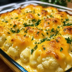 - 1 large head of cauliflower, cut into florets - 1 cup shredded sharp cheddar cheese - 1 cup cream cheese, softened - 1/2 cup milk - 1/2 cup grated Parmesan cheese For this dish, the cauliflower serves as the star. It provides a nice, soft base. The sharp cheddar and Parmesan add a rich, cheesy flavor. Cream cheese makes the sauce creamy and smooth. The milk helps blend everything together. - 2 cloves garlic, minced - 1 teaspoon onion powder - 1 teaspoon Italian seasoning - 1/2 teaspoon paprika - Salt and pepper to taste Seasonings are vital for a tasty bake. Minced garlic brings a nice depth to the dish. Onion powder adds a hint of sweetness. Italian seasoning gives it a warm, herbal note. Paprika adds a touch of color and flavor. Don't forget to season with salt and pepper! - Fresh parsley, chopped (for garnish) Garnishing with fresh parsley makes the dish pop. It adds a bright color and a fresh taste. This simple touch makes your Cheesy Cauliflower Bake look inviting. I found that using high-quality cheese makes a big difference. It enhances the flavor and texture. You can find the Full Recipe at the beginning of this article. Enjoy cooking! - Preheat the oven to 375°F (190°C). - In a large pot, bring salted water to a boil. Add the cauliflower florets. Cook for 5-7 minutes until tender, then drain well. - In a mixing bowl, combine 1 cup of softened cream cheese, 1/2 cup of milk, and seasonings like minced garlic, onion powder, Italian seasoning, paprika, salt, and pepper. Mix until smooth. - Stir in 1 cup of shredded sharp cheddar cheese and half of the 1/2 cup of grated Parmesan. - Add the cooked cauliflower florets to the cheese mixture. Gently stir until the cauliflower is fully coated. - Transfer the mixture to a greased baking dish. Spread it evenly and sprinkle the remaining Parmesan on top. - Bake in the preheated oven for 25-30 minutes, until the top is golden and bubbly. This cheesy cauliflower bake is rich and flavorful, making it a perfect side dish. For the full recipe, check the details above. To get the best texture, cook the cauliflower until it is just tender. Boil it for 5-7 minutes. You want it soft but not mushy. Drain the florets well to avoid excess water. For the cheese sauce, mix the ingredients until smooth. This makes it easy to coat the cauliflower. You can make this dish even tastier. Try adding fresh herbs like thyme or basil. A pinch of garlic powder can also boost flavor. For cheese, mix in Gruyère or mozzarella for a twist. Each cheese brings its own unique taste. Serve your cheesy cauliflower bake with a fresh salad. It pairs well with roasted chicken or grilled fish. If you want a vegetarian meal, add a grain like quinoa or rice. For gluten-free options, ensure your cheese and seasonings are gluten-free. This dish is sure to please everyone at the table. Enjoy it warm and share the love! For the complete details on making this dish, check the Full Recipe. {{image_2}} You can make Cheesy Cauliflower Bake even more fun by changing up the veggies. Broccoli works great if you want a different taste. Spinach can add a nice green touch too. You can even mix these vegetables for a colorful dish. If you prefer a dairy-free option, consider using plant-based cheeses. Many brands offer creamy, tasty alternatives that melt well. This swap keeps the dish rich without dairy. Want to add some extra flavor? Try adding cooked bacon or ham. These meats bring a savory punch that pairs well with the cheese. You can also spice things up! Adding jalapeños gives a nice kick, or try a bit of cayenne pepper for more heat. How you serve this dish can change the whole experience. Individual servings in ramekins look fancy and are easy to serve. Plus, they make great portions for guests. For a more casual vibe, go for a casserole-style dish. Just scoop out portions straight from the baking dish. Both ways make the Cheesy Cauliflower Bake look appealing and delicious. For the full recipe, check out the [Full Recipe]. To keep your cheesy cauliflower bake fresh, store leftovers in an airtight container. This seals in flavor and moisture. You can keep it in the fridge for about 3 to 5 days. If you notice any off smells or changes in texture, it’s best to toss it out. You can freeze cheesy cauliflower bake for longer storage. First, let it cool completely before packing it away. Use a freezer-safe container or heavy-duty freezer bag. It will stay fresh for up to 3 months. When you want to eat it, move it to the fridge overnight to thaw. When reheating, the oven is the best choice. Preheat it to 350°F (175°C). Place the bake in a dish and cover it with foil. This helps keep it moist. Bake for about 20 minutes or until heated through. If using a microwave, heat in short bursts. Stir in between to keep it even. This way, your cheesy cauliflower bake stays tasty and creamy. Yes, you can prepare Cheesy Cauliflower Bake ahead of time. To make this easier, cook the cauliflower and mix it with the cheese sauce. Then, place it in a greased baking dish. Cover the dish with plastic wrap. Store it in the fridge for up to two days. When you are ready to bake, remove the wrap and bake it straight from the fridge. You might need to add a few extra minutes to the bake time for even cooking. Yes, Cheesy Cauliflower Bake is gluten-free. The main ingredients, such as cauliflower, cheese, and cream, do not contain gluten. Always check labels on your cheese and cream for any hidden gluten. Fresh herbs and spices used in the recipe are also gluten-free. This makes it a great choice for those with gluten intolerance. If you want to add some heat, there are a few great options. You can mix in some diced jalapeños or a pinch of cayenne pepper into the cheese sauce. Another option is to add a few dashes of hot sauce. You can also sprinkle red pepper flakes on top before baking for extra flavor. Adjust the spice level to what you enjoy most. Cheesy Cauliflower Bake pairs well with many sides. A fresh green salad adds a nice crunch. Roasted vegetables like carrots or Brussels sprouts complement the dish's creaminess. Grilled chicken or fish also works well for a balanced meal. For a comforting option, serve it with garlic bread or rolls to soak up the cheese sauce. Cheesy Cauliflower Bake combines creamy cheese and tender cauliflower for a delicious dish. We explored main ingredients, including sharp cheddar, cream cheese, and seasonings. I shared tips for texture and flavor, plus storage advice for leftovers. This dish is easy to customize with other veggies or spices. Enjoy experimenting with your own twists. Make it for a cozy family dinner or a fun gathering. You’ll love how simple and tasty it is!