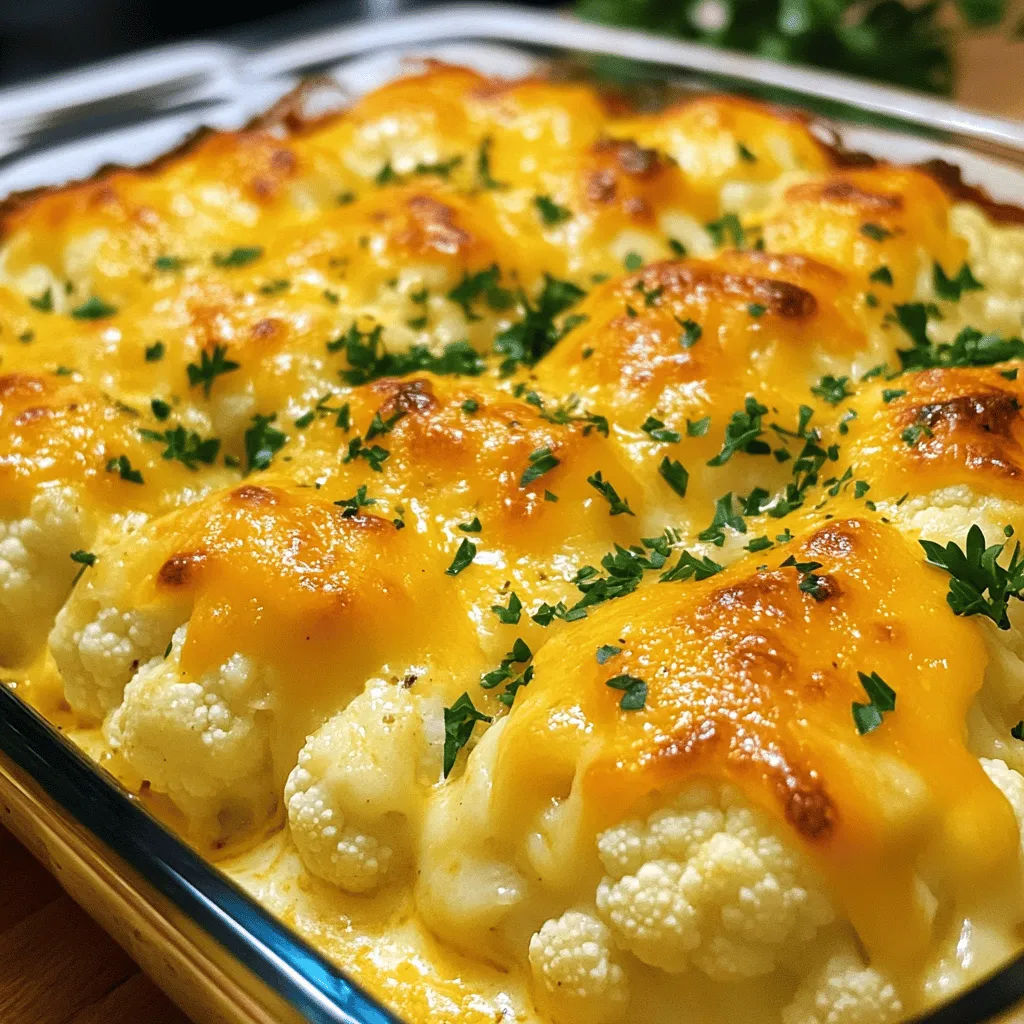 - 1 large head of cauliflower, cut into florets - 1 cup shredded sharp cheddar cheese - 1 cup cream cheese, softened - 1/2 cup milk - 1/2 cup grated Parmesan cheese For this dish, the cauliflower serves as the star. It provides a nice, soft base. The sharp cheddar and Parmesan add a rich, cheesy flavor. Cream cheese makes the sauce creamy and smooth. The milk helps blend everything together. - 2 cloves garlic, minced - 1 teaspoon onion powder - 1 teaspoon Italian seasoning - 1/2 teaspoon paprika - Salt and pepper to taste Seasonings are vital for a tasty bake. Minced garlic brings a nice depth to the dish. Onion powder adds a hint of sweetness. Italian seasoning gives it a warm, herbal note. Paprika adds a touch of color and flavor. Don't forget to season with salt and pepper! - Fresh parsley, chopped (for garnish) Garnishing with fresh parsley makes the dish pop. It adds a bright color and a fresh taste. This simple touch makes your Cheesy Cauliflower Bake look inviting. I found that using high-quality cheese makes a big difference. It enhances the flavor and texture. You can find the Full Recipe at the beginning of this article. Enjoy cooking! - Preheat the oven to 375°F (190°C). - In a large pot, bring salted water to a boil. Add the cauliflower florets. Cook for 5-7 minutes until tender, then drain well. - In a mixing bowl, combine 1 cup of softened cream cheese, 1/2 cup of milk, and seasonings like minced garlic, onion powder, Italian seasoning, paprika, salt, and pepper. Mix until smooth. - Stir in 1 cup of shredded sharp cheddar cheese and half of the 1/2 cup of grated Parmesan. - Add the cooked cauliflower florets to the cheese mixture. Gently stir until the cauliflower is fully coated. - Transfer the mixture to a greased baking dish. Spread it evenly and sprinkle the remaining Parmesan on top. - Bake in the preheated oven for 25-30 minutes, until the top is golden and bubbly. This cheesy cauliflower bake is rich and flavorful, making it a perfect side dish. For the full recipe, check the details above. To get the best texture, cook the cauliflower until it is just tender. Boil it for 5-7 minutes. You want it soft but not mushy. Drain the florets well to avoid excess water. For the cheese sauce, mix the ingredients until smooth. This makes it easy to coat the cauliflower. You can make this dish even tastier. Try adding fresh herbs like thyme or basil. A pinch of garlic powder can also boost flavor. For cheese, mix in Gruyère or mozzarella for a twist. Each cheese brings its own unique taste. Serve your cheesy cauliflower bake with a fresh salad. It pairs well with roasted chicken or grilled fish. If you want a vegetarian meal, add a grain like quinoa or rice. For gluten-free options, ensure your cheese and seasonings are gluten-free. This dish is sure to please everyone at the table. Enjoy it warm and share the love! For the complete details on making this dish, check the Full Recipe. {{image_2}} You can make Cheesy Cauliflower Bake even more fun by changing up the veggies. Broccoli works great if you want a different taste. Spinach can add a nice green touch too. You can even mix these vegetables for a colorful dish. If you prefer a dairy-free option, consider using plant-based cheeses. Many brands offer creamy, tasty alternatives that melt well. This swap keeps the dish rich without dairy. Want to add some extra flavor? Try adding cooked bacon or ham. These meats bring a savory punch that pairs well with the cheese. You can also spice things up! Adding jalapeños gives a nice kick, or try a bit of cayenne pepper for more heat. How you serve this dish can change the whole experience. Individual servings in ramekins look fancy and are easy to serve. Plus, they make great portions for guests. For a more casual vibe, go for a casserole-style dish. Just scoop out portions straight from the baking dish. Both ways make the Cheesy Cauliflower Bake look appealing and delicious. For the full recipe, check out the [Full Recipe]. To keep your cheesy cauliflower bake fresh, store leftovers in an airtight container. This seals in flavor and moisture. You can keep it in the fridge for about 3 to 5 days. If you notice any off smells or changes in texture, it’s best to toss it out. You can freeze cheesy cauliflower bake for longer storage. First, let it cool completely before packing it away. Use a freezer-safe container or heavy-duty freezer bag. It will stay fresh for up to 3 months. When you want to eat it, move it to the fridge overnight to thaw. When reheating, the oven is the best choice. Preheat it to 350°F (175°C). Place the bake in a dish and cover it with foil. This helps keep it moist. Bake for about 20 minutes or until heated through. If using a microwave, heat in short bursts. Stir in between to keep it even. This way, your cheesy cauliflower bake stays tasty and creamy. Yes, you can prepare Cheesy Cauliflower Bake ahead of time. To make this easier, cook the cauliflower and mix it with the cheese sauce. Then, place it in a greased baking dish. Cover the dish with plastic wrap. Store it in the fridge for up to two days. When you are ready to bake, remove the wrap and bake it straight from the fridge. You might need to add a few extra minutes to the bake time for even cooking. Yes, Cheesy Cauliflower Bake is gluten-free. The main ingredients, such as cauliflower, cheese, and cream, do not contain gluten. Always check labels on your cheese and cream for any hidden gluten. Fresh herbs and spices used in the recipe are also gluten-free. This makes it a great choice for those with gluten intolerance. If you want to add some heat, there are a few great options. You can mix in some diced jalapeños or a pinch of cayenne pepper into the cheese sauce. Another option is to add a few dashes of hot sauce. You can also sprinkle red pepper flakes on top before baking for extra flavor. Adjust the spice level to what you enjoy most. Cheesy Cauliflower Bake pairs well with many sides. A fresh green salad adds a nice crunch. Roasted vegetables like carrots or Brussels sprouts complement the dish's creaminess. Grilled chicken or fish also works well for a balanced meal. For a comforting option, serve it with garlic bread or rolls to soak up the cheese sauce. Cheesy Cauliflower Bake combines creamy cheese and tender cauliflower for a delicious dish. We explored main ingredients, including sharp cheddar, cream cheese, and seasonings. I shared tips for texture and flavor, plus storage advice for leftovers. This dish is easy to customize with other veggies or spices. Enjoy experimenting with your own twists. Make it for a cozy family dinner or a fun gathering. You’ll love how simple and tasty it is!
