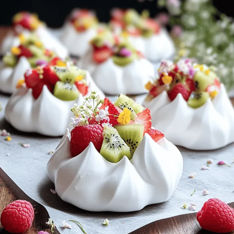 - 4 large egg whites - 1 cup superfine sugar - 1/4 teaspoon cream of tartar Meringue cookies need just a few simple ingredients. The egg whites give them their lightness. Superfine sugar helps create a smooth texture. Cream of tartar stabilizes the egg whites, ensuring they hold their shape. - 1 teaspoon vanilla extract - 1/4 teaspoon almond extract Adding flavor is key. Vanilla extract provides a warm sweetness. Almond extract adds a nice, nutty touch. Together, they create a delicious taste that pairs well with fruit. - 1 cup mixed fresh fruits (strawberries, raspberries, kiwi) - Optional: Edible flowers Fruit is the star of this treat. Use fresh strawberries, raspberries, and kiwi for bright colors and flavors. You can also add edible flowers for a beautiful touch. The fruit balances the sweetness of the meringue, making each bite refreshing. For the [Full Recipe], follow the steps to create these delightful cookies. 1. Preheat your oven. Set it to 200°F (90°C). Line two baking sheets with parchment paper. 2. Beat the egg whites. In a clean bowl, add 4 large egg whites and a pinch of salt. Use an electric mixer on medium speed. Beat until soft peaks form. This means the egg whites should hold a little shape but still flow. 1. Add sugar. Gradually add 1 cup of superfine sugar, one tablespoon at a time. Keep beating on high speed. Let the sugar dissolve fully each time. 2. Beat to stiff peaks. Once all sugar is mixed in, add 1/4 teaspoon of cream of tartar, 1 teaspoon of vanilla extract, and 1/4 teaspoon of almond extract. Beat until stiff peaks form. The meringue should look shiny and hold its shape well. 1. Dollop or pipe the meringue. Use a piping bag or a spoon to create small mounds on the lined baking sheets. Make sure to leave space between each piece. 2. Bake the meringue. Place the sheets in the oven and bake for 1.5 to 2 hours. The meringues should feel dry and lift off the parchment easily. 3. Cool properly. Turn off the oven and leave the meringue inside with the door slightly ajar. This helps prevent cracking. Once fully cool, top each meringue with fresh fruit. For a fun touch, add edible flowers as a garnish. For a full recipe, check the instructions detailed above. To make perfect meringue, start with clean tools. Any fat can ruin your egg whites. Use a glass or metal bowl for best results. Make sure your egg whites are at room temperature. This helps them whip better. When you beat the egg whites, add a pinch of salt. This aids in creating stable peaks. When adding sugar, do it slowly. Add one tablespoon at a time. Mix on high until the sugar fully dissolves. This is key for a smooth texture. Once all the sugar is added, you should see stiff peaks. The meringue should look shiny and hold its shape. Serving meringue cookies can be fun. You can stack them high for a tower of sweet. A simple way to serve is on a plate with fruit around them. This makes a colorful display. For a unique touch, use edible flowers. They add beauty and fun to your treats. Just sprinkle them on top or place them beside the cookies. You can change the flavor of your meringue easily. Try different extracts like lemon or coconut. A little spice, like cinnamon, can also add warmth. For fruits, feel free to mix it up. Use berries for a tart taste or tropical fruits for sweetness. Sliced peaches or mangoes can be a delightful surprise. You can also top them with yogurt for a creamy twist. {{image_2}} Using fresh fruit makes your meringue cookies pop. You can mix seasonal fruits like strawberries, peaches, or blueberries. These fruits add flavor and color. Berries work well because they are sweet and tart. Tropical fruits like mango, pineapple, or kiwi bring a fun twist. Choose fruits that you love. Their natural sweetness pairs well with the lightness of meringue. Want to change things up? Add some zest! You can make citrus meringue cookies by adding lemon or lime zest. This gives a bright and fresh taste. For a rich flavor, try chocolate meringue. Just mix in some cocoa powder with the sugar. You’ll have a sweet treat that is both crunchy and creamy. Are you looking for gluten-free options? Good news! Meringues are naturally gluten-free since they use egg whites and sugar. For vegan meringues, use aquafaba, the liquid from canned chickpeas. Whip it up just like egg whites. Your vegan friends will love this tasty treat! To keep your meringue cookies fresh, store them in an airtight container. Place them in a cool, dry area. Avoid moisture to keep them crisp. You can also add a piece of parchment paper between layers to prevent sticking. If your meringues start to soften, they may have absorbed moisture. To fix this, dry them in a low oven briefly. You can freeze meringue cookies for longer storage. Flash-freeze them first by placing them on a baking sheet. After they freeze solid, transfer them to a freezer bag. This method keeps them from sticking together. When you want to eat them, thaw meringue at room temperature. Don't rush this step. Thawing too fast can ruin their texture. Meringue cookies last about 1 to 2 weeks at room temperature. After that, they may lose their crunch. Signs of spoilage include a sticky surface or off smell. If they feel soft or chewy, discard them. For the best taste, enjoy them fresh after making them. For a complete guide, check out the Full Recipe. You can tell meringue is done by its texture and color. It should look dry and crisp. The outside should be firm, and the inside will be airy. If it lifts off the parchment easily, that’s a good sign. The color should remain white or slightly off-white, not browned. You can use granulated sugar, but it may change the texture. Granulated sugar takes longer to dissolve. This can lead to a grainy meringue. Superfine sugar mixes in smoothly, giving a light and fluffy texture. If you use granulated sugar, beat it longer to ensure it fully dissolves. Store leftover meringue cookies in an airtight container. Keep them in a cool, dry place. This helps maintain their crispness. Avoid the fridge, as moisture can make them soft. If you want to keep them longer, you can freeze them. Just thaw them at room temperature before serving. Meringue cookies are fun and easy to make. You need just a few main ingredients like egg whites and sugar. Each step, from beating the eggs to baking, matters. Following the tips ensures your meringue turns out perfect. You can even try different flavors and fruits to make them special. Store them right to keep them fresh. Making these cookies can be a rewarding experience. Enjoy sharing your sweet treats with others!