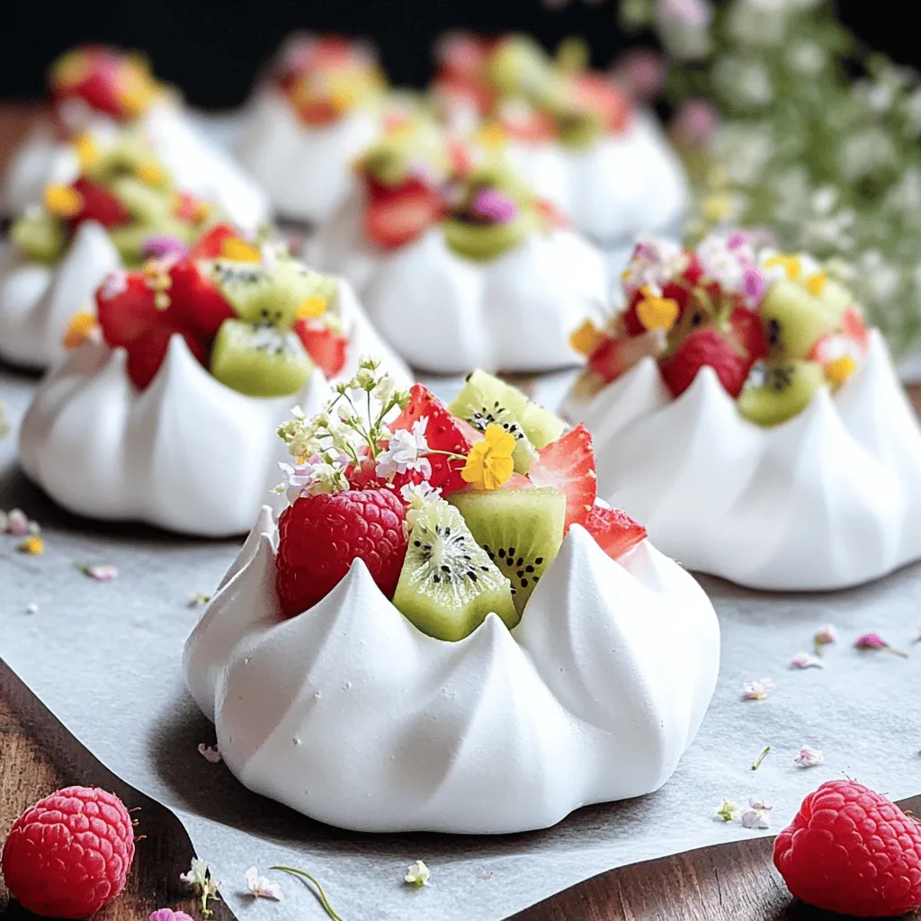- 4 large egg whites - 1 cup superfine sugar - 1/4 teaspoon cream of tartar Meringue cookies need just a few simple ingredients. The egg whites give them their lightness. Superfine sugar helps create a smooth texture. Cream of tartar stabilizes the egg whites, ensuring they hold their shape. - 1 teaspoon vanilla extract - 1/4 teaspoon almond extract Adding flavor is key. Vanilla extract provides a warm sweetness. Almond extract adds a nice, nutty touch. Together, they create a delicious taste that pairs well with fruit. - 1 cup mixed fresh fruits (strawberries, raspberries, kiwi) - Optional: Edible flowers Fruit is the star of this treat. Use fresh strawberries, raspberries, and kiwi for bright colors and flavors. You can also add edible flowers for a beautiful touch. The fruit balances the sweetness of the meringue, making each bite refreshing. For the [Full Recipe], follow the steps to create these delightful cookies. 1. Preheat your oven. Set it to 200°F (90°C). Line two baking sheets with parchment paper. 2. Beat the egg whites. In a clean bowl, add 4 large egg whites and a pinch of salt. Use an electric mixer on medium speed. Beat until soft peaks form. This means the egg whites should hold a little shape but still flow. 1. Add sugar. Gradually add 1 cup of superfine sugar, one tablespoon at a time. Keep beating on high speed. Let the sugar dissolve fully each time. 2. Beat to stiff peaks. Once all sugar is mixed in, add 1/4 teaspoon of cream of tartar, 1 teaspoon of vanilla extract, and 1/4 teaspoon of almond extract. Beat until stiff peaks form. The meringue should look shiny and hold its shape well. 1. Dollop or pipe the meringue. Use a piping bag or a spoon to create small mounds on the lined baking sheets. Make sure to leave space between each piece. 2. Bake the meringue. Place the sheets in the oven and bake for 1.5 to 2 hours. The meringues should feel dry and lift off the parchment easily. 3. Cool properly. Turn off the oven and leave the meringue inside with the door slightly ajar. This helps prevent cracking. Once fully cool, top each meringue with fresh fruit. For a fun touch, add edible flowers as a garnish. For a full recipe, check the instructions detailed above. To make perfect meringue, start with clean tools. Any fat can ruin your egg whites. Use a glass or metal bowl for best results. Make sure your egg whites are at room temperature. This helps them whip better. When you beat the egg whites, add a pinch of salt. This aids in creating stable peaks. When adding sugar, do it slowly. Add one tablespoon at a time. Mix on high until the sugar fully dissolves. This is key for a smooth texture. Once all the sugar is added, you should see stiff peaks. The meringue should look shiny and hold its shape. Serving meringue cookies can be fun. You can stack them high for a tower of sweet. A simple way to serve is on a plate with fruit around them. This makes a colorful display. For a unique touch, use edible flowers. They add beauty and fun to your treats. Just sprinkle them on top or place them beside the cookies. You can change the flavor of your meringue easily. Try different extracts like lemon or coconut. A little spice, like cinnamon, can also add warmth. For fruits, feel free to mix it up. Use berries for a tart taste or tropical fruits for sweetness. Sliced peaches or mangoes can be a delightful surprise. You can also top them with yogurt for a creamy twist. {{image_2}} Using fresh fruit makes your meringue cookies pop. You can mix seasonal fruits like strawberries, peaches, or blueberries. These fruits add flavor and color. Berries work well because they are sweet and tart. Tropical fruits like mango, pineapple, or kiwi bring a fun twist. Choose fruits that you love. Their natural sweetness pairs well with the lightness of meringue. Want to change things up? Add some zest! You can make citrus meringue cookies by adding lemon or lime zest. This gives a bright and fresh taste. For a rich flavor, try chocolate meringue. Just mix in some cocoa powder with the sugar. You’ll have a sweet treat that is both crunchy and creamy. Are you looking for gluten-free options? Good news! Meringues are naturally gluten-free since they use egg whites and sugar. For vegan meringues, use aquafaba, the liquid from canned chickpeas. Whip it up just like egg whites. Your vegan friends will love this tasty treat! To keep your meringue cookies fresh, store them in an airtight container. Place them in a cool, dry area. Avoid moisture to keep them crisp. You can also add a piece of parchment paper between layers to prevent sticking. If your meringues start to soften, they may have absorbed moisture. To fix this, dry them in a low oven briefly. You can freeze meringue cookies for longer storage. Flash-freeze them first by placing them on a baking sheet. After they freeze solid, transfer them to a freezer bag. This method keeps them from sticking together. When you want to eat them, thaw meringue at room temperature. Don't rush this step. Thawing too fast can ruin their texture. Meringue cookies last about 1 to 2 weeks at room temperature. After that, they may lose their crunch. Signs of spoilage include a sticky surface or off smell. If they feel soft or chewy, discard them. For the best taste, enjoy them fresh after making them. For a complete guide, check out the Full Recipe. You can tell meringue is done by its texture and color. It should look dry and crisp. The outside should be firm, and the inside will be airy. If it lifts off the parchment easily, that’s a good sign. The color should remain white or slightly off-white, not browned. You can use granulated sugar, but it may change the texture. Granulated sugar takes longer to dissolve. This can lead to a grainy meringue. Superfine sugar mixes in smoothly, giving a light and fluffy texture. If you use granulated sugar, beat it longer to ensure it fully dissolves. Store leftover meringue cookies in an airtight container. Keep them in a cool, dry place. This helps maintain their crispness. Avoid the fridge, as moisture can make them soft. If you want to keep them longer, you can freeze them. Just thaw them at room temperature before serving. Meringue cookies are fun and easy to make. You need just a few main ingredients like egg whites and sugar. Each step, from beating the eggs to baking, matters. Following the tips ensures your meringue turns out perfect. You can even try different flavors and fruits to make them special. Store them right to keep them fresh. Making these cookies can be a rewarding experience. Enjoy sharing your sweet treats with others!