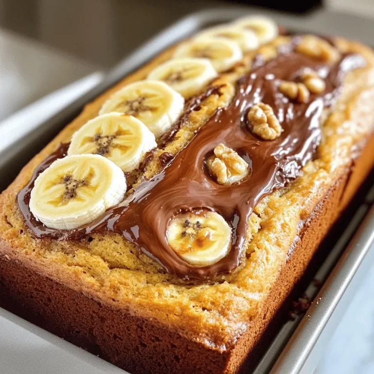 - 3 ripe bananas, mashed - 1/3 cup melted butter - 1/2 cup granulated sugar - 1 large egg, beaten - 1 teaspoon vanilla extract - 1 teaspoon baking soda - Pinch of salt - 1 1/2 cups all-purpose flour - 1/2 cup Nutella - 1/4 cup chopped walnuts (optional) - Extra bananas for topping (optional) You need ripe bananas for the best flavor. They give the bread sweetness and moisture. I usually pick bananas with brown spots; they are perfect for mashing. Melted butter adds richness and helps bind the bread. Granulated sugar is essential for sweetness. The beaten egg acts as a binder and adds fluffiness. Vanilla extract enhances the flavor of the bread. Baking soda helps it rise, while a pinch of salt balances the sweetness. All-purpose flour gives structure to the bread. Nutella is the star here; it adds a creamy, chocolatey surprise. If you like crunch, use chopped walnuts. Extra bananas on top make it look lovely and inviting. This Nutella-Stuffed Banana Bread is not just a treat; it brings joy to any meal. For the full recipe, check out the complete guide. - Preheat your oven to 350°F (175°C). - Grease a 9x5-inch loaf pan or use parchment paper. - In a mixing bowl, combine melted butter and mashed bananas. Stir well. - Add granulated sugar, beaten egg, and vanilla extract. Mix until smooth. - Sprinkle in baking soda and a pinch of salt. Stir to combine. - Gradually add flour, mixing until just incorporated. The batter should be lumpy. - If you like, fold in chopped walnuts. - Pour half of the banana bread batter into the loaf pan. - Create a well in the center. Spoon Nutella into the well. - Spread the Nutella evenly. - Top with the remaining batter. Smooth the top with a spatula. - For a nice look, slice a banana lengthwise and place it on top. - Bake in the preheated oven for 50-60 minutes. - Check doneness with a toothpick. It should come out clean, with some chocolate. - Let the bread cool in the pan for 10-15 minutes. - After that, move it to a wire rack to cool completely. For the full recipe, refer to the earlier section. Enjoy making your Nutella-stuffed banana bread! To make great banana bread, start with ripe bananas. Look for bananas with brown spots. They are sweet and soft, perfect for baking. Aim for three medium-sized bananas. Mixing is key too. Use a gentle hand when combining ingredients. Over-mixing can make the bread tough. Stir until you don’t see dry flour. The batter should look a bit lumpy. Once you master the base recipe, think about adding flavors. You can mix in chocolate chips, or dried fruit for extra texture. Walnuts add a nice crunch, but they are optional. Adjust the sweetness to your taste. If you like it less sweet, cut back on sugar. Adding a pinch of cinnamon can also boost the flavor without adding more sugar. For the full recipe, check out the instructions earlier in the article. {{image_2}} If you want to make a nut-free version of this recipe, you can swap out Nutella. Try using chocolate hazelnut spread made with sunflower seeds. You can also try creamy peanut butter or almond butter, if no nut allergies exist. These spreads bring a rich taste similar to Nutella but without nuts. For those who need gluten-free options, you can use almond flour or a gluten-free flour blend. These flours work well in banana bread, giving it a moist texture. Just remember to check baking soda is gluten-free. If you're looking for vegan substitutions, replace the egg with a flax egg. To make a flax egg, mix one tablespoon of ground flaxseed with two and a half tablespoons of water. Let it sit for five minutes until it thickens. You can also use dairy-free butter instead of regular butter. This keeps the bread rich and tasty while being plant-based. For the full recipe, make sure to check out the instructions above! To keep your Nutella-stuffed banana bread fresh, store it in an airtight container. This helps retain moisture and flavor. You can refrigerate it for up to five days. Just remember to let it cool completely before sealing. If you want to keep it for longer, freezing is a great option. For freezing, wrap the banana bread tightly in plastic wrap and then in aluminum foil. This double wrapping helps prevent freezer burn. You can freeze it for up to three months. When you're ready to enjoy it, just thaw it in the fridge overnight. Warming up slices of banana bread is easy. You can use the microwave, oven, or toaster. For the microwave, place a slice on a plate and heat for about 15 seconds. Check it to see if it’s warm enough. If you prefer the oven, preheat it to 350°F (175°C). Place the slice on a baking sheet and warm it for about 10 minutes. This method helps keep the crust nice and soft. Using a toaster is another quick method. Just pop in a slice and toast for a couple of minutes. This gives it a nice, crispy outside while keeping the inside soft. Enjoy your warm banana bread with a fresh spread of Nutella on top! How ripe should the bananas be for optimal flavor? Use very ripe bananas. They should be brown and soft. This gives the bread a sweet taste. Ripe bananas mix well and keep the bread moist. Can I bake this in a different-sized pan? Yes, you can use a different pan. If you use a smaller pan, the bread will be thicker. This may need more baking time. A bigger pan will make thinner slices, baking faster. Just watch it closely as it bakes. How long will leftovers last? Leftovers last about 3 days at room temperature. Store them in an airtight container. You can also refrigerate them for up to a week. For longer storage, freeze the slices. Can I add chocolate chips or other flavors? Absolutely! Chocolate chips add more sweetness. You can also try nuts or spices like cinnamon. Be creative! Just keep the total mix-ins under one cup for the best texture. For the full recipe, check out the link above. This blog post walked you through making Nutella-stuffed banana bread. We covered ingredients and step-by-step baking. You learned great tips for perfecting your bread, as well as variations for dietary needs. In conclusion, this recipe is fun and easy to follow. Feel free to customize it with your favorite add-ins. Enjoy the rich flavor of Nutella combined with sweet bananas. Happy baking!