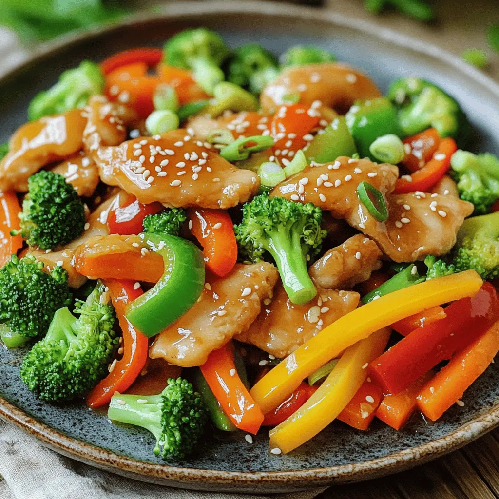This Honey Garlic Chicken Stir-Fry is quick and easy. It takes just 30 minutes to make. You’ll love how tasty it is. This dish serves four people and is great for busy nights. Here’s what you need for this recipe: - 1 lb (450g) boneless, skinless chicken thighs, sliced into strips - 3 tablespoons honey - 4 cloves garlic, minced - 2 tablespoons soy sauce - 1 tablespoon rice vinegar - 1 tablespoon cornstarch - 1 tablespoon vegetable oil - 1 bell pepper (any color), sliced - 1 cup broccoli florets - 1 carrot, julienned - 2 green onions, sliced - Sesame seeds for garnish (optional) - Salt and pepper to taste These ingredients create a sweet and savory flavor that makes this dish stand out. You can add a few extras to boost the taste: - Fresh ginger for a zesty kick - Red pepper flakes for some heat - Cashews or peanuts for crunch These options can make your meal even more exciting. Experiment and find your favorite mix! To start, grab a medium-sized bowl. In this bowl, mix three tablespoons of honey, four minced garlic cloves, two tablespoons of soy sauce, one tablespoon of rice vinegar, and one tablespoon of cornstarch. Add a pinch of salt and pepper. Stir it well until it blends nicely. Then, add one pound of sliced chicken thighs. Make sure every piece is coated in the marinade. Cover the bowl with plastic wrap and let it sit for at least 15 minutes. This step is key for building flavor. While the chicken marinates, heat a large skillet or wok over medium-high heat. Add one tablespoon of vegetable oil and wait until it shimmers. Once hot, carefully add the marinated chicken in a single layer. Cook it for about 5 to 7 minutes. Turn the chicken occasionally to get a golden brown color all around. Check if it’s cooked through. You want it to be juicy, not dry. Now, it’s time for the fun part. While the chicken cooks, wash and chop your vegetables. Slice one bell pepper, prepare one cup of broccoli florets, and julienne one carrot. Once the chicken is cooked, add the chopped veggies to the skillet. Stir-fry them for another 3 to 5 minutes. You want them to be tender-crisp, not mushy. Next, pour any leftover marinade over the chicken and veggies. Stir everything together to coat well. Let it cook for one more minute. This will thicken the sauce a little. Now, your dish is almost ready to serve! Marination is key to great taste. I suggest marinating the chicken for at least 15 minutes. This allows the honey and garlic to soak in. For even more flavor, you can marinate it for an hour or overnight. Just keep it in the fridge. This step is simple but makes a big difference. Cooking the chicken at medium-high heat works best. This gives a nice sear on the chicken. It should take about 5 to 7 minutes to cook through. If the heat is too low, you won’t get that great color and flavor. Keep an eye on it to avoid burning. A good look makes food more appealing. Serve the Honey Garlic Chicken Stir-Fry on a bright plate. Use white rice or noodles as a base. This contrast makes the colors pop. Top it with green onions and sesame seeds for a nice touch. Your meal will look as tasty as it is! For the full recipe, check the earlier section. {{image_2}} You can easily switch the chicken for other proteins. Try using shrimp for a quick cook. Tofu works well for a vegetarian option. Beef strips give a different flavor and texture. If you choose pork, use tenderloin for best results. Each protein brings its unique taste to the dish. Adjust cooking times for each protein to ensure it's cooked right. You can customize your stir-fry with different veggies. Snap peas add a nice crunch and sweetness. Zucchini slices cook fast and soak up the sauce well. Cauliflower florets are great for a low-carb option. Baby corn or mushrooms add depth and earthiness. Feel free to use what you have in your fridge. The key is to maintain balance and color in your dish. The sauce can be adjusted to fit your taste. Add more honey for extra sweetness. A splash of lime juice can brighten the flavors. If you like heat, mix in some red pepper flakes. You can also use coconut aminos instead of soy sauce for a different flavor. Experimenting with the sauce can lead to delightful new tastes. Don't be afraid to mix and match! For the complete recipe, check out the Full Recipe section. Store your Honey Garlic Chicken Stir-Fry in an airtight container. It keeps well in the fridge for up to three days. Make sure it cools before sealing the container. This helps keep the chicken tender and the veggies crisp. To freeze, let the stir-fry cool completely. Place it in a freezer-safe bag or container. Remove as much air as possible to prevent freezer burn. Honey Garlic Chicken Stir-Fry can last up to three months in the freezer. Just remember to label the bag with the date. When you’re ready to eat, thaw the stir-fry in the fridge overnight. Reheat it in a skillet over medium heat. Stir it often to heat evenly. You can add a splash of water or extra soy sauce for moisture. Enjoy your meal hot and fresh! To make this dish gluten-free, swap regular soy sauce for gluten-free soy sauce. You can also use tamari, which is a great gluten-free option. Be sure to check labels on all other ingredients to avoid hidden gluten. This way, you can enjoy the same great taste without the gluten! Yes, you can use frozen chicken. Just be sure to thaw it first. You can do this in the fridge overnight or by using the microwave. Once thawed, slice the chicken into strips and follow the recipe as usual. Your stir-fry will still taste great! Honey Garlic Chicken Stir-Fry pairs well with steamed rice or noodles. You can also serve it with a fresh salad for a crunchy side. If you want to elevate your meal, try adding sesame seeds or slices of avocado on top. Enjoy your tasty and colorful plate! This post covered the main steps to make Honey Garlic Chicken Stir-Fry. You learned about key ingredients and optional ones for better taste. I shared tips on marination, cooking temps, and how to present the dish. We also discussed protein swaps, vegetable choices, and sauces to try. Don't forget to store your leftovers right to keep them fresh. With these ideas, you can make a dish that’s both tasty and fun to customize. Enjoy your cooking!