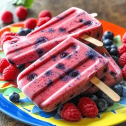 To make Berry Smoothie Popsicles, you need some fresh and tasty ingredients. Here’s what you will need: - 1 cup strawberries, hulled and halved - 1 cup blueberries - 1 cup raspberries - 1 banana, sliced - 1 cup Greek yogurt (vanilla or plain) - 1/4 cup honey (adjust based on sweetness preference) - 1 tablespoon lemon juice These ingredients work together to create a refreshing and creamy treat. Each berry adds its own burst of flavor. The banana gives a smooth texture, while Greek yogurt adds creaminess and protein. Honey sweetens the mix just right. Lemon juice brightens up the taste, making it a perfect summer snack. Feel free to adjust the honey to match your taste. If you like it sweeter, add more. If you want it less sweet, reduce the amount. This recipe is flexible and allows you to make it your own. For the full recipe, check out the Berry Blast Smoothie Popsicles. You will enjoy making these tasty treats! To make berry smoothie popsicles, follow these simple steps. 1. Blend the Ingredients Start by placing the strawberries, blueberries, raspberries, and banana into your blender. Then, add the Greek yogurt, honey, and lemon juice. Blend everything until it is smooth and creamy. If needed, scrape down the sides to mix well. Taste the mixture and add more honey if you want it sweeter. 2. Pour into Molds Next, pour the smoothie mixture into popsicle molds. Be sure to leave a little space at the top of each mold. This space allows the mixture to expand as it freezes. 3. Freezing Guidelines Insert the popsicle sticks into the molds. Place the molds in the freezer and let them freeze for at least 4 to 6 hours. Wait until they are completely solid. When you are ready to eat, run warm water over the outside of the molds for a few seconds. This will help the popsicles come out easily. For the full recipe, check out the Berry Blast Smoothie Popsicles. Enjoy making these tasty treats! To make the best berry smoothie popsicles, start with the right sweetness. I often use honey, but you can also try maple syrup. Taste the mix before you freeze it. If it’s not sweet enough, add a bit more honey. You want a balance of sweet and tangy. Choosing the best berries is key. Fresh berries give a bright taste. Strawberries, blueberries, and raspberries are my favorites. They blend well and look great in the popsicles. You can also mix in some blackberries for a new twist. Just make sure they are ripe and sweet! Removing popsicles from molds can be tricky. I have a tip for that! Run warm water over the outside of the molds. The heat loosens the popsicles without breaking them. Hold the mold upside down for a few seconds. This usually does the trick. For more details, check the full recipe. Enjoy your yummy treats! {{image_2}} You can have fun with your berry smoothie popsicles. Try using different fruits to change the taste. Here are some great choices: - Peaches: They add a sweet and juicy twist. - Mangoes: These bring a tropical flavor that kids love. You can also add leafy greens to boost nutrition. Spinach works well and has a mild taste. Kale is another option, though it has a stronger flavor. Just a handful can make your popsicles healthier. If you want to change the sweetness, consider using different sweeteners. Agave syrup is a great choice because it blends well. Maple syrup can add a unique flavor, too. Both options are natural and tasty. Using the Full Recipe, you can mix and match these ideas. Be creative and see what you enjoy most! To keep your berry smoothie popsicles fresh, freeze them well. Use sturdy molds for best results. When filling molds, leave a little space at the top. This space lets the popsicles expand as they freeze. You can store the popsicles in the freezer for up to three months. Make sure they are fully frozen before you take them out. If you notice frost or ice crystals on them, it means they may not be as tasty. Label your popsicle bags or containers clearly. Write the date and flavor on each. This helps you keep track of what you have. Organize them in your freezer so you can find your favorite flavors easily. Enjoy making and storing these delicious treats! Can I use frozen berries instead of fresh? Yes, you can use frozen berries. They blend well and keep the popsicles cool. Frozen berries often have the same taste and nutrients as fresh ones. Just be sure to let them thaw a bit before blending for a smoother mix. How many calories are in one berry smoothie popsicle? Each berry smoothie popsicle has about 70-100 calories. The exact number can change based on the ingredients you use. If you add more honey or yogurt, it may increase the calorie count. Can I customize the recipe for dietary restrictions? Yes, you can easily customize the recipe. For a dairy-free option, use coconut yogurt or almond yogurt. If you need a lower sugar option, try using a sugar substitute or skip the honey. You can also mix in your favorite fruits or add greens for extra nutrients. Check the Full Recipe for more ideas! This post shared a simple recipe for berry smoothie popsicles. We covered the ingredients, preparation steps, and helpful tips to make them perfect. I also shared fun variations to try and storage advice for keeping popsicles fresh. Berry smoothie popsicles are tasty, healthy, and easy to make. By customizing them, you get a snack that suits your style. Enjoy experimenting with flavors and staying cool!
