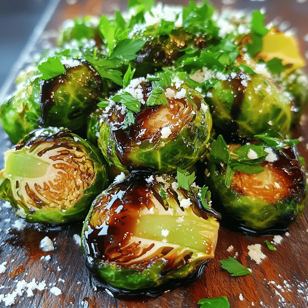To make Balsamic Glazed Brussels Sprouts, you need a few key items. Here’s what you will need: - 1 pound Brussels sprouts, trimmed and halved - 3 tablespoons balsamic vinegar - 2 tablespoons honey - 2 tablespoons olive oil - 1 teaspoon garlic powder - Salt and pepper to taste These ingredients create a tasty blend of flavors that really shines. You can add extra items for more taste. Here are some options: - 1/4 cup grated Parmesan cheese - Fresh parsley, chopped for garnish Adding Parmesan gives a nice salty touch. The fresh parsley adds color and freshness. If you don’t have some ingredients, don’t worry. You can swap them out. Here are some common substitutions: - Use maple syrup instead of honey for a vegan option. - Try lemon juice in place of balsamic vinegar for a zesty twist. - Use garlic cloves instead of garlic powder for a stronger flavor. These swaps can help you personalize your dish while keeping it tasty. For the full recipe, check out the earlier section. First, gather your Brussels sprouts. You need one pound, trimmed and halved. Rinse them under cold water. This helps remove dirt. After rinsing, dry them well with a clean towel. Dry sprouts get crispy when roasted. Next, place them in a large bowl. Add two tablespoons of olive oil, one teaspoon of garlic powder, salt, and pepper. Toss until each sprout is coated. This step adds flavor and helps the glaze stick later. While the sprouts roast, make the balsamic glaze. In a small saucepan, combine three tablespoons of balsamic vinegar and two tablespoons of honey. Heat over medium heat, stirring often. Watch for it to simmer. This usually takes a few minutes. Once it simmers, let it cook until it thickens. This should take about five to seven minutes. A thicker glaze clings better to the sprouts. Set aside once done. Now it’s time to roast the Brussels sprouts. Preheat your oven to 400°F (200°C). Spread the seasoned Brussels sprouts on a baking sheet. Make sure they are in a single layer. This helps them roast evenly. Roast for 20-25 minutes. Stir them halfway through so they cook evenly. Look for a nice golden color and crisp edges. Once they are done, remove them from the oven. Drizzle the balsamic glaze over the hot sprouts. Toss them gently to coat. If you want, add some grated Parmesan cheese on top. Finish with freshly chopped parsley for a pop of color. Enjoy your delicious side dish! For the full recipe, check out the details. To get crispy Brussels sprouts, start with dry sprouts. After washing, pat them dry with a towel. This helps them roast better. Make sure to cut them in half to expose more surface area. Toss them in olive oil and season well. Spread them out on the baking sheet. Avoid crowding, which can cause steaming instead of roasting. Stir them halfway through cooking. This ensures they crisp evenly. Balsamic glaze adds a sweet touch. It's key to balance that sweetness. Use just the right amount of honey in your glaze. Too much honey can make it overly sweet. I like to start with two tablespoons. Taste the glaze as it simmers. Adjust by adding more vinegar if it gets too sweet. This keeps the flavor bright and tangy. Want to add more flavor? Try garlic powder; it pairs well with Brussels sprouts. You can also add red pepper flakes for a bit of heat. If you love cheese, sprinkle some Parmesan on top when they’re hot. Fresh parsley adds a pop of color and freshness. You can even mix in other roasted veggies like carrots or sweet potatoes for more taste. For the full recipe, check out the instructions above. {{image_2}} You can easily make balsamic glazed Brussels sprouts vegan. Simply swap honey for maple syrup or agave nectar. Both options give a sweet touch. They blend well with balsamic vinegar. This small change keeps the taste rich and delicious. Brussels sprouts mix well with many other veggies. Try adding carrots, sweet potatoes, or red onions. Cut them into similar sizes as the Brussels sprouts. This way, they cook evenly. Roasting these veggies adds different flavors and colors. It makes your dish more fun and vibrant. If you want to change the sweet flavor, try other sweeteners. Brown sugar or coconut sugar work great as well. They add a warm, caramel-like taste. You can even use fruit purees, like apple or pear, for a fresh twist. Adjust the amount based on your taste. For the full recipe, check out Balsamic Glazed Brussels Sprouts. After enjoying your Balsamic Glazed Brussels Sprouts, let them cool. Then, put them in an airtight container. Store them in the fridge for up to three days. This keeps them fresh and tasty for another meal. To reheat, use the oven for best results. Preheat the oven to 350°F (175°C). Spread the Brussels sprouts on a baking sheet. Heat them for about 10-15 minutes. This helps them stay crispy. You can also microwave them for 1-2 minutes. Just remember, they might lose some crunch. You can freeze leftovers, but they may change texture. First, cool them completely. Then, place them in a freezer-safe bag. Squeeze out as much air as possible. You can freeze them for up to two months. When ready to eat, thaw in the fridge overnight. Reheat them in the oven for the best taste. For the full recipe and more ideas, check out the Full Recipe section. Yes, you can use frozen Brussels sprouts. They will work well in this dish. However, fresh Brussels sprouts taste better. They have more texture and flavor. If you use frozen, thaw them first. Pat them dry to avoid extra moisture. This helps them roast well and stay crispy. To make the glaze thicker, cook it longer. After you mix balsamic vinegar and honey, simmer it on low heat. Stir it often. The longer you cook it, the thicker it will get. You can also add a cornstarch slurry. Mix one tablespoon of cornstarch with two tablespoons of water. Add this to the glaze, and stir until it thickens. Balsamic glazed Brussels sprouts pair well with many dishes. Serve them with grilled chicken or pork chops for a tasty meal. You can also add them to a salad for extra flavor. They go great with rice or quinoa, too. For a vegetarian option, try them with pasta or polenta. In this blog post, we explored how to make balsamic glazed Brussels sprouts. We covered essential ingredients, prep steps, and roasting methods. I shared tips for achieving that perfect crisp and balancing sweetness. We also looked at tasty variations and how to store leftovers properly. These Brussels sprouts can elevate any meal while being simple to make. Enjoy experimenting with flavors and spices to make them your own. Happy cooking!