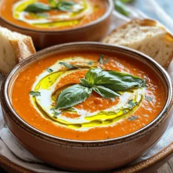 - 2 tablespoons olive oil - 1 medium onion, chopped - 3 cloves garlic, minced - 1 teaspoon salt - 1/2 teaspoon black pepper - 1 teaspoon dried oregano - 1 (28-ounce) can crushed tomatoes - 2 cups vegetable broth - 1/4 cup fresh basil leaves, roughly chopped - 1 tablespoon balsamic vinegar - 1 teaspoon sugar (optional, to taste) - 1/2 cup heavy cream (or coconut cream for a vegan option) When I make this soup, I love using fresh ingredients. Each one adds flavor and depth. The olive oil helps create a rich base. Onion and garlic bring out sweetness. Salt and black pepper balance the taste. Dried oregano adds an earthy note. The crushed tomatoes are the star of the dish. They give the soup its bright color and rich texture. Vegetable broth enhances the soup’s savory profile. Fresh basil adds a fresh, aromatic touch. A splash of balsamic vinegar gives it a slight tang. If you like it sweeter, a bit of sugar can help. Finally, heavy cream or coconut cream makes it creamy and smooth. This recipe is a wonderful way to enjoy a classic dish. The combination of these ingredients creates a delicious and comforting soup. You can find the Full Recipe above to guide you through every step. 1. Heating olive oil and cooking onion Start by heating 2 tablespoons of olive oil in a large pot over medium heat. Once hot, add 1 medium onion, chopped. Cook the onion for about 5 minutes. You want it to become soft and translucent. 2. Adding garlic and seasonings Next, stir in 3 cloves of minced garlic, 1 teaspoon of salt, 1/2 teaspoon of black pepper, and 1 teaspoon of dried oregano. Cook this mixture for an extra 1 to 2 minutes. The garlic should smell fragrant and delicious. 3. Incorporating crushed tomatoes and broth Now, it’s time to add the main ingredients. Pour in 1 can (28 ounces) of crushed tomatoes and 2 cups of vegetable broth. Stir well, and bring the mixture to a gentle simmer. This will set the stage for your soup. 1. Duration and method for simmering Reduce the heat and let the soup simmer uncovered for 15 to 20 minutes. This allows the flavors to meld together beautifully. Keep an eye on it, and stir occasionally. 2. Stirring in basil, vinegar, and optional sugar After simmering, add 1/4 cup of roughly chopped fresh basil leaves, 1 tablespoon of balsamic vinegar, and 1 teaspoon of sugar if you like. Stir everything in and let it simmer for another 5 minutes. This step enhances the taste of your soup. 1. Using an immersion blender vs. regular blender Now, it’s time to blend. If you have an immersion blender, use it to puree the soup right in the pot. If not, carefully transfer the soup to a regular blender in batches. Blend it until it reaches your desired smoothness. 2. Stirring in heavy cream and final seasoning adjustments Return the blended soup to the pot. Stir in 1/2 cup of heavy cream for richness. Heat it through for about 3 to 4 minutes, but avoid boiling it. Finally, taste your soup and adjust the seasoning if needed. Now, you have a delightful homemade tomato basil soup! For more details, check out the Full Recipe. To enhance flavor, cook your onion until it’s soft and clear. This step builds a strong base. Add garlic and spices right after. This way, you release their full taste. For the best consistency, use an immersion blender. This tool lets you control how smooth or chunky you want your soup. If you like it thicker, simmer it a bit longer. If it’s too thick, add more broth. Serve your soup in warm bowls. A drizzle of olive oil adds shine and flavor. Fresh basil leaves make a lovely garnish. Pair your soup with crusty bread. A grilled cheese sandwich on the side is a classic choice. You can also top the soup with croutons or a sprinkle of cheese. Want to spice it up? Add a pinch of red pepper flakes or a splash of hot sauce. You can also mix in different herbs, like thyme or parsley. To make a vegan version, switch heavy cream for coconut cream. This keeps it rich and creamy without dairy. You can also use vegetable broth for a full vegan experience. {{image_2}} You can switch canned tomatoes for fresh ones. Fresh tomatoes create a vibrant taste. Use ripe, juicy tomatoes for the best flavor. If you want a heartier soup, add veggies like carrots or bell peppers. They provide nice texture and nutrition. You can also add protein sources like beans or cooked chicken. This turns your soup into a filling meal. Want to spice things up? Add herbs like thyme or rosemary for a twist. A pinch of chili flakes can add heat. For a cheesy version, mix in shredded cheese or a dollop of cream cheese. These options make the soup richer and creamier. You can adapt this soup for any season. In spring, add peas and asparagus for a fresh taste. Summer calls for diced zucchini and corn. In fall, consider adding roasted pumpkin. For winter, a dash of smoked paprika adds warmth. Pair your soup with a simple salad in spring or crusty bread in winter. These sides enhance the meal and make it special. To keep your soup fresh, let it cool first. Pour the soup into airtight containers. You can also use freezer bags for easy storage. Make sure to leave some space at the top. This allows for expansion when freezing. Label your containers with the date. This helps you track how long it has been stored. When you want to enjoy leftovers, the best method is the stove. Pour the soup into a pot and heat it over low heat. Stir often to prevent sticking. If you want to use a microwave, transfer the soup to a microwave-safe bowl. Heat in short bursts, stirring in between. To keep the soup creamy, avoid boiling it. This will help maintain a rich texture. Freezing is great for long-term storage. Pour the cooled soup into freezer-safe containers. Leave some space for expansion. If using freezer bags, press out as much air as you can. This helps avoid freezer burn. The soup will stay fresh for about three months in the freezer. When you're ready to eat, just thaw it in the fridge overnight before reheating. For the full recipe, refer to the earlier sections. Can I use fresh tomatoes instead of canned? Yes, you can use fresh tomatoes. Just chop about 2 pounds of ripe tomatoes. Cook them for longer to break them down and thicken the soup. How can I make the soup vegan-friendly? To make it vegan, simply swap heavy cream for coconut cream. This gives the soup a rich texture without dairy. What should I do if my soup is too acidic? If the soup tastes too acidic, add a teaspoon of sugar. This balances the flavors. You can also add more cream or broth to dilute it. The soup has about 200 calories per serving. Each serving contains: - 10g fat - 25g carbs - 5g protein For a healthier option, use less oil and add more vegetables. Spinach or carrots blend well and add nutrients. You need a large pot to cook the soup. A cutting board and knife help with prepping the veggies. An immersion blender is best for pureeing the soup. If you don’t have one, a standard blender works too. Choose a sturdy pot that distributes heat evenly for the best results. You learned how to make a delicious homemade tomato basil soup. We covered key ingredients, step-by-step instructions, and helpful tips to enhance your cooking. Whether you want to add spices or try different vegetables, there are plenty of ways to make this soup your own. Remember, you can easily store and reheat leftovers, ensuring nothing goes to waste. Enjoy this comforting soup on any occasion, and feel free to share your own variations. With simple cooking techniques, you can create a dish that warms the heart.
