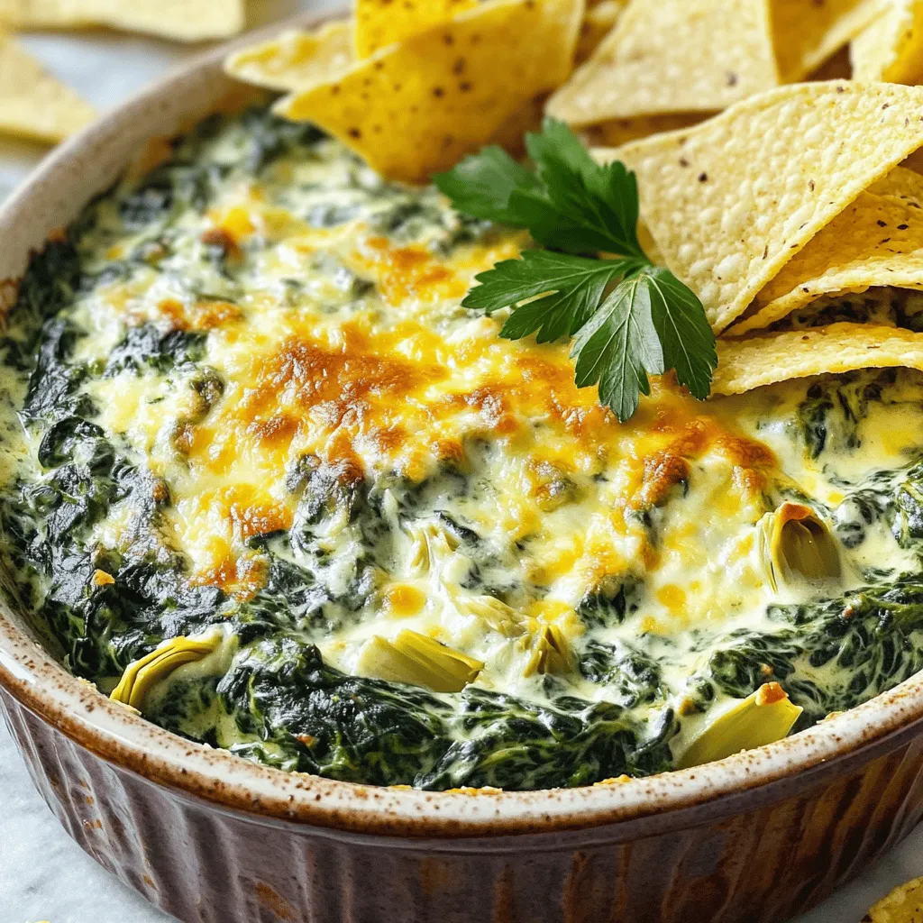 - 2 cups fresh spinach, chopped - 1 can (14 oz) artichoke hearts, drained and chopped - 1 cup cream cheese, softened - 1 cup sour cream - 1 cup shredded mozzarella cheese - 1/2 cup grated Parmesan cheese - 2 cloves garlic, minced - 1 teaspoon onion powder - 1/2 teaspoon red pepper flakes (optional) - Salt and pepper to taste - Tortilla chips or sliced baguette for serving To make a great Creamy Spinach and Artichoke Dip, you need these key ingredients. Fresh spinach adds color and nutrients. Artichoke hearts bring a unique, tangy taste. Cream cheese and sour cream create a smooth base. Mozzarella cheese gives it that gooey texture we all love. Parmesan cheese adds a savory kick. Garlic and onion powder enhance the flavors. Red pepper flakes add a touch of heat, but you can skip them if you prefer mild. Finally, don’t forget salt and pepper to taste. Now, let's talk about the equipment needed to whip up this dip. You’ll need a mixing bowl to combine everything. A baking dish is essential for cooking the dip. Lastly, an oven will bake your creation to perfection. This dip serves 6 to 8 people. Each serving has about 250 calories. The macronutrient breakdown includes roughly 15 grams of fat, 8 grams of carbs, and 10 grams of protein. This dip is rich and filling, making it a great choice for gatherings. For the full recipe, check out the details above. - Preheat your oven to 350°F (175°C). - In a mixing bowl, combine cream cheese and sour cream until smooth. To create the base of your dip, first, take your cream cheese. Make sure it is softened. This helps it mix easily with the sour cream. Use a sturdy spoon or a mixer to blend them well. You want a creamy texture that is free of lumps. - Stir in chopped spinach and artichoke hearts. - Add mozzarella, Parmesan, garlic, onion powder, and seasonings. Next, add your chopped spinach and artichoke hearts. Fresh spinach adds great flavor, but you can use frozen if needed. The artichokes bring a unique taste. Then, sprinkle in the mozzarella and Parmesan cheese. These cheeses melt nicely and give the dip a cheesy pull. Don't forget the minced garlic! It adds a lovely aroma. Mix in the onion powder and season with salt and pepper to taste. This step is key to making it flavorful. - Transfer the mixture to a baking dish and bake for 25-30 minutes. - Remove from the oven and cool slightly before serving. Now, pour the mixture into a baking dish. Spread it evenly to ensure it cooks well. Bake it in the preheated oven for 25-30 minutes. You want to see it bubbly and golden brown on top. Once done, take it out and let it cool slightly. This will help the flavors settle. Serve it warm for the best experience. You can enjoy this creamy spinach and artichoke dip with tortilla chips or a sliced baguette. For the full recipe, check the complete guide! To make your dip smooth and creamy, let the cream cheese sit out. When it reaches room temperature, it mixes better. Fresh spinach gives a great flavor, but frozen works too if fresh isn’t available. Just make sure to thaw and drain it well. Be careful not to overmix your ingredients. This can make the dip too mushy. Also, let your dip cool a bit before serving. If you serve it too hot, you might burn your mouth. Serve this dip warm for the best taste. It works great with tortilla chips or sliced baguette. For a nice touch, garnish with fresh herbs like parsley or a sprinkle of red pepper flakes. This adds color and a hint of extra flavor. Check the Full Recipe for more details! {{image_2}} You can change the cheeses in this dip to fit your taste. Try using cheddar or gouda for a new twist. If you want a vegan option, you can use cream cheese made from nuts and a plant-based sour cream. These swaps keep the dip creamy and tasty. Adding herbs can really boost the flavors of your dip. Fresh basil or dill adds a bright taste. You can also add spices like cumin or smoked paprika for a warm kick. If you want some extra richness, try adding cooked bacon bits. Sun-dried tomatoes can bring a sweet and tangy flavor. These additions make your dip unique and fun. When it comes to serving, think outside the box. You can use crispy breadsticks or crunchy crackers. For a fancy touch, serve the dip in small cups with fresh veggies. This makes a great hors d'oeuvre for parties. Get creative, and your guests will love it! For the full recipe, check the detailed steps above. After enjoying your creamy spinach and artichoke dip, let it cool down. Transfer any leftovers to a clean, airtight container. Store the dip in the fridge. When kept properly, it will last for about 3 to 5 days. This way, you can savor the flavors again soon. To enjoy your dip again, you can reheat it. The best method is using the oven. Preheat your oven to 350°F (175°C) and place the dip in a baking dish. Heat for about 15-20 minutes until it’s warm and bubbly. If you choose the microwave, do so in short bursts. Heat for about 1 minute, stir, and check if it’s warm enough. The oven keeps the texture nice, while the microwave is quicker. Yes, you can freeze this dip! To freeze, place it in a freezer-safe container. Make sure to leave some space at the top, as it will expand. It can last in the freezer for up to 2 months. When you’re ready to eat it, move it to the fridge to thaw overnight. Reheat in the oven for the best results. Avoid freezing it more than once to keep the taste and texture great. For the full recipe, check back to make your next batch! To add spice to your dip, use more red pepper flakes. You can also mix in diced jalapeños or a splash of hot sauce. For a smoky flavor, try smoked paprika. These changes will give your dip a nice kick without losing its creamy texture. Yes, you can prepare this dip a day before. Simply follow the recipe, but don’t bake it yet. Store the mixed dip in the fridge, covered. When you’re ready to serve, just bake it as directed. This makes it easy for parties or gatherings. This dip pairs well with tortilla chips, sliced baguette, or pita chips. You can also use fresh veggies like carrots or celery sticks. These sides add crunch and balance the creaminess of the dip. Creamy Spinach and Artichoke Dip has some healthy ingredients. Spinach and artichokes are good for you. They provide vitamins and minerals. However, the dip is high in fat and calories due to cream cheese and sour cream. Enjoy it in moderation for a balanced diet. For a lighter version, you can use Greek yogurt instead of sour cream. Check the Full Recipe for easy steps to make this tasty dip! This blog post shared how to make a delicious creamy spinach and artichoke dip. We covered ingredients, steps, tips, and storage methods. You now have all you need to prepare a tasty dish. Whether you tweak the recipe or follow it closely, enjoy the flavors. Try it at your next gathering; I bet it will be a hit. With practice, you’ll impress everyone with your cooking skills. Get ready to share this warm, cheesy dip that brings smiles every time!