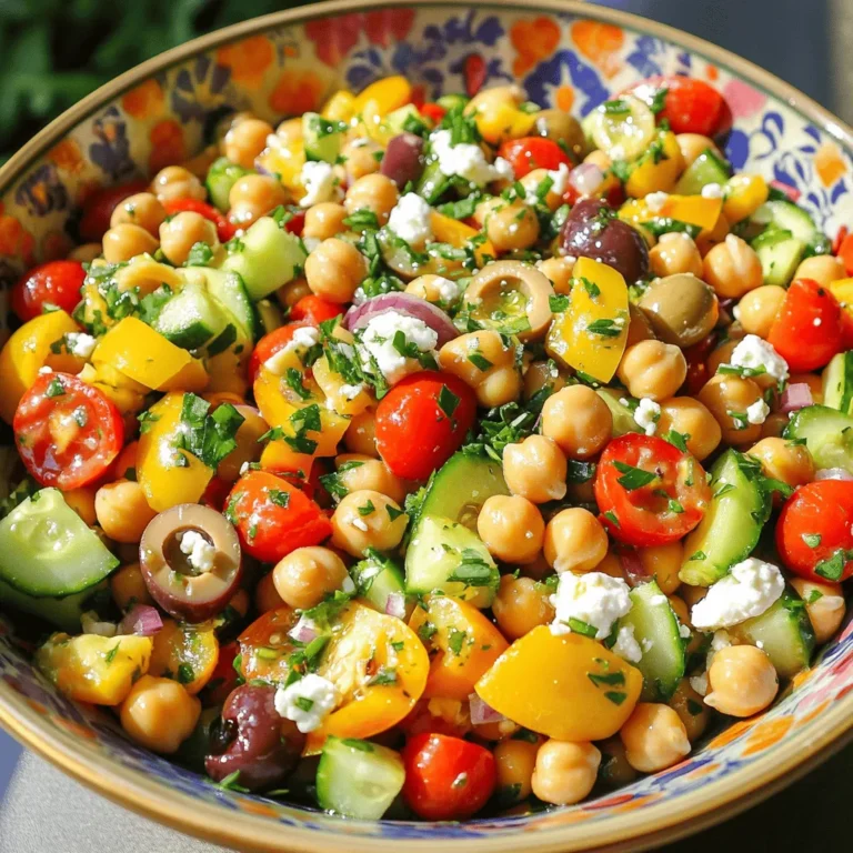 To make this bright salad, gather these tasty ingredients: - 1 can (15 oz) chickpeas, rinsed and drained - 1 cup cherry tomatoes, halved - 1 cucumber, diced - ½ red onion, finely chopped - 1 bell pepper (any color), diced - ½ cup kalamata olives, pitted and sliced - ¼ cup feta cheese, crumbled - ¼ cup fresh parsley, chopped - 3 tablespoons olive oil - 2 tablespoons lemon juice - 1 teaspoon dried oregano - Salt and pepper to taste This salad packs a punch of nutrition. Chickpeas offer protein and fiber. They help keep you full. Tomatoes and cucumbers add hydration and vitamins. Feta cheese gives flavor and calcium. Olives provide healthy fats. Overall, this dish is balanced and energizing. It suits many diets. You can swap some ingredients if you want. Try black beans instead of chickpeas for a twist. Use diced zucchini instead of cucumber for a different crunch. If you don’t like feta, try goat cheese or skip it altogether. For a vegan option, replace feta with avocado. Enjoy experimenting with flavors! You need only 15 minutes to prepare this salad. It’s quick and easy for busy days. Gather your ingredients first. This makes the process smooth and fun. 1. Take a large mixing bowl. Add the rinsed and drained chickpeas. 2. Next, toss in the halved cherry tomatoes, diced cucumber, and chopped red onion. 3. Add the diced bell pepper and sliced kalamata olives for crunch. 4. Then, sprinkle in the crumbled feta cheese and freshly chopped parsley. 5. In a small bowl, whisk the olive oil, lemon juice, dried oregano, salt, and pepper. 6. Pour this dressing over the salad mixture. Toss gently to coat everything well. 7. Taste your salad. Adjust the salt, pepper, or lemon juice if needed. 8. Let it rest for at least 15 minutes. This helps the flavors blend. For a great texture, use fresh vegetables. Crunchy cucumbers and ripe tomatoes make a big difference. If you like a bit more flavor, add more feta cheese. The feta adds creaminess and saltiness. Also, let the salad sit. This allows all the flavors to mix well. It tastes even better after a short wait. You can find the full recipe online for more details. To boost the taste of your Mediterranean chickpea salad, consider these tips: - Add fresh herbs: Chopped mint or basil can add a burst of flavor. - Use fresh lemon zest: This adds a bright, citrus note that lifts the dish. - Try different olives: Green olives or even marinated ones can change the flavor. - Experiment with spices: A pinch of cumin or smoked paprika can add depth. - Marinate longer: Letting the salad sit for a few hours enhances the flavors. When serving your Mediterranean chickpea salad, think about these ideas: - Serve it chilled: This salad tastes best when it’s cold. - Pair with pita bread: Soft pita is great for scooping up the salad. - Use as a side dish: It goes well with grilled meats or fish. - Top with extra feta: A little more cheese adds a nice touch. - Garnish with parsley: A sprinkle of fresh parsley makes it look pretty. This salad works for many occasions: - Perfect for lunch: Light and filling, it’s great for midday meals. - Ideal for picnics: Its portability makes it a picnic favorite. - Great for barbecues: It adds color and flavor to any outdoor gathering. - Wonderful for meal prep: Make it ahead for easy lunches during the week. - Serve at parties: It’s a crowd-pleaser that everyone enjoys. For the detailed preparation steps and full recipe, check the [Full Recipe]. {{image_2}} You can boost your Mediterranean chickpea salad with protein. Grilled chicken adds flavor and texture. Use cooked chicken breast, diced into bite-sized pieces. Tuna is a great choice too. It gives a rich taste without overpowering the salad. Just mix in canned tuna, drained and flaked. Both options make your salad more filling. To keep your salad vegan, skip the feta cheese. Instead, use avocado for creaminess. It adds healthy fats and a rich flavor. You can also try marinated tofu. It soaks up the dressing well and adds protein. Another option is to use a vegan cheese substitute. This keeps the salad flavorful and satisfying. Change your salad with the seasons. In summer, add fresh corn or zucchini for crunch. In fall, diced apples or roasted squash work well. For winter, try pomegranate seeds for a pop of color and sweetness. These seasonal swaps keep your chickpea salad exciting and fresh all year round. For the full recipe, check out the Mediterranean Chickpea Salad. To keep your Mediterranean chickpea salad fresh, store it in an airtight container. Place the container in the fridge right after you finish eating. This helps to seal in flavors and keep ingredients crisp. Use the salad within three days for the best taste. If you notice any extra liquid, drain it before eating. Though I don’t recommend freezing this salad, you can freeze chickpeas separately. Place them in a freezer-safe bag. Remove as much air as you can before sealing. When you want to enjoy them, thaw the chickpeas in the fridge overnight. Mix them with fresh veggies and dressing for a quick meal. Mediterranean chickpea salad lasts about three days in the fridge. Look for signs of spoilage like a sour smell or slimy texture. If the tomatoes or cucumber look mushy, it’s time to toss it out. Always trust your senses! Keeping these tips in mind will help you enjoy the salad at its best. For the full recipe, check the earlier section. To make Mediterranean Chickpea Salad, you will need these fresh ingredients: - 1 can (15 oz) chickpeas, rinsed and drained - 1 cup cherry tomatoes, halved - 1 cucumber, diced - ½ red onion, finely chopped - 1 bell pepper (any color), diced - ½ cup kalamata olives, pitted and sliced - ¼ cup feta cheese, crumbled - ¼ cup fresh parsley, chopped - 3 tablespoons olive oil - 2 tablespoons lemon juice - 1 teaspoon dried oregano - Salt and pepper to taste Start by mixing the chickpeas, tomatoes, cucumber, onion, bell pepper, and olives in a large bowl. Then, add the feta cheese and parsley. For the dressing, whisk olive oil, lemon juice, oregano, salt, and pepper in another bowl. Pour the dressing on the mixture and toss gently. Let it sit for 15 minutes before serving. You can find the Full Recipe for exact steps and tips. Yes, you can prepare Mediterranean Chickpea Salad in advance. It tastes better after sitting for a while. Make it up to a day ahead. Just store it in the fridge in a tight container. The flavors will deepen, and it will stay fresh. However, if you add feta cheese, wait until you serve it to keep it from getting soggy. Mediterranean Chickpea Salad pairs well with many dishes. You can serve it with pita bread for a classic combo. Grilled chicken or fish also works nicely. For a light meal, enjoy it with a bowl of soup. You can even serve it as a side dish with your favorite Mediterranean main course. This article covered everything you need for Mediterranean Chickpea Salad. You learned the key ingredients, nutritional facts, and how to swap items. I shared step-by-step cooking details and tips for the best texture. We explored ways to enhance flavor and suggested serving ideas. You now know how to store the salad and when to use it. In conclusion, this salad is versatile and easy to make. Try different variations to find your favorite. Enjoy this fresh and healthy dish often!