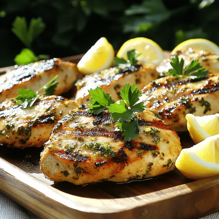 To make herbed lemon grilled chicken, you need simple yet fresh ingredients. Here’s a list of what you will need: - 4 boneless, skinless chicken breasts - 1/4 cup olive oil - 3 tablespoons fresh lemon juice - Zest of 1 lemon - 3 cloves garlic, minced - 2 teaspoons dried oregano - 2 teaspoons dried thyme - 1 teaspoon rosemary, finely chopped - 1 teaspoon salt - 1/2 teaspoon black pepper - Fresh parsley, chopped (for garnish) These ingredients work together to create a bright and tasty flavor. The lemon juice adds zest, while the herbs bring depth. Using the right herbs makes a big difference. Here are my favorites and why I love them: - Oregano: This herb adds a warm, aromatic taste. It also has antioxidants. - Thyme: Thyme has a subtle, earthy flavor. It may help with digestion. - Rosemary: This herb offers a pine-like taste. It can boost memory and concentration. These herbs not only taste great but also offer health benefits. They make the chicken flavorful and fresh. If you wish to take your dish up a notch, consider these optional ingredients: - Chili flakes: Add a little heat for spice lovers. - Honey: A touch of sweetness can balance the acidity of the lemon. - Lemon slices: Throw them on the grill for extra citrus flavor. These ingredients help customize your dish. Feel free to mix and match to suit your taste. For the full recipe, check out the details above. Start by making the marinade. In a large bowl, combine olive oil, lemon juice, lemon zest, and minced garlic. Next, add the dried oregano, thyme, rosemary, salt, and black pepper. Whisk this mix until it blends well. Now, place the chicken breasts in the bowl, ensuring they are fully coated in the marinade. Cover the bowl and put it in the fridge. Let the chicken marinate for at least 30 minutes. If you have time, marinate for up to 4 hours. This step helps the chicken soak up all the tasty flavors. Preheat your grill to medium-high heat, around 375°F to 400°F. Take the chicken out of the marinade. Let the excess marinade drip off. Place the chicken on the hot grill. Cook each side for 6-8 minutes. You want the chicken to reach an internal temperature of 165°F. When done, the juices should run clear. This means your chicken is perfectly grilled and safe to eat. Once the chicken is off the grill, let it rest for 5 minutes. This helps keep it juicy. After resting, slice the chicken and serve it on a platter. Garnish with fresh chopped parsley for a pop of color. You can also add lemon wedges and serve with grilled vegetables or a light salad. Enjoy your Herbed Lemon Grilled Chicken! For the complete recipe, check the Full Recipe section. To get those nice grill marks, start with a hot grill. Preheat it to medium-high heat. Place the chicken on the grill and let it sit without moving it for 6 to 8 minutes. When you flip it, you should see those beautiful lines. Keep the lid closed to keep the heat in. This way, your chicken cooks evenly and stays juicy. To check if your chicken is done, use a meat thermometer. The internal temperature should reach 165°F. If you don’t have a thermometer, cut into the thickest part of the chicken. The juices should run clear, not pink. This ensures your chicken is safe to eat and perfectly cooked. Feel free to mix it up with your herbs. Instead of oregano, try basil or cilantro for a fresh twist. You can also switch lemon juice with lime juice for a different zing. Want some heat? Add a pinch of red pepper flakes to the marinade. These simple swaps can create new and exciting flavors in your Herbed Lemon Grilled Chicken. For the full recipe, check out the detailed instructions above. {{image_2}} You can change the flavor of your chicken with a citrus herb marinade. Simply replace the lemon juice with orange or lime juice. Add some zest from these fruits for extra zing. This mix brightens up the taste and adds a sweet touch. Try using fresh herbs like basil or cilantro for a fresh twist. The chicken will taste fresh and lively. If you like heat, add some spice to your grilled chicken. Mix red pepper flakes into the marinade for a kick. You can also use a spicy sauce like Sriracha or hot sauce. Just a teaspoon can change the whole dish. This spicy version pairs well with a cooling side, like yogurt sauce. It adds depth and excitement to each bite. For a fun twist, make chicken skewers. Cut the chicken breasts into chunks and marinate them as usual. Thread the pieces onto skewers with veggies like bell peppers and onions. Grill them until the chicken is cooked through. This makes a great dish for parties. You can even serve them with a tasty dipping sauce. Enjoy the burst of flavors in every bite. For the full recipe and more ideas, check out the Herbed Lemon Grilled Chicken. After enjoying your herbed lemon grilled chicken, store leftovers right. Let the chicken cool down first. Then, place it in an airtight container. This keeps it fresh for up to three days in the fridge. Make sure to label the container with the date. This way, you won't forget about it! When it's time to eat the leftovers, reheating is key. Use an oven or a skillet for the best taste. Preheat your oven to 350°F. Place the chicken on a baking sheet and cover it with foil. Heat for about 15 minutes. If using a skillet, add a splash of water and cover it. This keeps the chicken juicy. Always check the internal temperature. It should reach 165°F for safety. Want to save some for later? Freezing is a great option! Wrap the chicken tightly in plastic wrap. Then, place it in a freezer bag. Remove as much air as you can. It can last for up to three months in the freezer. When you're ready to eat, thaw it overnight in the fridge. Reheat as mentioned above for the best flavor. For the full recipe, check back to ensure you don't miss any steps! You should marinate the chicken for at least 30 minutes. This lets the flavors soak in. For a better taste, you can marinate it for up to 4 hours. Longer marinating time makes the chicken juicy and tasty. Just don’t go over 24 hours, or the chicken may get too soft. Yes, you can use bone-in chicken for this recipe. Bone-in chicken adds more flavor. Just remember that it will take longer to cook. Check the internal temperature. It should still reach 165°F to be safe to eat. Many sides go well with Herbed Lemon Grilled Chicken. Here are a few great options: - Grilled vegetables like zucchini and bell peppers - A light salad with mixed greens and vinaigrette - Roasted potatoes or sweet potatoes - Rice pilaf or lemon-flavored couscous These sides will enhance your meal and offer a nice balance to the dish. For the full recipe, check out the previous sections. We explored the steps to make herbed lemon grilled chicken. From choosing the best ingredients to marinating techniques, I shared key tips for grilling. Variations like spicy or citrus herb add fun twists. Proper storage keeps leftovers tasty for later meals. In the end, you can enjoy a flavorful dish that's easy to make. Whether you’re grilling for family or friends, these tips will help you shine in the kitchen. A great meal awaits you!