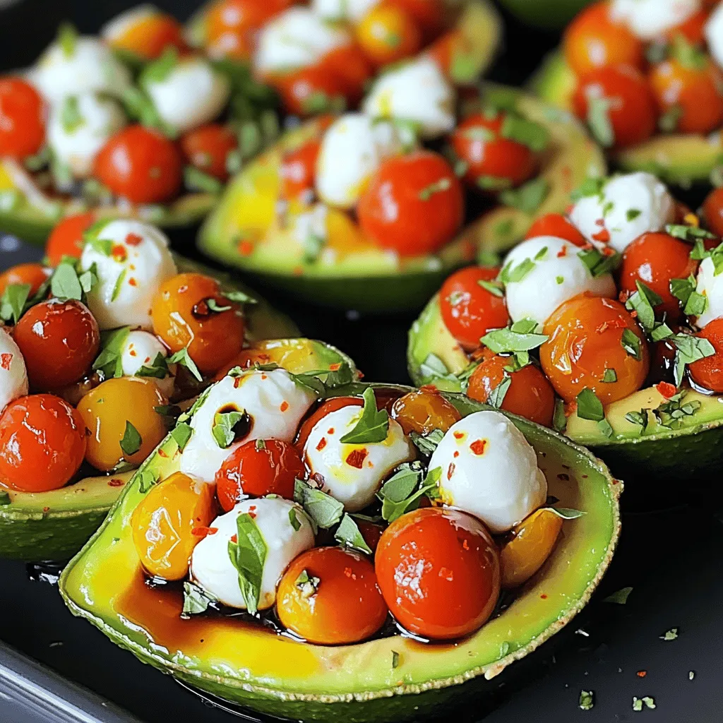 - 2 ripe avocados - 1 cup cherry tomatoes, halved - 1 cup fresh mozzarella balls, halved or diced - 1/4 cup fresh basil leaves, chopped - 2 tablespoons balsamic glaze - 1 tablespoon extra virgin olive oil - Salt and pepper to taste - Optional: Pinch of crushed red pepper flakes The ingredients for Caprese stuffed avocados are simple and fresh. Start with two ripe avocados. They should feel slightly soft when you press them gently. Next, gather one cup of cherry tomatoes. Halve them for easy mixing. You will also need one cup of fresh mozzarella balls. If you can't find them, you can cut larger mozzarella into cubes. Chop up a quarter cup of fresh basil leaves. This herb adds a burst of flavor. For a sweet and tangy touch, grab two tablespoons of balsamic glaze. You can find this in most grocery stores. Add one tablespoon of extra virgin olive oil to enhance the dish's richness. Don’t forget salt and pepper to taste. If you love a little kick, sprinkle in a pinch of crushed red pepper flakes. Each serving of this dish is packed with nutrients. It includes healthy fats from the avocados. The mozzarella adds protein and calcium. Fresh tomatoes provide vitamins and antioxidants. Overall, this dish is low in calories and high in flavor. - Cutting board - Chef's knife - Mixing bowl You will need a cutting board and a sharp chef’s knife to chop and slice. A mixing bowl helps combine all the ingredients easily. These tools make the process smooth and quick. For the full recipe, check out the [Full Recipe]. - Cut each avocado in half. - Carefully remove the pit with a knife. - Use a spoon to scoop out some flesh. - Set aside the scooped avocado in a bowl. By scooping some of the flesh, you make more room for the filling. This step is key to a great dish. - In a mixing bowl, combine the halved cherry tomatoes. - Add the halved or diced mozzarella balls. - Toss in the chopped basil too. - Drizzle in the olive oil and balsamic glaze. - Season with salt and pepper to taste. Mix the ingredients gently. If you like heat, add a pinch of crushed red pepper flakes. This adds a nice kick! - Generously fill each avocado half with the Caprese mixture. - Pile the filling high for a beautiful look. For garnishing, drizzle more balsamic glaze over the top. You can also add extra basil for color and flavor. This step makes your dish pop! You can find the full recipe for Caprese Stuffed Avocados in the earlier section. Enjoy this fresh and tasty dish! To find ripe avocados, look for a dark green skin. Gently squeeze; it should feel soft but not mushy. If it's too hard, leave it on the counter for a few days. Once ripe, store it in the fridge to slow down the ripening. This way, you can enjoy your avocados longer. Caprese stuffed avocados shine on their own, but they pair well with many items. Try serving them with slices of crusty bread. A fresh garden salad adds a nice crunch. For a heartier meal, serve them alongside grilled chicken or fish. These combos make for a balanced and colorful plate. To boost flavor, think about adding spices or herbs. A sprinkle of garlic powder gives a nice kick. You can also try adding fresh herbs like oregano or thyme. If you like heat, a pinch of red pepper flakes works great. These small tweaks make your Caprese stuffed avocados even more delightful. For the full recipe, check out the details above. {{image_2}} You can switch up the cheese in your Caprese stuffed avocados. Feta or goat cheese adds a tangy twist. These cheeses melt differently than mozzarella, giving a unique taste. You can also add other veggies. Bell peppers or cucumbers can give a nice crunch. Just chop them small and mix them in. This way, you create a fresh flavor. If you want a vegan version, leave out the cheese. You can use avocado or a nut-based cheese instead. This keeps the dish creamy and rich. Make sure to check any sauces for hidden dairy. For gluten-free eaters, this recipe is perfect as is. Just be careful with any added dressings or sauces. You can serve Caprese stuffed avocados as an appetizer or a main dish. As an appetizer, make smaller portions. For a main dish, serve larger halves with salad. You can also decide if you want them cold or warm. Cold stuffing feels fresh, while warm stuffing can be comforting. There’s no wrong choice here; just go with what you love! For the full recipe, check out the Caprese Stuffed Avocados 🥑. To keep your Caprese stuffed avocados fresh, store them properly. First, place any leftover stuffed avocados in an airtight container. This helps to reduce air exposure. If you notice browning, squeeze some lemon juice on the exposed avocado flesh. It prevents oxidation and keeps it vibrant. Store them in the fridge to maintain freshness. Stored correctly, your Caprese stuffed avocados can last about one to two days in the fridge. After this time, they may begin to lose flavor and texture. If you only have the filling left, it can last up to three days in the fridge. Just remember to keep it sealed well. Avocados do not reheat well because they can become mushy. Instead, enjoy your stuffed avocados cold. If you want to warm the filling, use a microwave for about 10-15 seconds. Check it often to avoid overheating. Always keep the avocado halves cold for the best taste. For the full recipe, check the link above. If you don’t have basil, try using fresh parsley or cilantro. Both add great flavor. You can also use oregano or thyme for a different taste. Each herb gives a unique twist to your Caprese stuffed avocados. If you want a spicy kick, try arugula. Yes, you can use leftover filling! Store it in an airtight container in the fridge. Use the filling in salads, sandwiches, or as a dip with crackers. The flavors will blend nicely. Just remember to eat it within a few days for the best taste. You can easily make a dairy-free version. Substitute mozzarella with avocado or hummus for a creamy texture. Another option is using vegan cheese. It works well and keeps the dish fresh. Just be sure to check the labels for any allergens. This blog post covered how to make delicious Caprese stuffed avocados. We discussed the needed ingredients, kitchen tools, and step-by-step instructions. I shared tips for choosing ripe avocados and ways to enhance the flavors. You can also explore variations to make the dish your own. In conclusion, this recipe is simple and satisfying. It brings fresh flavors together in a fun way. Enjoy making these tasty stuffed avocados for a healthy meal or snack!