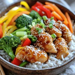 - Chicken: I recommend using boneless, skinless chicken thighs. They stay juicy and tender. Cut the chicken into bite-sized pieces for even cooking. - Vegetables: Use colorful veggies like bell peppers and broccoli. Carrots add crunch and sweetness. You can also try snap peas or zucchini for variety. - Sauce: You can use store-bought teriyaki sauce for ease. If you prefer, make your own for more flavor. A mix of soy sauce, ginger, and honey works well. - Alternative proteins: If you want a different protein, try boneless chicken breast, shrimp, or tofu. Each option brings its own taste and texture. - Vegetable swaps: Feel free to swap out bell peppers for asparagus or mushrooms. Use whatever you have on hand! - Sauce alternatives: If you don’t have teriyaki sauce, a mix of soy sauce and honey can work. You can also use hoisin sauce for a different twist. - Calories per serving: Each serving has about 450 calories. This makes it a filling meal option. - Macros breakdown: You get around 30g of protein, 50g of carbs, and 15g of fats. This balance helps keep you energized. - Health benefits: Chicken is a great source of lean protein. Broccoli adds vitamins and minerals. Carrots provide fiber and antioxidants, making this dish healthy and satisfying. For the full recipe, check out the details above and enjoy your cooking! Marinating the chicken is key. It lets the flavors soak in well. You should mix the chicken with minced ginger, garlic, soy sauce, and teriyaki sauce. I recommend letting it marinate for at least 15 minutes. This short time makes a big difference in taste. Use a large skillet or wok for cooking. Heat sesame oil over medium heat. Once the oil is hot, add the marinated chicken. Cook it for about 7 to 10 minutes. Stir it often to make sure it browns evenly. You want it to be golden and cooked through. For crisp vegetables, add them at the right time. After the chicken is cooked, toss in the sliced bell pepper, broccoli florets, and julienned carrot. Stir-fry these for about 5 minutes. This keeps them tender yet crisp, adding great texture. To assemble your bowls, scoop jasmine rice into each bowl first. Then, top it with the teriyaki chicken and stir-fried veggies. For a pretty touch, add chopped green onions and a sprinkle of sesame seeds. Presentation matters, so make it look nice! Check out the Full Recipe for more details. Making your own teriyaki sauce is simple and fun. Start with these basics: - 1/2 cup soy sauce - 1/4 cup mirin (sweet rice wine) - 1/4 cup brown sugar - 1 tablespoon cornstarch for thickening. Mix these ingredients in a saucepan. Heat until the sugar dissolves. For added depth, include minced garlic and ginger. Taste and adjust the sweetness or saltiness to your liking. Balancing these flavors creates a rich sauce that brings your chicken to life. Cooking time can change based on your stove and pan. If you use a non-stick skillet, the chicken may cook quicker. For larger batches, increase both the marinating and cooking times. Always check the chicken for doneness. It should reach an internal temperature of 165°F. Cooking in batches can help ensure even cooking. Teriyaki chicken bowls shine with the right sides. Try serving them with: - Steamed edamame - Cucumber salad - Pickled ginger These sides add freshness and texture. For drinks, I recommend pairing with green tea or a light beer. Both options enhance the savory flavors of your teriyaki chicken. Enjoy your meal and share the love with friends! For a full guide, check the Full Recipe. {{image_2}} You can swap chicken for tofu or tempeh. Both options work well. Tofu absorbs flavors nicely. Tempeh has a firmer texture and adds protein. Use the same marinating method for both. Adjust the sauces to fit your taste. Use less soy sauce for a milder flavor. You can also add sesame oil to enhance taste. For a gluten-free dish, use gluten-free soy sauce. This keeps the flavor without the gluten. Also, consider rice options like quinoa or cauliflower rice. Both provide great textures and flavors. You can even mix brown rice for added nutrition. To add some flair, think about Asian-inspired flavors. Try mixing in some hoisin sauce or sriracha. These can give a spicy kick to your bowls. You can also explore fusion ideas. For example, combine Thai basil or Korean kimchi. Both add unique tastes and vibrant colors. Each twist makes the meal exciting! Try these variations to keep things fresh. For more ideas, check out the Full Recipe. Leftover teriyaki chicken bowls can last in the fridge for about 3 to 4 days. To keep them fresh, store them in an airtight container. Make sure the chicken cools down before you seal it. This helps prevent moisture buildup. Label the container with the date. This way, you know when to enjoy it again. You can freeze teriyaki chicken bowls for up to 3 months. To do this, let the dish cool completely. Then, place it in a freezer-safe container or a heavy-duty freezer bag. Squeeze out any air to avoid freezer burn. When you’re ready to eat, thaw it overnight in the fridge. Reheat it gently on the stove or in the microwave. Stir occasionally to heat evenly. Use glass or BPA-free plastic containers for storing your meals. These options keep food fresh and safe. For easy meals, consider cooking extra chicken and veggies. You can also prepare rice ahead of time. This will make your teriyaki bowls quick to assemble on busy days. With the full recipe on hand, you can whip up a delicious meal anytime. Teriyaki chicken is a sweet and savory dish. It features marinated chicken cooked in a flavorful teriyaki sauce. This sauce usually contains soy sauce, sugar, and mirin. The dish has a glossy finish and a rich taste that many enjoy. It is often served with rice or vegetables, making it a complete meal. Yes, you can prepare teriyaki chicken bowls ahead of time. For meal prep, cook the chicken and veggies in advance. Store them in separate containers in the fridge. When you are ready to eat, simply reheat them in the microwave or on the stove. This method saves time on busy days. You can also prepare the rice in bulk. Just make sure to keep everything fresh. You can serve teriyaki chicken bowls with various sides. Here are some tasty options: - Steamed edamame - Cucumber salad - Pickled vegetables - Miso soup - Fruit salad These sides add flavor and texture to your meal. They also help balance the dish. To make teriyaki chicken bowls healthier, consider these tips: - Use skinless chicken breast instead of thighs. - Add more colorful veggies like bell peppers and snap peas. - Choose brown rice for more fiber and nutrients. - Use less teriyaki sauce or make a lighter version. These changes can reduce calories and boost nutrition while keeping the dish delicious. For the full recipe, refer to the main article. To wrap up, we've explored how to make delicious Teriyaki Chicken Bowls. We discussed key ingredients like chicken, veggies, and sauces. You learned about ingredient swaps and nutritional benefits to fit your needs. We also detailed cooking methods, tips for perfecting your sauce, and various serving ideas. Remember, meal prep can make this dish even easier. With these insights, you can enjoy tasty, healthy bowls at home. Happy cooking!