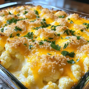 - Cauliflower florets - Variety of cheeses: - 1 cup sharp cheddar cheese, shredded - 1/2 cup mozzarella cheese, shredded - 1/2 cup cream cheese, softened - 1/4 cup grated Parmesan cheese - Dairy components: - 1/2 cup sour cream - 1 teaspoon garlic powder - 1 teaspoon onion powder - 1/4 teaspoon paprika - Salt and pepper to taste - 1/2 cup breadcrumbs for topping - 2 tablespoons fresh parsley for garnish When I create this cheesy cauliflower casserole, I focus on fresh, simple ingredients. The base starts with cauliflower florets. This veggie gives a lovely texture and absorbs flavors well. I mix several cheeses to create a rich, creamy dish. Sharp cheddar adds a nice kick, while mozzarella melts beautifully. Cream cheese and sour cream ensure the casserole stays moist and creamy. For flavor, I use garlic and onion powder. These spices give depth without overpowering the dish. Paprika adds a subtle warmth and color. Don’t forget salt and pepper; they round out the taste perfectly. If you want extra crunch, consider adding breadcrumbs on top. They give a nice contrast to the soft cauliflower. Fresh parsley is not just for looks; it adds a fresh burst of flavor. For the full recipe, check out the [Full Recipe]. Start by washing the cauliflower. Cut it into small florets. This helps them cook evenly. You can steam them in a pot for 5-7 minutes. If you prefer, use a microwave for 4-5 minutes. The goal is for them to be tender, not mushy. Next, grab a large mixing bowl. Combine the cream cheese and sour cream. Add garlic powder, onion powder, paprika, salt, and pepper. Mix these until smooth and creamy. This mixture gives the casserole its rich flavor. Now, fold in the steamed cauliflower. Add half of the shredded cheddar and mozzarella cheese. Mix gently, so every floret is coated in the cheese blend. This step really brings the dish together. Transfer this cheesy goodness to a greased 9x13 inch baking dish. Spread it out evenly. For a tasty topping, sprinkle the remaining cheddar and mozzarella cheese over the top. Add grated Parmesan cheese for extra flavor. If you like a crispy crust, you can add breadcrumbs on top. Preheat your oven to 375°F (190°C). This temperature helps the cheese melt and brown nicely. Bake the casserole for 25-30 minutes. You'll know it’s ready when the cheese is bubbly and golden. When it’s done, take it out and let it sit for a few minutes. This makes serving easier. You can scoop it into bowls or plates. For a delicious meal, serve it alongside a fresh salad or some crusty bread. Enjoy your hearty, cheesy casserole! For the full recipe, check out the details above. To get the creaminess just right, steam the cauliflower until it’s barely tender. This keeps it from turning mushy. When mixing, make sure to combine the cream cheese and sour cream well. This helps create that smooth texture you want. For a crispy topping, sprinkle breadcrumbs over the cheese. Bake until golden brown for that perfect crunch. You can add flavor by mixing in cooked bacon or sautéed vegetables like spinach or bell peppers. This adds depth and makes it unique. If you want to switch the cheese, try using gouda or a dairy-free cheese. Both options give great taste and fit different diets. If your casserole is runny, it might need more baking time. Let it bake longer to thicken up. Also, make sure you drain any excess water from the steamed cauliflower. If the cheese doesn’t melt, check your oven temperature. It may need to be a bit hotter to melt properly. You can also cover the dish with foil to help the cheese melt faster. For the full recipe, check out the instructions above! {{image_2}} You can make this cheesy cauliflower casserole even better by adding more veggies. Broccoli and carrots work great here. Just chop them up and mix them in with the cauliflower. This adds color, crunch, and more nutrients. If you're dairy-free, try using nutritional yeast for a cheesy flavor. You can also use plant-based cheeses that melt well. They give you the creaminess you crave without the dairy. If you're watching your carbs, you can still enjoy this dish. Instead of breadcrumbs, use crushed pork rinds or almond flour for the topping. They add texture without the carbs. You can also replace sour cream with Greek yogurt to cut calories. It keeps the dish creamy while adding protein. Just remember, the key is to keep the flavors bold and rich. Scaling this recipe is easy. If you want to serve more, just double the ingredients. For smaller portions, you can cut everything in half. If you change the size, adjust your baking time too. A larger dish may need a few extra minutes, while a smaller one may cook faster. Keep an eye on the cheese; it should be bubbly and golden. For the full recipe, check out the details above! Store leftover cheesy cauliflower casserole in an airtight container. This keeps it fresh and tasty. Try to eat leftovers within three to four days. If you want to save it longer, freezing is a great option. Use glass or plastic containers. Make sure they are safe for the freezer. Label your containers with the date to track freshness. To reheat, use the oven for the best taste and texture. Preheat your oven to 350°F (175°C). Place the casserole in a baking dish and cover it with foil. Heat for about 20 minutes. This helps keep it moist. If you use a microwave, heat in short bursts. Stir often to avoid dry spots. Add a splash of milk or cream if it seems dry. If you want to freeze it, let the casserole cool completely first. Wrap it tightly in plastic wrap, then in foil. This helps to prevent freezer burn. You can freeze it for up to three months. To thaw, move it to the fridge for a day. After thawing, reheat it in the oven or microwave. Follow the same reheating tips for the best results. For the full recipe, check out the detailed instructions to enjoy this dish any time! You can use several options if you need a cream cheese substitute. Here are a few ideas: - Greek yogurt offers a thick texture and tangy flavor. - Ricotta cheese is creamy and mild. - Cottage cheese blended smooth can work too. - Silken tofu is a great choice for a dairy-free option. Each alternative adds its own twist to the dish. The flavors may change a bit, but the creaminess stays. Experiment and find what you like best! Yes, you can use frozen cauliflower! It is quick and easy. Here are some pros and cons: - Pros: Frozen cauliflower is already cut and prepped. It also lasts longer than fresh. - Cons: Frozen cauliflower can be a bit watery when cooked. This may affect the casserole texture. To minimize water, thaw the cauliflower and drain before using it. This helps keep your casserole creamy. Your Cheesy Cauliflower Casserole can last about 3 to 5 days in the fridge. Here are some tips for keeping it fresh: - Store it in an airtight container. - Make sure it cools to room temperature before sealing it. This helps avoid condensation, which can make your casserole soggy. Yes, this recipe can be gluten-free! To keep it that way, choose the right breadcrumbs: - Look for gluten-free breadcrumbs at the store. - You can also use crushed nuts or seeds for a crunchy topping. Check your cheese labels too, as some may contain gluten. Enjoy this comforting dish without worry! For the full recipe, check out the Cheesy Cauliflower Casserole instructions above! This blog post covered how to make a Cheesy Cauliflower Casserole. We explored the main ingredients, including cauliflower and a mix of cheeses. I shared step-by-step prep and baking tips for the best results. We also discussed fun variations and storage methods for leftovers. In the end, you can enjoy this dish tailored to your taste. With these tips, you can create a cheesy treat everyone loves. Happy cooking!