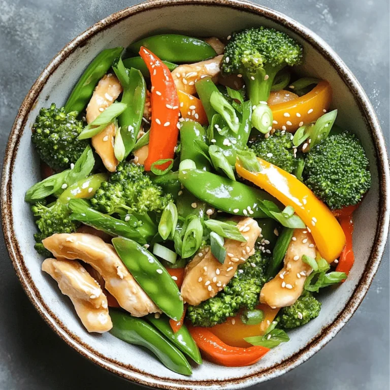 - 1 lb boneless, skinless chicken breast, thinly sliced - 2 tablespoons vegetable oil - 1 cup broccoli florets - 1 bell pepper, sliced - 1 medium carrot, thinly sliced - 1 cup snap peas - 3 cloves garlic, minced - 2 tablespoons soy sauce - 1 tablespoon ginger, freshly grated - 1 tablespoon sesame oil - Salt and pepper to taste - 2 green onions, finely sliced - Sesame seeds - Wok or skillet - Cutting board - Knife First, chop your chicken and vegetables. This makes cooking fast and easy. Use a cutting board and a sharp knife. Slice the chicken into thin strips. Then, chop the broccoli, bell pepper, and carrot. Make sure all your veggies are ready to go. Measure out your sauces, too. Next, heat 2 tablespoons of vegetable oil in your wok or skillet. Turn the heat to medium-high. Once the oil is hot and shimmering, add the sliced chicken. Spread it out in a single layer. Season with salt and pepper. Cook for 4-5 minutes until the chicken is browned and cooked through. Remove the chicken from the pan and set it aside. In the same pan, add minced garlic and grated ginger. Stir for about 30 seconds until it smells great. Then, add the broccoli, bell pepper, carrot, and snap peas. Cook for 3-4 minutes. Stir often until the vegetables are bright and tender-crisp. Now, return the cooked chicken to the pan. Pour in the soy sauce and sesame oil. Toss everything together to mix well. Stir-fry for another 2 minutes to make sure it's all heated through. You can find the full recipe for this delicious dish above! To get the best stir-fry, use high heat. A hot pan cooks the chicken fast. It keeps the chicken juicy and tender. If the heat is too low, the chicken stews instead of frying. This can make it dry. - Use a wok or large skillet. These tools hold heat well. - Preheat your pan. Make sure the oil shimmers before adding chicken. You can boost the taste with extra spices or sauces. A splash of chili sauce adds heat. A pinch of five-spice powder gives depth. Fresh herbs like cilantro or basil make a great garnish. They add color and fresh taste. - Try sesame seeds. They add a nutty crunch. - Use lime juice. A squeeze right before serving brightens the dish. If you want a change, use beef or shrimp. Thinly sliced beef works well. It cooks quickly like chicken. Shrimp is also fast and tasty. For a vegetarian dish, swap chicken for tofu. Tofu absorbs flavors well. - Check for firm tofu. It holds its shape during cooking. - Cook it until golden. This gives it a nice texture. Seasonal vegetables make great swaps. Use bell peppers in summer and squash in fall. Frozen vegetables are a quick option too. They can save time and are often just as tasty. - Look for stir-fry blends. They have a mix of vegetables ready to go. - Add baby corn or water chestnuts. These add crunch and fun textures. You can mix up the sauce too. Homemade sauces can be simple. Just blend soy sauce with honey or garlic. For a healthier option, use low-sodium soy sauce. It keeps the flavor while lowering salt. - Try adding peanut butter. It gives a rich nutty taste. - Mix in some vinegar. It brightens the sauce and adds tang. For the full recipe, check the Simple Chicken Stir-Fry section above. To keep leftovers fresh, store your chicken stir-fry in an airtight container. This helps avoid any bad smells or flavors. It lasts for about 3 to 4 days in the fridge. When you want to eat it again, just reheat it in a pan or microwave. You can freeze chicken stir-fry for quick meals later. Place it in a freezer-safe bag or container. Be sure to remove as much air as possible. It can stay good for up to 3 months. To reheat, let it thaw overnight in the fridge. Then, heat it in a pan until it's hot all the way through. This keeps the flavors fresh and tasty. Each serving of this chicken stir-fry has about 300 calories. It provides lean protein from the chicken and lots of vitamins from the veggies. Ingredients like broccoli and bell peppers add fiber and antioxidants. If you need a gluten-free option, use tamari instead of soy sauce. For low-carb diets, skip the rice and serve the stir-fry on its own. You can also add extra vegetables to fill you up without adding many carbs. {{image_2}} Making Simple Chicken Stir-Fry takes about 20 minutes. You spend 10 minutes prepping your ingredients. Then, you cook everything for another 10 minutes. This quick time makes it great for busy nights. Yes, you can make this dish ahead of time. Cook and cool the stir-fry, then store it in a container. Keep it in the fridge for up to three days. Reheat it on the stove or in the microwave before serving. You can add many vegetables to your chicken stir-fry. Here are some great options: - Bell peppers - Carrots - Broccoli - Snap peas - Zucchini - Mushrooms - Snow peas Feel free to mix and match based on what you have available. To boost flavor, try these tips: - Add more garlic and ginger. - Use a splash of rice vinegar or lime juice. - Sprinkle in some chili flakes for heat. - Use fresh herbs like basil or cilantro. These small changes can make a big difference. Yes, you can use frozen chicken. Just be sure to thaw it first. Cut the chicken into thin slices for even cooking. Frozen chicken may take a bit longer to cook, so check its temperature to ensure it's safe to eat. To wrap up, we explored how to make a simple chicken stir-fry. You learned about key ingredients like chicken, veggies, and sauces. We discussed important tools, such as a wok and a knife. I shared step-by-step instructions, offering tips to perfect your stir-fry technique. Remember, you can swap proteins and vegetables easily. Feel free to experiment with flavors too. Enjoy your tasty, homemade dish. Cooking can be fun and satisfying!