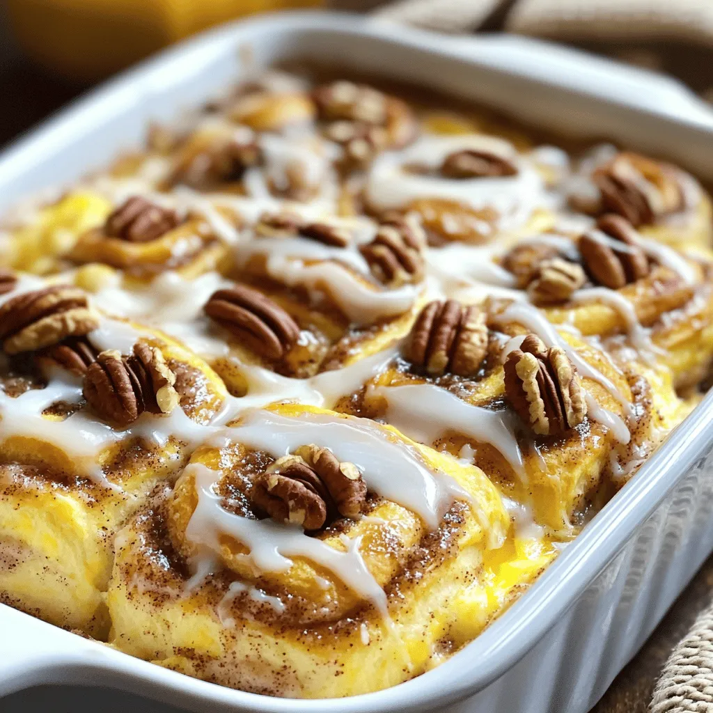 - 2 cans of refrigerated cinnamon roll dough (12 rolls each) - 4 large eggs - 1 cup milk - 1 teaspoon vanilla extract - 1 teaspoon ground cinnamon - 1/2 teaspoon nutmeg - 1/4 cup brown sugar - 1/2 cup chopped pecans (optional) - 1/2 cup maple syrup - 1/2 cup powdered sugar (for icing) - 2 tablespoons milk (for icing) You can switch the pecans for walnuts if you prefer. If you want a lighter version, use almond milk instead of regular milk. This recipe is flexible, so feel free to adjust it to your taste. - Large mixing bowl - Whisk - 9x13 inch baking dish - Butter or non-stick spray for greasing - Small bowl for icing - Measuring cups and spoons A sturdy whisk helps mix everything well. The baking dish should be deep enough to hold the casserole without spilling. If you want to make cleanup easy, line the baking dish with parchment paper. This keeps your casserole from sticking and makes serving a breeze. Start by preheating your oven to 350°F (175°C). This will get it ready for baking. While the oven heats, grease a 9x13 inch baking dish with butter or non-stick spray. This helps the casserole not stick. Next, open the cans of cinnamon roll dough. Cut each roll into four pieces. Place these pieces in the greased baking dish. Spread them out evenly so every bite has flavor. Now, let’s make the egg mixture. In a large bowl, crack four large eggs. Add one cup of milk and a teaspoon of vanilla extract. Sprinkle in one teaspoon of ground cinnamon and half a teaspoon of nutmeg. Then, add a quarter cup of brown sugar. Whisk this all together until it’s well mixed. Make sure there are no lumps. This mixture will soak into the cinnamon rolls, making them tasty. Pour the egg mixture over the cinnamon roll pieces in the baking dish. Make sure every piece gets covered. If you like, sprinkle half a cup of chopped pecans on top for extra crunch. Now, place the dish in your preheated oven. Bake it for 25 to 30 minutes. You’ll know it’s done when the casserole is puffed and golden brown on top. After baking, remove it from the oven. Drizzle half a cup of maple syrup over the top while it’s warm. Let it cool for a few minutes. Then, mix powdered sugar with two tablespoons of milk for icing. Drizzle this over the casserole and serve warm. For the full recipe, check the section above. Enjoy your delicious cinnamon roll casserole! To ensure even baking, cut the cinnamon rolls into similar sizes. This helps them cook at the same rate. Make sure to spread them out in the dish. If they are too crowded, some parts may not bake well. For the egg mixture, whisk the eggs thoroughly with the milk. This helps blend the flavors. Add vanilla, ground cinnamon, nutmeg, and brown sugar to the eggs. Mix until smooth and creamy. Pour this mixture over the cinnamon rolls slowly. This ensures all pieces soak well. Cinnamon roll casserole pairs nicely with fresh fruit or a side of yogurt. Serve it with sliced bananas or berries for a bright touch. A dollop of whipped cream can also add sweetness. For presentation, slice the casserole into squares and arrange on a pretty plate. Drizzle the icing over the top just before serving. A sprinkle of extra cinnamon or chopped pecans can add visual appeal. This makes your dish look as good as it tastes! {{image_2}} You can have fun with your cinnamon roll casserole by changing its flavors. Here are some tasty ideas: - Chocolate Chip: Add 1 cup of chocolate chips to the cinnamon roll pieces. This will give your dish a sweet twist. - Berry Bliss: Mix in 1 cup of fresh or frozen berries like blueberries or strawberries. They add a fruity touch. - Nutty Delight: Besides pecans, try walnuts or almonds for a crunchy topping. They complement the soft rolls well. - Spiced Pumpkin: Add 1 cup of pumpkin puree and a bit more cinnamon. This brings a cozy autumn flavor. You can easily adapt this recipe for different diets. Here are some options: - Gluten-Free: Use gluten-free cinnamon roll dough. Many brands offer great gluten-free options. - Dairy-Free: Swap the milk for almond or coconut milk. Choose dairy-free butter for greasing the dish. - Healthier Alternatives: Consider using whole wheat cinnamon roll dough. You can also cut down on brown sugar to make it lighter. These variations let you tailor the cinnamon roll casserole to your taste and dietary needs. Feel free to get creative! For the full recipe, check the detailed instructions above. To keep your cinnamon roll casserole fresh, follow these steps: - Cool it down: Let the casserole cool at room temperature for about 30 minutes. This step helps avoid condensation. - Refrigerate: Place leftovers in an airtight container. You can also cover the dish tightly with plastic wrap. Store it in the fridge for up to 3 days. - Freeze: For longer storage, you can freeze the casserole. Cut it into squares and wrap each piece tightly in plastic wrap. Then, place them in a freezer-safe bag. This method keeps them fresh for up to 3 months. When it's time to enjoy your leftovers, here’s how to reheat them properly: - Microwave: Place a square on a microwave-safe plate. Heat for about 30 seconds. Check if it’s warm enough and add more time if needed. - Oven: Preheat your oven to 350°F (175°C). Place the casserole pieces in a baking dish. Cover with foil to keep them moist. Heat for 15-20 minutes or until warmed through. Following these tips will help you enjoy the flavors of your cinnamon roll casserole even after the first serving. For the full recipe of this tasty dish, check out the earlier sections of the article. What can I use if I don't have cinnamon roll dough? If you lack cinnamon roll dough, don't worry. You can use biscuit dough instead. Just cut the biscuits into smaller pieces. You can also try croissants for a fun twist. Each option will change the flavor and texture a bit, but they will still taste great. Can I use almond milk instead of regular milk? Yes, you can use almond milk instead of regular milk. This swap makes the dish dairy-free, which some people prefer. Use the same amount of almond milk as the recipe calls for with regular milk. Your casserole will still be creamy and delicious. How many people does this casserole serve typically? This cinnamon roll casserole typically serves eight people. It’s perfect for a family breakfast or brunch with friends. You can easily adjust the recipe to serve more by doubling the ingredients. Just remember to use a bigger baking dish. Enjoy every bite! You now have all the tools to create a delicious cinnamon roll casserole. We reviewed the essential ingredients, proper equipment, and step-by-step baking process. Remember to apply the tips for even baking and perfect flavors. Experiment with fun variations and make dietary adjustments as needed. Store any leftovers properly, and reheating is simple. Enjoy your homemade dish, and don't hesitate to share it with family and friends. Happy baking!