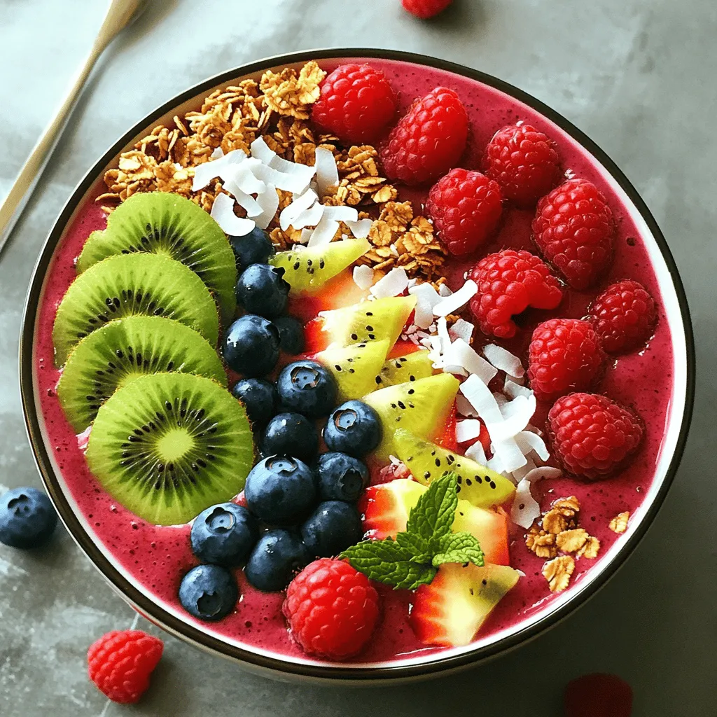 To make a tasty berry smoothie bowl, you need these simple ingredients: - 1 cup mixed berries (fresh or frozen: strawberries, blueberries, raspberries) - 1 banana, sliced - 1 cup unsweetened almond milk (or any milk of choice) - 1 tablespoon chia seeds - 1 tablespoon honey or maple syrup (optional, for sweetness) - 1/2 teaspoon vanilla extract These ingredients blend well to create a creamy base. The mixed berries bring bright flavors and colors. Bananas add creaminess and natural sweetness. Almond milk keeps it light and tasty. Chia seeds boost nutrition with fiber and protein. Vanilla extract enhances the flavor. If you like it sweeter, add honey or maple syrup. Now, let’s talk toppings! They make your smoothie bowl look pretty and add flavor. Here are my favorites: - Granola - Sliced kiwi - Coconut flakes - Extra berries - Mint leaves Granola adds crunch. Sliced kiwi gives a nice tartness and bright color. Coconut flakes bring a tropical twist. Extra berries add freshness. Mint leaves are a fun garnish that looks great! You can mix and match these toppings to make your bowl unique. With this recipe, you will have a bowl full of flavor and nutrition. For the full recipe, check out the Berry Bliss Smoothie Bowl. Blending the ingredients To start, gather your fresh or frozen mixed berries, banana, and almond milk. Add these to your blender. Then, toss in the chia seeds and vanilla extract. If you want some sweetness, add honey or maple syrup. Blend on high speed. Achieving the right consistency You want a smooth and creamy mix. If it feels too thick, don’t worry! Just add a splash more almond milk until it’s just right. A good smoothie should flow easily but still hold its shape in the bowl. Pouring into a bowl Once your smoothie is perfectly blended, pour it carefully into a bowl. The color should be bright and inviting. It’s the first step to making it look tasty! Arranging toppings for aesthetic appeal Now comes the fun part: adding toppings! Sprinkle granola on top. Add sliced kiwi and some extra berries for color. A few coconut flakes give a nice touch. Finish it off with mint leaves for a pop of green. This makes your smoothie bowl look like a work of art. Tips for serving immediately Serve the smoothie bowl right away. It tastes best fresh. If you wait too long, it might lose its lovely texture. Pairing with other breakfast items You can pair this bowl with a piece of toast or yogurt. A small side of nuts adds protein. This way, your breakfast is both filling and fun! To change the thickness of your smoothie, adjust the almond milk. If you want it thick, use less milk. For a thinner drink, add more almond milk. You can also choose between frozen and fresh ingredients. Frozen berries make a thicker blend while fresh berries keep it lighter. Do you want to boost flavor and nutrition? Add superfoods like chia seeds or protein powder. These small changes pack a big punch. You can also try different fruits. Adding mango or pineapple can make your smoothie taste tropical. Mixing fruits keeps it fun and fresh! A beautiful bowl makes your smoothie more inviting. Use creative topping combinations like granola, sliced kiwi, or coconut flakes. The more colors, the better! A decorative bowl makes it look fancy. You can even add mint leaves for a pop of green. Enjoy making your smoothie bowl a feast for the eyes as well as the tummy! For the full recipe, check out Berry Bliss Smoothie Bowl 🥥. {{image_2}} You can change the flavor of your smoothie bowl with different fruits. Try adding tropical fruits like mango or pineapple. These fruits bring a sweet, sunny taste. You can also mix in greens like spinach or kale. They add nutrition without changing the taste much. Your berry smoothie bowl will stay vibrant and colorful while getting a healthy boost. If you want vegan options, skip the honey or maple syrup. Use agave nectar instead. This keeps your bowl plant-based and tasty. For gluten-free topping ideas, go for nuts or seeds instead of granola. They add crunch and flavor while staying true to gluten-free diets. To make your smoothie bowl unique, try adding nut butters like almond or peanut. They give a creamy texture and rich taste. You can also sprinkle in spices like cinnamon or ginger. These will add warmth and depth to your bowl. Experiment with flavors to find your perfect mix. For a full recipe, check out the Berry Bliss Smoothie Bowl. You might have some smoothie left after your delicious breakfast. You can store it easily. - Refrigerating for short-term use: If you want to keep it for one day, pour the smoothie into a jar. Seal it well and place it in the fridge. Shake it before drinking. - Freezing for future enjoyment: For a longer storage option, freeze the leftover smoothie. Use ice cube trays to freeze small portions. Once frozen, pop them out and store in a bag. You can blend them later for a quick treat. To keep your berry smoothie bowl fresh, follow these tips: - Tips for storing toppings separately: Keep toppings in a separate container. This way, they stay crunchy and fresh. Add them just before serving to maintain texture. - Avoiding browning of bananas: If you use banana in your smoothie, it can brown quickly. To prevent this, store sliced bananas in lemon juice for a few minutes. This helps keep them looking fresh and tasty. If you need a milk substitute, you have many choices. Here are some options: - Coconut milk - Soy milk - Oat milk - Rice milk - Cashew milk These choices work well in your berry smoothie bowl. Each one adds a unique flavor and texture. For example, coconut milk makes it creamy, while oat milk provides a mild taste. Yes, you can prepare a berry smoothie bowl ahead of time. Here are some tips: - Blend your smoothie base and store it in the fridge. - Use an airtight container to keep it fresh. - You can make it the night before for a quick breakfast. For toppings, add them just before serving. This keeps them crisp and fresh. Smoothie bowls are quite healthy! They offer many benefits: - They are packed with vitamins and minerals from fruits. - Chia seeds add fiber and omega-3 fatty acids. - Using almond milk provides calcium without dairy. This berry smoothie bowl is a great way to start your day. It fuels your body with energy and nutrients. Enjoy the delicious mix of flavors while staying healthy! For the full recipe, check out the Berry Bliss Smoothie Bowl. This blog post covered how to make a delicious berry smoothie bowl. We discussed the main ingredients like mixed berries, banana, and almond milk. I shared tips for blending, serving, and great toppings that make it look appealing. Lastly, we explored variations, storage methods, and answered common questions. Smoothie bowls are fun and healthy. They allow for creativity, so don't fear to experiment. Enjoy your tasty creations and feel good knowing you're making a healthy choice.