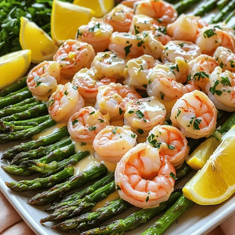 To make garlic butter shrimp and asparagus, you need the following ingredients: - 1 pound large shrimp, peeled and deveined - 1 bunch asparagus, trimmed and cut into 2-inch pieces - 4 tablespoons unsalted butter - 4 cloves garlic, minced - 1 teaspoon red pepper flakes - 2 tablespoons lemon juice - Zest of 1 lemon - Salt and pepper to taste - Fresh parsley, chopped (for garnish) These ingredients create a dish full of flavor and color. The shrimp provide protein and a sweet, briny taste. Asparagus adds a nice crunch and bright green color. Butter and garlic mix to form a rich sauce, while red pepper flakes bring a hint of heat. Lemon juice and zest brighten the dish, making it fresh and lively. I love using fresh parsley to finish the dish, adding a burst of color. Each ingredient plays a role in crafting a delightful plate that is sure to impress. For the full recipe, check the notes above. Start by patting the shrimp dry with paper towels. This step helps the shrimp sear well. Next, season them with salt and pepper. Set the shrimp aside while you prepare the garlic butter. In a large skillet, melt 2 tablespoons of butter over medium heat. When the butter is melted, add the minced garlic and red pepper flakes. Sauté the garlic for about 1 minute. Watch carefully to avoid burning it. Now, increase the heat to medium-high. Add the shrimp to the skillet. Cook the shrimp for 2-3 minutes on one side. They should turn pink and curl. Flip the shrimp with a spatula and cook for another 2 minutes. Once done, remove the shrimp from the skillet and set them aside. In the same skillet, add the remaining 2 tablespoons of butter. Once melted, add the asparagus pieces. Sauté the asparagus for about 5-6 minutes. You want them tender but still bright green. This step adds a nice crunch to your dish. Now it's time to bring everything together. Return the cooked shrimp to the skillet. Squeeze in 2 tablespoons of lemon juice and add the lemon zest. Toss all the ingredients together. Make sure everything is well combined and heated through. Taste your dish and adjust the seasoning if needed. Add more salt or pepper to make it perfect for you. Once done, remove the skillet from the heat. Sprinkle some chopped parsley on top for a fresh touch. For the full recipe, check out the detailed instructions provided. Enjoy your delicious Garlic Butter Shrimp and Asparagus! To avoid overcooked shrimp, follow these steps: - Pat shrimp dry: This helps them sear well. - Cook quickly: Shrimp cook fast. Watch them closely. - Pink color: When they turn pink and start to curl, they are done. For sautéing asparagus perfectly: - Cut evenly: Cut asparagus into 2-inch pieces for even cooking. - High heat: Use medium-high heat to keep them crisp. - Bright green: Cook until bright green but still tender, about 5-6 minutes. For a beautiful presentation: - Large platter: Serve on a big plate for a nice look. - Drizzle sauce: Pour any leftover garlic butter sauce over the top. - Garnish colors: Add lemon wedges and parsley for color. For side dishes that complement the flavors: - Rice or quinoa: These grains soak up the sauce well. - Salad: A light salad adds freshness. - Crusty bread: Great for dipping in the garlic sauce. Check the Full Recipe for more details on making this delightful dish. {{image_2}} You can easily swap ingredients in this dish. If you prefer chicken or scallops, use those instead of shrimp. For a vegetarian twist, try firm tofu or mushrooms. You will still get a great flavor. Instead of asparagus, use green beans or zucchini. They add crunch and taste great. You can also mix in bell peppers or cherry tomatoes for color and flavor. For spices, feel free to switch things up. Instead of red pepper flakes, try smoked paprika or cayenne pepper for a kick. You can also add fresh herbs like thyme or basil for a unique twist. You can cook shrimp in different ways. Grilling gives a smoky flavor. Just marinate the shrimp in garlic butter before grilling. Sear them on high heat for a few minutes. Pan-searing is another option. It’s quick and easy. Just follow the steps in the full recipe for great results. If you want a healthier choice, try baking. Place shrimp and asparagus on a baking sheet. Drizzle with garlic butter and lemon juice. Bake at 400°F for about 12-15 minutes. This method keeps it light but just as tasty. After you enjoy Garlic Butter Shrimp and Asparagus, store any leftovers in the fridge. Use an airtight container to keep them fresh. The shrimp and asparagus will stay good for up to two days. Make sure to cool the dish to room temperature before sealing it. This helps prevent moisture build-up. When you're ready to eat those tasty leftovers, reheating them right is key. I recommend using a skillet over low heat. Add a splash of water or broth to keep the shrimp moist. Stir gently to warm everything through. You can also use the microwave, but be careful. Heat in short bursts, stirring in between, to avoid rubbery shrimp. This way, your Garlic Butter Shrimp and Asparagus will still taste fresh and delicious. For the full recipe, check the earlier sections! How can I make Garlic Butter Shrimp and Asparagus spicy? You can add more red pepper flakes for heat. Start with one teaspoon. Taste as you go. You can also add hot sauce or diced jalapeños for extra spice. Adjust to your liking! Can I use frozen shrimp for this recipe? Yes, you can use frozen shrimp. Just thaw them first. Place them in cold water for about 15 minutes. Pat them dry before cooking. This helps them cook evenly. What can I serve with Garlic Butter Shrimp and Asparagus? This dish pairs well with rice or pasta. You can also serve it with crusty bread to soak up the garlic butter. A fresh salad or steamed vegetables work nicely, too. Explore the full recipe for more ideas! You now have a clear guide to making Garlic Butter Shrimp and Asparagus. This dish combines fresh shrimp and crunchy asparagus, creating a tasty meal. Remember to follow the steps for perfect cooking and flavor. Use the tips for presentation and side dishes to impress. Finally, don’t hesitate to try out variations and keep leftovers fresh. Enjoy making this simple yet delicious dish anytime you want!