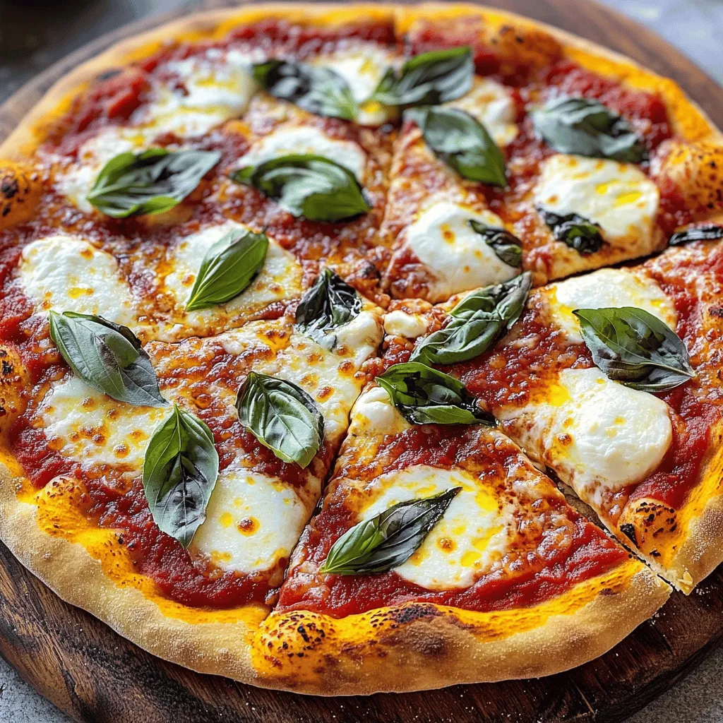 - 2 cups all-purpose flour - 1 teaspoon salt - 1 tablespoon sugar - 1 packet (2 ¼ teaspoons) instant yeast - ¾ cup warm water (about 110°F) - 1 tablespoon olive oil - 1 cup tomato sauce (preferably homemade or high-quality store-bought) - 2 cups fresh mozzarella cheese, sliced - Fresh basil leaves - Extra virgin olive oil for drizzling - Freshly ground black pepper to taste For a great Margherita pizza, use the best ingredients. Look for high-quality flour like King Arthur. Use fresh mozzarella, preferably from a local dairy. This cheese melts well and gives a lovely texture. For the tomato sauce, I recommend San Marzano tomatoes. They bring a rich flavor that stands out. Lastly, use fresh basil and extra virgin olive oil for that finishing touch. Fresh ingredients make a big difference. They enhance the pizza's flavor and texture. Fresh mozzarella gives a creamy taste. It melts beautifully when baked. Fresh basil adds a fragrant touch, brightening every bite. Quality tomatoes in your sauce bring sweetness and depth. Using fresh ingredients makes your Margherita pizza shine. This dish is all about simplicity, and fresh ingredients are key to its success. Enjoy the full recipe to create this classic dish! Start by mixing the dry ingredients. In a big bowl, combine 2 cups of flour, 1 teaspoon of salt, 1 tablespoon of sugar, and 1 packet of instant yeast. Stir them together until mixed well. Next, slowly add ¾ cup of warm water and 1 tablespoon of olive oil. Mix until the dough starts to form. Once it forms, move the dough to a floured surface. Knead the dough for 8 to 10 minutes until it feels smooth and elastic. After kneading, place the dough in a lightly greased bowl. Cover it with a kitchen towel to keep it warm. Let it rise in a warm spot for about 1 hour. You want the dough to double in size. This step is key. A good rise helps create a light and airy crust. Preheat your oven to 475°F (245°C). If you have a baking stone, place it in the oven to heat up. When the dough has risen, punch it down gently and move it to a floured surface. Roll it out to your desired thickness. If you like thin crust, roll it out thin. Transfer the rolled dough to parchment paper. Spread 1 cup of tomato sauce on the base, leaving a small border. Then, add 2 cups of fresh mozzarella cheese on top. Carefully place the pizza on the heated stone or tray. Bake it for 10 to 12 minutes until the crust is golden and cheese is bubbly. Once baked, remove the pizza from the oven. Scatter fresh basil leaves on top and drizzle with extra virgin olive oil. Let it cool for a minute, slice it up, and enjoy! For the full recipe, check out the complete guide. To get a great crust, start with the right flour. Use all-purpose flour, as it gives the best results. When you knead the dough, do it for about 8-10 minutes. This builds gluten and makes the crust chewy. After rising, roll it out gently. Avoid pressing too hard. A thin crust is classic for Margherita pizza. The oven should be very hot. Preheat it to 475°F (245°C). If you have a pizza stone, place it in the oven while it heats. This helps create a crispy bottom. When the dough is ready, use parchment paper to transfer it to the stone. This makes handling easier. Bake for 10-12 minutes. Keep an eye on it. You want a golden crust and bubbling cheese. To boost flavor, use fresh basil leaves. Scatter them on right after baking. Drizzle extra virgin olive oil on top for richness. You can also add a pinch of black pepper for a bit of spice. For a twist, try using homemade tomato sauce. This adds depth and freshness. Follow these tips for a truly authentic Margherita pizza experience. For the full recipe, check out the details above. {{image_2}} You can make a gluten-free Margherita pizza using almond flour or gluten-free flour. Mix the gluten-free flour with salt and yeast. Use warm water to help form the dough. Make sure to add some extra olive oil for flavor. Roll out the dough as you would with regular flour. Bake it just like the classic version. This way, everyone can enjoy a slice! For a vegan Margherita pizza, swap the mozzarella with vegan cheese. You can also use cashew cream for a creamy texture. Make sure your tomato sauce is vegan, too. Fresh basil leaves add that classic flavor. Drizzle with olive oil before serving. This option is not only tasty but also friendly for plant lovers! Margherita pizza is great as is, but you can get creative! Try adding sliced tomatoes or roasted garlic for extra flavor. You can mix in arugula or spinach for some greens. For spice, sprinkle crushed red pepper on top. Want a twist? Add balsamic glaze after baking. This gives it a sweet and tangy kick. Feel free to experiment and find your favorite combinations! For the complete recipe, check out the Full Recipe section. To keep your leftover Margherita pizza fresh, wrap it well in plastic wrap. You can also use aluminum foil. Place it in the fridge. This way, it stays tasty for up to three days. If you have more pizza than you can eat, consider freezing it. To reheat your pizza, preheat the oven to 375°F (190°C). Place the slices on a baking sheet. Heat for about 10 minutes. This method keeps the crust crisp and the cheese melty. Avoid microwaving as it can make the crust soggy. For longer storage, freeze your pizza. Wrap each slice in plastic wrap. Then, put the slices in a freezer bag. Remove as much air as possible. You can freeze it for up to three months. When ready to eat, thaw in the fridge overnight and reheat. Enjoy the flavors of your Margherita pizza any time with these simple steps! If you want the full recipe, check out the [Full Recipe]. Margherita pizza has roots in Italy, dating back to the late 1800s. Legend says that Queen Margherita of Savoy visited Naples. She tried a pizza made with tomatoes, mozzarella, and basil. The colors matched the Italian flag—red, white, and green. This simple dish became her favorite. Since then, Margherita pizza has spread around the world. Yes, you can make Margherita pizza without a pizza stone. If you don't have one, simply use an inverted baking tray. Preheat the tray in your oven at 475°F (245°C). This will help create a nice, crispy crust. Just remember to bake the pizza on parchment paper so it slides off easily. The best sauce for Margherita pizza is simple tomato sauce. Use high-quality canned tomatoes or fresh ones for a great flavor. You can also blend in some garlic or basil for extra taste. Avoid heavy sauces, as they can overpower the fresh ingredients. A light, smooth sauce allows the cheese and basil to shine. Check out the Full Recipe for more tips. We've covered all the key parts of making Margherita pizza. From choosing fresh, quality ingredients to preparing your dough and baking it just right, each step matters. Remember to explore variations, like gluten-free and vegan options, to suit your needs. Proper storage can keep leftovers tasty for later. Creating your pizza at home can be fun and rewarding. With these tips and recipes, you’ll craft the perfect pie every time. Enjoy sharing your delicious creations!