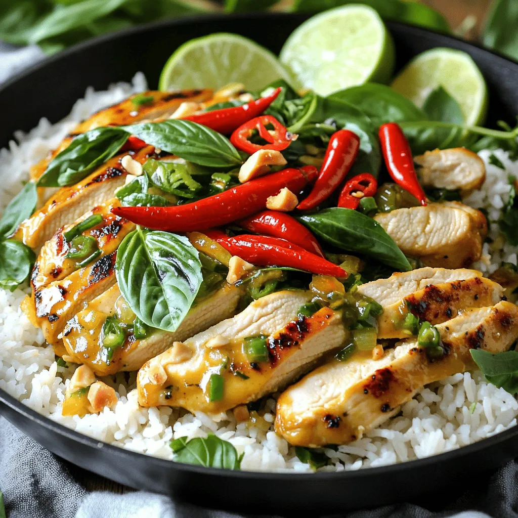 - 1 lb chicken breast - Fresh Thai basil leaves - Vegetable oil - Garlic and Thai bird's eye chilies - Soy sauce - Oyster sauce - Fish sauce - Sugar, salt, and pepper - Cooked jasmine rice - Optional garnishes Spicy Thai Basil Chicken is a delight to make. You need simple, fresh ingredients. Start with tender chicken breast, about 1 pound. Cut it into thin slices. Next, fresh Thai basil leaves add a fragrant twist. You will want to use a good amount, so grab a couple of cups. The more, the better! Garlic and Thai bird's eye chilies bring heat and bold flavor. Use about three cloves of garlic, minced. For the chilies, two to three will do. Adjust these based on your spice level. For cooking, use vegetable oil. It helps the chicken brown nicely. Next, gather your sauces and seasonings. You'll need soy sauce and oyster sauce for depth. Fish sauce adds a unique umami punch. A tablespoon of sugar balances the flavors, along with a sprinkle of salt and pepper. To serve, you will want cooked jasmine rice. It makes a perfect base for the savory chicken. You can also add some garnishes like lime wedges or extra basil leaves for color. For the full recipe, check out the [Full Recipe]. - Slice the chicken breast into thin strips. - Mince the garlic and chop the chilies finely. Getting these ready makes cooking quick and easy. The chicken should be thin so it cooks fast. The garlic and chilies add great flavor and spice. - Heat oil in a large skillet over medium-high heat. - Sauté the minced garlic and chopped chilies for about 30 seconds. - Stir-fry the sliced chicken until cooked through, about 5-7 minutes. - Add the sliced red bell pepper and cook for 2-3 minutes. This process is key for a delicious meal. The oil helps the garlic and chilies release their oils and aroma. Next, cook the chicken until it turns white and is no longer pink. The bell peppers add color and crunch. - Pour a mix of soy sauce, oyster sauce, fish sauce, and sugar over the chicken. - Stir well and let it cook for another 2 minutes. - Remove from heat and gently fold in the fresh Thai basil until it wilts. - Season with salt and pepper to taste. These final touches bring everything together. The sauces create a tasty glaze that coats the chicken. Adding basil at the end keeps its fresh flavor. You can serve this over jasmine rice for a complete meal. For the full recipe, check out the main article. To make tender chicken, start with thin slices. This helps the meat cook evenly. Cook it fast over high heat. This keeps the chicken juicy and soft. For spice levels, taste as you go. If you want it hot, add more chilies. If you prefer mild, use fewer. You can always add more later. Adding lime juice brightens the dish. Squeeze some over the chicken before serving. Fresh herbs like cilantro or mint can also boost flavor. Balancing sweetness and heat is key. The sugar in the sauce helps. Adjust it based on your taste. If it's too sweet, add a bit more soy sauce. For eye appeal, serve Spicy Thai Basil Chicken over fluffy jasmine rice. The white rice contrasts nicely with the colorful dish. Use garnishes like fresh basil leaves. They add color and freshness. Slices of chili can spice up the look. Lime wedges on the side add a zesty touch. For the full recipe, check out the link. {{image_2}} You can switch out chicken for tofu or beef. Tofu absorbs flavors well. It's a great choice for a vegetarian meal. If you like beef, use thin slices of flank steak. Both options keep the dish tasty and satisfying. You can also try shrimp for a seafood twist. Shrimp cooks fast and adds a nice flavor. Just toss them in after the garlic and chilies. Add more veggies for extra nutrition. Good options are snap peas, broccoli, or carrots. These veggies add color and crunch. You can also use seasonal ingredients. In summer, zucchini or bell peppers work great. In winter, try bok choy or spinach. Mixing in these veggies makes the dish even better. You can play with different sauces for new flavors. Try adding hoisin sauce for a sweet touch. Or, use sriracha for more heat. If gluten is a concern, make it gluten-free. Just switch soy sauce for tamari or coconut aminos. These small changes can make a big difference in taste. To store leftover Spicy Thai Basil Chicken, place it in an airtight container. Make sure it cools down before sealing. You can keep it in the fridge for up to three days. The chicken stays tasty, but you may notice the basil wilts a bit. When reheating, use a skillet on medium heat. Add a splash of water to keep it moist. Stir often to ensure it heats evenly. This method helps keep the flavors bright and the chicken tender. Avoid using the microwave, as it may make the chicken tough. Yes, you can freeze Spicy Thai Basil Chicken! Just make sure it cools down. Place it in a freezer-safe container or bag. It lasts up to three months in the freezer. To thaw, move it to the fridge overnight. Reheat it in a skillet, adding a bit of water for moisture. This keeps the dish flavorful and delicious. For the complete cooking process, check out the Full Recipe. This dish takes about 25 minutes to make. You will spend about 15 minutes prepping the ingredients. Cooking takes around 10 minutes. You can have dinner ready quickly! Yes, you can make this dish in advance. Cook the chicken and sauces, then store them in the fridge. Reheat when you are ready to eat. To keep it fresh, store it for only 2-3 days. This dish pairs well with jasmine rice. You can also serve it with fresh vegetables like cucumber or a simple salad. For extra flavor, add lime wedges on the side. Enjoy the mix of tastes and textures! For the full recipe, you can refer to the detailed steps above. In this blog post, we covered how to make Spicy Thai Basil Chicken. I shared the main ingredients, sauces, and serving ideas. You learned step-by-step instructions to prepare and cook the dish. Tips on cooking techniques and variations helped you get creative. Finally, I explained storage methods for leftovers and answered common questions. Now, you have everything you need to enjoy this tasty meal. Dive in and start cooking!