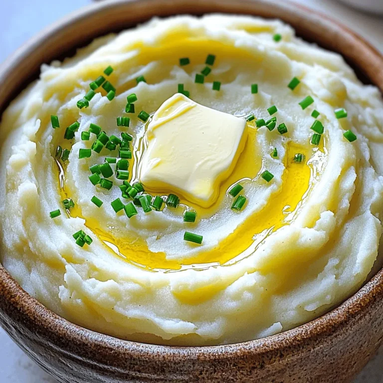 - 2 pounds russet potatoes - 4 cloves of garlic - 1/2 cup unsalted butter - 1 cup heavy cream To make creamy garlic mashed potatoes, start with russet potatoes. They have a fluffy texture that mashes well. Use fresh garlic for a bold flavor. Unsalted butter adds richness, while heavy cream provides that creamy texture. - 1/2 cup sour cream - Salt and pepper to taste - 1/4 cup fresh chives for garnish Sour cream gives a nice tang to the potatoes. Don’t forget salt and pepper to boost the taste. Fresh chives not only add color but also a mild onion flavor. You can find the full recipe for these creamy garlic mashed potatoes in the recipe section. To start, peel and cube the russet potatoes. Aim for 1-inch pieces for even cooking. Next, take four cloves of garlic and crush them. This step will release the garlic's strong flavor into the potatoes. Fill a large pot with cold water and add the cubed potatoes and crushed garlic. Sprinkle in a generous pinch of salt. Bring the water to a boil over medium-high heat. Once boiling, lower the heat to a simmer. Cook the potatoes for about 15 to 20 minutes. You want them fork-tender. After that, drain the potatoes and garlic in a colander. Return them to the pot and let them steam for a few minutes. This helps get rid of extra moisture. In a separate saucepan, melt half a cup of unsalted butter over low heat. Mix in one cup of heavy cream until warmed through. Now, grab a potato masher or ricer. Mash the potatoes and garlic to your desired smoothness. Gradually pour in the warm butter and cream mixture. Stir continuously until creamy and fluffy. Finally, fold in half a cup of sour cream and season with salt and pepper to taste. For a nice touch, transfer the mashed potatoes to a serving dish and sprinkle with freshly chopped chives. For the complete recipe, refer to the [Full Recipe]. To make creamy garlic mashed potatoes, warm ingredients are key. When you use warm butter and cream, they blend better. This helps create a smooth and fluffy mash. I suggest using either a potato masher or a ricer. A potato masher gives a more rustic feel, while a ricer makes them ultra-smooth. Both tools work well, so pick what you like. Tasting your mash is essential. Start with a pinch of salt. Mix well and taste. You can always add more salt if needed. I recommend using sea salt for its clean flavor. Kosher salt also works great. Each type brings a different taste, so choose what you prefer. Remember, seasoning can make or break your dish! Don’t be afraid to experiment a little. You want those creamy garlic mashed potatoes to shine! For the full recipe, check out the details above. {{image_2}} You can add roasted garlic for a deeper flavor. Roasting garlic brings out its sweetness. Simply wrap whole garlic bulbs in foil and roast them until soft. Squeeze the cloves into the potatoes when mashing. This gives your dish a rich and mellow garlic taste. Incorporating herbs like rosemary or thyme can elevate your mashed potatoes. Chop fresh herbs finely and mix them in as you mash. Rosemary adds a woodsy flavor, while thyme brings a hint of earthiness. Both herbs work well and enhance the overall taste. Using buttermilk instead of heavy cream is a great way to add tang. Buttermilk can make your mashed potatoes lighter. Simply replace the heavy cream with buttermilk in the recipe. You’ll enjoy a creamy texture with a pleasant twist. For vegan variations, consider dairy-free alternatives. Almond milk or coconut cream can work wonders. They provide creaminess without dairy. Make sure to choose unsweetened options to avoid any odd flavors. These swaps keep your mashed potatoes delicious and accessible to everyone. For the full recipe, check the main section. To keep your creamy garlic mashed potatoes fresh, store leftovers in an airtight container. Make sure the container is sealed well to avoid air exposure. Place the potatoes in the fridge right after they cool to room temperature. They can last up to three days this way. When it's time to reheat, scoop the desired amount into a pot. Add a splash of cream or milk to keep them moist. Heat over low flame, stirring often until warm. If you want to save mashed potatoes for later, freezing is a great option. First, let the mashed potatoes cool completely. Then, transfer them to a freezer-safe container or bag. Be sure to remove as much air as possible from the bag. Label it with the date. Frozen mashed potatoes can last up to two months. To thaw, place the container in the fridge overnight. If you're in a hurry, you can use the microwave on defrost mode. Once thawed, reheat the potatoes in a pot. Add a bit of cream or butter to restore their creamy texture. Stir gently until they are heated through. This method keeps them delicious and smooth! For the full recipe, check the details above. Yes, you can use other types of potatoes. Some popular options are Yukon Gold or red potatoes. These potatoes have a creamy texture and a slightly different flavor. When choosing a potato, consider the starch content. High-starch potatoes, like russets, yield fluffier mashed potatoes. Waxy potatoes, like red ones, are denser and may result in a creamier mash. You can make mashed potatoes ahead of time! First, prepare the mashed potatoes as usual. Once done, cool them to room temperature. Then, cover the dish tightly with plastic wrap and store it in the fridge. When ready to serve, reheat them on the stove or in the oven. Add a splash of cream or milk to keep them moist. Creamy garlic mashed potatoes pair well with many dishes. They are perfect with roasted meats, like chicken or beef. You can also serve them alongside grilled vegetables for a lighter meal. For a rich experience, try them with a savory gravy or mushroom sauce. They complement rich dishes wonderfully and add a comforting touch to any meal. For the full recipe, check the details above! Creamy garlic mashed potatoes are simple and rich in flavor. You need just a few key ingredients, like russet potatoes and garlic, to create this dish. Follow the steps to get the right texture and taste. Don’t forget to explore variations for extra flair! Store leftovers well or freeze them for future meals. With these tips, you’ll impress everyone with your mashed potatoes. Enjoy every bite of this comfort food classic.