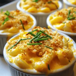 - 8 ounces elbow macaroni - 2 tablespoons unsalted butter - 2 tablespoons all-purpose flour - 2 cups whole milk - 1 cup sharp cheddar cheese, grated - 1 cup Gruyère cheese, grated - ½ cup Parmesan cheese, grated I love using elbow macaroni for this dish. It holds the sauce well. The butter and flour create a roux, which thickens the cheese sauce. Whole milk makes it creamy and rich. Sharp cheddar gives that classic mac and cheese flavor. Gruyère adds a nutty taste, while Parmesan brings a salty bite. This mix makes each bite delightful. - 1 teaspoon garlic powder - 1 teaspoon onion powder - ½ teaspoon smoked paprika - Salt and pepper to taste - ½ cup panko breadcrumbs - 2 tablespoons olive oil - Fresh chives, chopped for garnish For seasonings, I use garlic and onion powder for depth. Smoked paprika adds a hint of warmth and a lovely color. Always taste and adjust salt and pepper as needed. Panko breadcrumbs offer a nice crunch when baked. Mixing them with olive oil ensures they brown perfectly. Chives give a fresh finish and a pop of color on top. You can find the full recipe at the beginning of this article. Using these ingredients will make your mac and cheese creamy and delightful! - Preheat the Oven: Set to 350°F (175°C). - Cook the Pasta: In a large pot, boil salted water. Add 8 ounces of elbow macaroni. Cook until al dente, then drain and set aside. - Make the Cheese Sauce: In a medium saucepan, melt 2 tablespoons of unsalted butter over medium heat. Whisk in 2 tablespoons of all-purpose flour to form a roux. Cook for 1-2 minutes until it turns slightly golden. - Add Milk: Gradually whisk in 2 cups of whole milk. Bring to a simmer while stirring. Cook until thickened, about 3-5 minutes. - Cheese Melting: Remove from heat and stir in 1 cup of sharp cheddar, 1 cup of Gruyère, and ½ cup of Parmesan cheese. Mix until melted. Add 1 teaspoon of garlic powder, 1 teaspoon of onion powder, ½ teaspoon of smoked paprika, and salt and pepper to taste. - Combine Pasta and Cheese Sauce: In a large bowl, mix the drained macaroni with the cheese sauce. Ensure the pasta is evenly coated. - Create the Topping: In a small bowl, mix ½ cup of panko breadcrumbs with 2 tablespoons of olive oil. This will give a nice crunch. - Final Bake: Pour the mac and cheese into a greased baking dish. Sprinkle the breadcrumb mixture evenly on top. Bake in the preheated oven for 20-25 minutes or until golden and bubbly. Feel free to check the Full Recipe for a complete list of ingredients and detailed steps! How to Achieve Creamy Mac & Cheese To keep your mac and cheese creamy, avoid overcooking the pasta. Cook it just until al dente. This helps prevent the pasta from soaking up too much sauce. When making the cheese sauce, use low heat. High heat can cause the cheese to become grainy. Stir the sauce constantly until it thickens. This ensures a smooth blend. Best Cheese Combinations For the best flavor, mix different cheeses. Sharp cheddar gives a nice bite. Gruyère adds a nutty taste. Parmesan brings a salty kick. A mix of these cheeses creates a rich flavor profile. You can experiment with other cheeses, too. Try fontina or mozzarella for a twist. Presentation Ideas Serving mac and cheese in small ramekins makes it feel special. You can also use bowls for a cozy vibe. Layer the mac and cheese in each dish for a fun look. This way, everyone gets their own serving. It’s perfect for gatherings or family dinners. Garnishing Tips A sprinkle of fresh herbs can brighten your dish. Chopped chives or parsley work great. You can also add more cheese on top before serving. This creates a tasty crust. If you want to be bold, try adding crispy bacon bits. These toppings enhance both flavor and presentation. {{image_2}} You can make mac and cheese fun with tasty add-ins. Here are some ideas: - Bacon: Cooked and crumbled bacon adds a nice crunch and smokiness. - Vegetables: Broccoli, spinach, or peas add color and nutrients. - Truffle Oil: Just a drizzle brings a fancy touch and rich flavor. - Spicy Versions: If you like heat, add jalapeños or a splash of hot sauce. These fun additions let you play with flavors and textures. You can mix and match to find your favorite combo. If you have specific dietary needs, you can still enjoy mac and cheese. Here’s how: - Gluten-Free Options: Use gluten-free pasta and substitute the flour with cornstarch or almond flour. This keeps it creamy and delicious. - Vegan Alternatives: Try plant-based cheese and nut milk to make it dairy-free. Nutritional yeast adds a cheesy flavor without the dairy. These adjustments help everyone enjoy this classic dish. You don’t have to miss out on great flavors! To keep your mac & cheese fresh, follow these simple tips. First, let it cool down at room temperature. Then, store it in an airtight container. This keeps the flavors locked in. You can refrigerate it for up to three days. If you want to keep it longer, consider freezing it. To freeze, place it in a freezer-safe container. It can last up to three months in the freezer. When you are ready to eat, reheating is key. The best method is to use the oven. Preheat it to 350°F. Place your mac & cheese in a baking dish. Add a splash of milk to help keep it creamy. Cover it with aluminum foil and bake for about 20 minutes. You can also reheat in the microwave. Use a microwave-safe bowl, add a little milk, and heat in short bursts, stirring in between. This method helps avoid dryness. Homemade mac & cheese usually lasts about three to five days in the fridge. If you freeze it, it can stay good for up to three months. After that, the taste may change. Look for signs of spoilage before eating leftovers. If you see mold or if it smells off, do not eat it. Also, if the cheese has separated or looks dry, it’s time to toss it. Always trust your senses when it comes to food safety. If you want to make the best mac & cheese, check out the Full Recipe for all the details. What is the secret to the best mac & cheese? The secret lies in the cheese blend. Use sharp cheddar, Gruyère, and Parmesan for depth. Each cheese adds unique flavor and creaminess. Freshly grated cheese melts better than pre-shredded. Can you make mac & cheese ahead of time? Yes, you can! Prepare it a day before and refrigerate. Just bake it fresh before serving. It helps the flavors to blend well. How do you make mac & cheese extra creamy? To make it creamy, use whole milk and a mix of cheeses. Adding a little cream or sour cream boosts the richness too. Stir the cheese sauce until it’s smooth and velvety. What types of pasta can you use for mac & cheese? While elbow macaroni is classic, you can use shells, cavatappi, or fusilli. Choose pasta with curves to hold more cheese sauce. How can I make my mac & cheese healthier? You can use whole wheat pasta or add veggies like spinach or broccoli. Also, try reducing cheese and using low-fat milk. This keeps the taste while cutting some calories. Rating and Reviews: The best-rated mac & cheese variations often include bacon, lobster, or truffle oil. Check local restaurants for their creative twists. Video Tutorials: For visual learners, watch cooking videos online. They provide step-by-step guidance and tips to enhance your mac & cheese skills. Look for channels focused on home cooking. For the full recipe, explore the Ultimate Gourmet Mac & Cheese. In this blog post, we explored how to make ultimate gourmet mac & cheese. We covered all the essential ingredients, from elbow macaroni to a mix of cheeses. The step-by-step instructions ensured you can easily create a creamy, delicious dish. Tips for adding flavor and storing leftovers helped you maximize enjoyment. Finally, the FAQs addressed common concerns. With these insights, you can customize this classic recipe to suit your taste and needs. Enjoy making your perfect mac & cheese!
