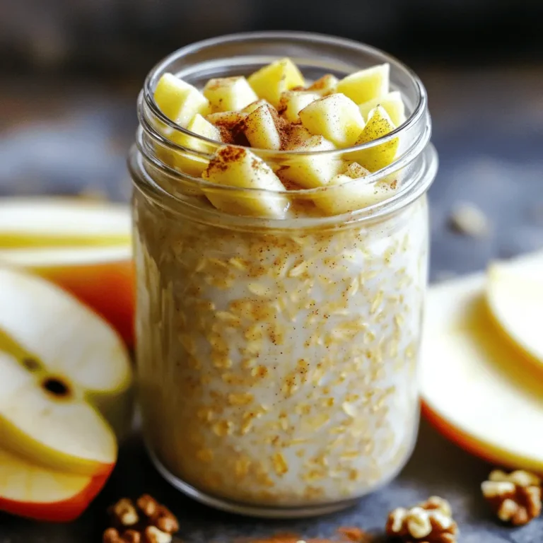 When making apple cinnamon overnight oats, you need simple and fresh ingredients. Here’s what you will need: - 1 cup rolled oats - 1 ½ cups almond milk (or any milk of choice) - 1 medium apple, diced - 1 teaspoon ground cinnamon - 2 tablespoons maple syrup (or honey) - ¼ cup Greek yogurt (optional) - 2 tablespoons chopped walnuts or pecans - A pinch of salt - Toppings: Additional apple slices, cinnamon Each ingredient plays a key role in flavor and texture. The rolled oats are the base. They soak up the milk and soften overnight. Almond milk adds a nutty flavor, but you can use any milk you like. Diced apples bring sweetness and freshness. I suggest using Fuji or Honeycrisp apples for the best taste. Ground cinnamon adds warmth. It pairs perfectly with apples. Maple syrup or honey sweetens the mix naturally. Greek yogurt is optional. It makes the oats creamier. Chopped walnuts or pecans add crunch and healthy fats. Don't forget a pinch of salt. It enhances all the flavors. For toppings, I love adding extra apple slices and a sprinkle of cinnamon. They make the dish look pretty and taste even better. You can find the full recipe at [Full Recipe]. Start by gathering your ingredients. You will need rolled oats, almond milk, a diced apple, and more. Take a moment to measure everything out. This makes mixing easier. In a mixing bowl or a mason jar, add all your ingredients. Use 1 cup of rolled oats and 1 ½ cups of almond milk. Then, add 1 medium diced apple. Sprinkle in 1 teaspoon of ground cinnamon and 2 tablespoons of maple syrup. If you like, mix in ¼ cup of Greek yogurt for creaminess. Don't forget a pinch of salt! Stir well until everything is mixed. This ensures the oats soak up the flavors. Cover your bowl or seal the jar tightly. Place it in the refrigerator overnight. If you rush, let it sit for at least 6 hours. This soaking time is key. It allows the oats to soften and blend with the flavors. In the morning, give your oats a good stir. If they are too thick, add a splash of milk. Enjoy your tasty creation! For the full recipe, check out the details above. To get creamy oats, choose the right milk. Almond milk works well, but you can also try oat milk or regular milk. Use more yogurt for a thicker texture. I suggest adding ¼ cup of Greek yogurt. It gives a rich taste and smooth feel. Mix well to coat all oats evenly. Let them soak fully overnight. This helps them absorb all the flavors. Maple syrup and honey both taste great in these oats. Maple syrup adds a warm, rich flavor. Honey gives a nice, floral sweetness. You can use either, based on your choice or what you have at home. If you want a healthier option, try agave nectar or stevia. Just remember to adjust the amount to match your taste. To make your oats more exciting, add a splash of vanilla extract. It pairs well with apple and cinnamon. Nutmeg is another great addition. Just a pinch will add a warm spice that enhances the flavor. Feel free to get creative! You can also mix in dried fruits or other spices to make this dish your own. For the full recipe, check out the link above. {{image_2}} You can easily make this recipe dairy-free. Simply swap regular milk for almond milk, coconut milk, or oat milk. Each option adds its own flavor. Almond milk adds a nutty taste, while coconut milk gives a creamy texture. You still get a rich taste without dairy. If you need a nut-free version, leave out the nuts. You can replace them with seeds, like pumpkin or sunflower seeds. They add crunch and healthy fats without nuts. You can also use a little extra fruit for texture. Change up the fruit based on the season. In fall, add pears or cranberries. In summer, try peaches or berries. Each fruit gives a unique twist. These changes keep breakfast exciting and fresh. Use your favorite fruits for a personal touch. For the full recipe, check out the Apple Cinnamon Overnight Oats section. You can store leftover apple cinnamon overnight oats in the fridge. Use a sealed container. They stay fresh for up to five days. Just give them a stir before eating. If they look thick, add a splash of milk. You can freeze overnight oats if you want to save them longer. Use freezer-safe containers or jars. They last for up to three months. To eat, let them thaw in the fridge overnight. Then, stir well and enjoy. For the best taste, eat your oats within five days. Check for any off odors or changes in texture. If you see or smell something strange, toss them out. Always label your containers with the date. This helps you track freshness. Follow these tips to ensure you get a tasty meal every time. For the complete recipe, check out the Full Recipe. You can store Apple Cinnamon Overnight Oats in the fridge for up to five days. Just keep them in a sealed container. The flavors get better as they sit. If you notice any change in texture, just stir in a little more milk before eating. Yes, you can make overnight oats without yogurt. The oats will still taste great! You can simply skip it or replace it with more milk. This will keep the oats creamy. If you want a thicker texture, try adding mashed banana or nut butter instead. Overnight oats are great for you! They are full of fiber, which helps digestion. They also keep you full longer, which can help with weight control. Plus, oats are rich in vitamins and minerals. Adding fruit boosts the nutrition even more! For the full recipe, please refer to the details above. This blog post showed you how easy it is to make Apple Cinnamon Overnight Oats. You learned about the simple ingredients, like oats, almond milk, and apples. I shared step-by-step instructions and helpful tips to make them creamy and tasty. You can store leftovers or even freeze them for later. Remember, you can adjust the recipe to fit your taste, using different fruits or sweeteners. This healthy breakfast is fun to make and enjoy. So start creating your own delicious version today!