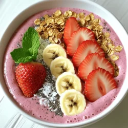 To make a tasty strawberry banana smoothie bowl, gather these main items: - 1 cup frozen strawberries - 1 ripe banana - 1/2 cup Greek yogurt - 1/2 cup almond milk (or any milk of choice) These ingredients bring a sweet and creamy flavor. Frozen strawberries give it a chill, while the banana adds natural sweetness. Greek yogurt makes it smooth and thick, and almond milk helps blend everything well. You can add a few extras to boost the taste: - 1 tablespoon honey or maple syrup - 1/4 teaspoon vanilla extract These add-ins can sweeten the bowl more, and vanilla gives a nice touch. You can skip them if you prefer a lighter taste. Now for the fun part! Here are some great toppings: - Fresh strawberries - Banana slices - Granola - Chia seeds - Shredded coconut - Mint leaves These toppings add crunch, color, and extra flavors. You can mix and match to your liking. I often use fresh fruit for brightness and granola for a nice crunch. Check out the Full Recipe to see how to blend everything into a delicious smoothie bowl! - Combine ingredients in a blender. - Use 1 cup frozen strawberries, 1 ripe banana, 1/2 cup Greek yogurt, and 1/2 cup almond milk. - If you like, add 1 tablespoon honey and 1/4 teaspoon vanilla extract. - Blend until smooth and creamy. - Pour the mixture into a bowl. - The thick texture will support your toppings. - Add fresh strawberries, banana slices, granola, chia seeds, and shredded coconut. - Finish with mint leaves for a touch of color. - Ensure ingredients are frozen for the perfect texture. - Scrape down sides of the blender for even blending. - This helps mix all ingredients well. For the complete recipe, check out the Full Recipe. - Start slowly and gradually increase speed. This helps blend all the ingredients well. - Use a tamper or spatula as needed. This ensures no bits are left unblended. To thicken your smoothie bowl, add more frozen fruit or yogurt. This gives you a rich texture. If it’s too thick, add a splash of almond milk. Blend again until smooth. The right texture should be creamy but not runny. Aim for a mix that holds your toppings well. To add depth, sprinkle in some spices like cinnamon or nutmeg. You can also try a splash of orange juice for a citrus kick. For sweetness, experiment with honey, maple syrup, or agave. Each option brings a unique taste to your bowl. Enjoy creating different flavors! {{image_2}} You can easily make a vegan strawberry banana smoothie bowl. Just swap Greek yogurt for coconut yogurt. Use plant-based milk, like almond or oat milk. This keeps all the flavors while ensuring it fits a vegan diet. If you're following a keto diet, you can make some simple changes. Use full-fat coconut milk instead of almond milk. Swap out honey for a low-carb sweetener. You can also reduce the banana amount. This keeps the carbs low while still tasting great. Want to boost nutrition? Add a handful of spinach. It blends well and adds vitamins without changing the taste much. You can also mix in other fruits like mango or kiwi. These fruits give a fun twist and add more color. For added protein, try nut butters like almond or peanut. Just drizzle some on top of your bowl. You can also sprinkle seeds like chia or hemp for extra crunch. If you want something crunchy and sweet, add granola. It adds a nice texture and makes your bowl more filling. Fresh fruits, like extra strawberry slices or banana rounds, make it look beautiful too. Yes, you can prepare your smoothie bowl ahead of time. Here are some best practices: - Batch prep: Make a larger batch and store it in the fridge. - Use airtight containers: This keeps the smoothie fresh and tasty. - Store leftovers: If you have extra, pour it into a container with a tight lid. Freezing is a great way to save your smoothie mixture. Here’s how: - Freeze in portions: Pour the smoothie into ice cube trays or freezer bags. - Label the bags: Write the date so you remember when you made it. - Thawing tips: To serve, thaw in the fridge overnight or blend frozen cubes with a little milk. How long can you store the ingredients? - Fresh fruit: Use within 2-3 days for the best taste. - Greek yogurt: Check the expiration date on the container. - Almond milk: Unopened, it lasts for months. Once opened, use it within a week. Signs of spoilage to look out for: - Foul smell: If it smells off, it’s time to toss it. - Color change: If the fruit looks brown or mushy, it’s not good anymore. - Separation: If your yogurt separates and looks watery, it may be spoiled. By following these tips, you can enjoy your strawberry banana smoothie bowl fresh and tasty every time! For the complete recipe, check the Full Recipe section above. A strawberry banana smoothie bowl has about 300 calories. This may vary based on your toppings and ingredients. Here's a quick breakdown: - 1 cup frozen strawberries: 50 calories - 1 ripe banana: 105 calories - 1/2 cup Greek yogurt: 100 calories - 1/2 cup almond milk: 15 calories - Optional honey: 60 calories These values add up to a tasty, nutritious meal. Yes, you can make this smoothie bowl without yogurt. Here are some great dairy-free options: - Use coconut yogurt for a creamy texture. - Substitute with silken tofu for added protein. - Try blended avocado for a rich, smooth base. These swaps ensure you still get a delicious flavor and texture. Absolutely! Here are tips to make it fun for kids: - Let them pick their favorite toppings. - Use fun bowls or colorful spoons. - Add a straw for easier sipping. These small changes can make it more appealing to little ones. This smoothie bowl is packed with health benefits: - Strawberries: High in vitamin C and antioxidants. - Bananas: Full of potassium and good for energy. - Greek yogurt: Offers protein and probiotics for gut health. These ingredients combine to create a nutritious and yummy meal. This blog post covered how to make a delicious strawberry banana smoothie bowl. We explored key ingredients, optional add-ins, and the best toppings to use. I shared tips for blending, adjusting texture, and enhancing flavor. You learned about variations to suit different diets, plus how to store and enjoy this dish later. In the end, making this smoothie bowl is both easy and fun. You can customize it to fit your taste and needs. Enjoy being creative in the kitchen!
