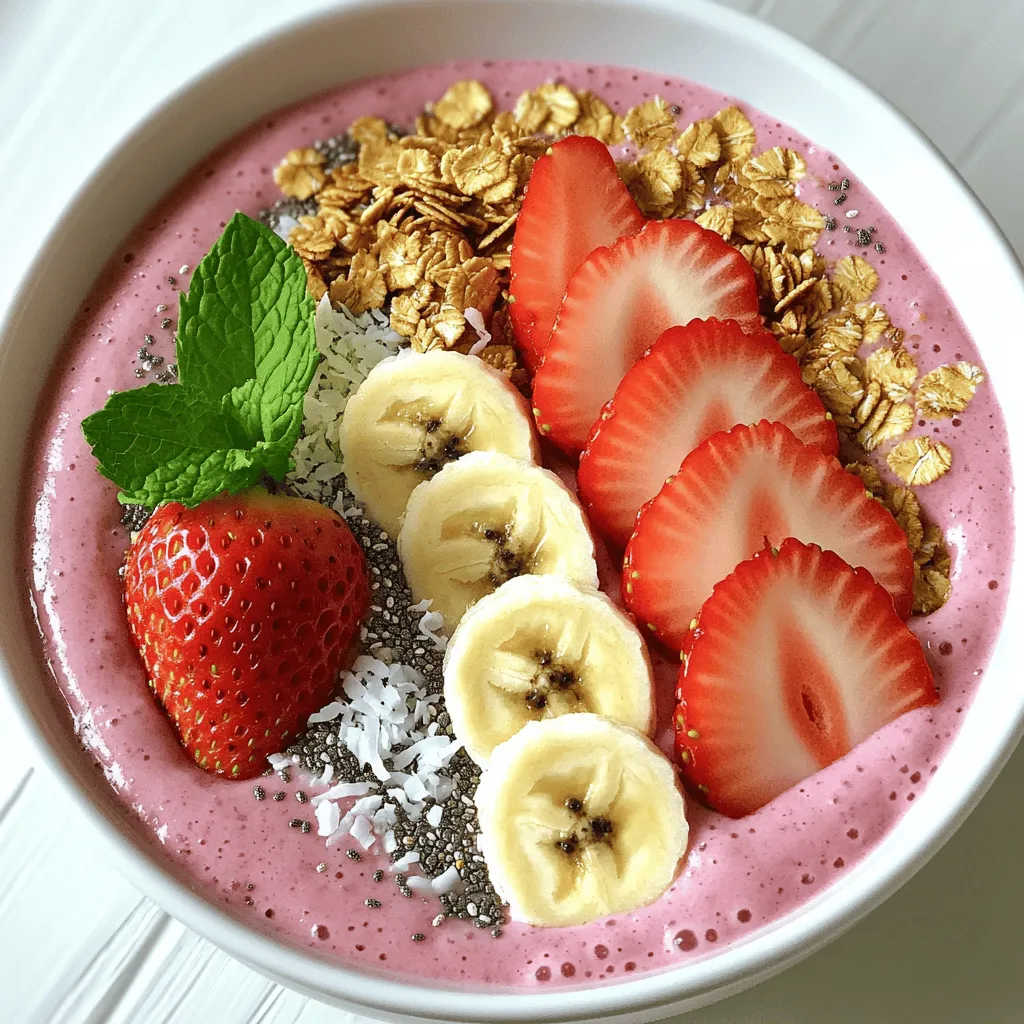 To make a tasty strawberry banana smoothie bowl, gather these main items: - 1 cup frozen strawberries - 1 ripe banana - 1/2 cup Greek yogurt - 1/2 cup almond milk (or any milk of choice) These ingredients bring a sweet and creamy flavor. Frozen strawberries give it a chill, while the banana adds natural sweetness. Greek yogurt makes it smooth and thick, and almond milk helps blend everything well. You can add a few extras to boost the taste: - 1 tablespoon honey or maple syrup - 1/4 teaspoon vanilla extract These add-ins can sweeten the bowl more, and vanilla gives a nice touch. You can skip them if you prefer a lighter taste. Now for the fun part! Here are some great toppings: - Fresh strawberries - Banana slices - Granola - Chia seeds - Shredded coconut - Mint leaves These toppings add crunch, color, and extra flavors. You can mix and match to your liking. I often use fresh fruit for brightness and granola for a nice crunch. Check out the Full Recipe to see how to blend everything into a delicious smoothie bowl! - Combine ingredients in a blender. - Use 1 cup frozen strawberries, 1 ripe banana, 1/2 cup Greek yogurt, and 1/2 cup almond milk. - If you like, add 1 tablespoon honey and 1/4 teaspoon vanilla extract. - Blend until smooth and creamy. - Pour the mixture into a bowl. - The thick texture will support your toppings. - Add fresh strawberries, banana slices, granola, chia seeds, and shredded coconut. - Finish with mint leaves for a touch of color. - Ensure ingredients are frozen for the perfect texture. - Scrape down sides of the blender for even blending. - This helps mix all ingredients well. For the complete recipe, check out the Full Recipe. - Start slowly and gradually increase speed. This helps blend all the ingredients well. - Use a tamper or spatula as needed. This ensures no bits are left unblended. To thicken your smoothie bowl, add more frozen fruit or yogurt. This gives you a rich texture. If it’s too thick, add a splash of almond milk. Blend again until smooth. The right texture should be creamy but not runny. Aim for a mix that holds your toppings well. To add depth, sprinkle in some spices like cinnamon or nutmeg. You can also try a splash of orange juice for a citrus kick. For sweetness, experiment with honey, maple syrup, or agave. Each option brings a unique taste to your bowl. Enjoy creating different flavors! {{image_2}} You can easily make a vegan strawberry banana smoothie bowl. Just swap Greek yogurt for coconut yogurt. Use plant-based milk, like almond or oat milk. This keeps all the flavors while ensuring it fits a vegan diet. If you're following a keto diet, you can make some simple changes. Use full-fat coconut milk instead of almond milk. Swap out honey for a low-carb sweetener. You can also reduce the banana amount. This keeps the carbs low while still tasting great. Want to boost nutrition? Add a handful of spinach. It blends well and adds vitamins without changing the taste much. You can also mix in other fruits like mango or kiwi. These fruits give a fun twist and add more color. For added protein, try nut butters like almond or peanut. Just drizzle some on top of your bowl. You can also sprinkle seeds like chia or hemp for extra crunch. If you want something crunchy and sweet, add granola. It adds a nice texture and makes your bowl more filling. Fresh fruits, like extra strawberry slices or banana rounds, make it look beautiful too. Yes, you can prepare your smoothie bowl ahead of time. Here are some best practices: - Batch prep: Make a larger batch and store it in the fridge. - Use airtight containers: This keeps the smoothie fresh and tasty. - Store leftovers: If you have extra, pour it into a container with a tight lid. Freezing is a great way to save your smoothie mixture. Here’s how: - Freeze in portions: Pour the smoothie into ice cube trays or freezer bags. - Label the bags: Write the date so you remember when you made it. - Thawing tips: To serve, thaw in the fridge overnight or blend frozen cubes with a little milk. How long can you store the ingredients? - Fresh fruit: Use within 2-3 days for the best taste. - Greek yogurt: Check the expiration date on the container. - Almond milk: Unopened, it lasts for months. Once opened, use it within a week. Signs of spoilage to look out for: - Foul smell: If it smells off, it’s time to toss it. - Color change: If the fruit looks brown or mushy, it’s not good anymore. - Separation: If your yogurt separates and looks watery, it may be spoiled. By following these tips, you can enjoy your strawberry banana smoothie bowl fresh and tasty every time! For the complete recipe, check the Full Recipe section above. A strawberry banana smoothie bowl has about 300 calories. This may vary based on your toppings and ingredients. Here's a quick breakdown: - 1 cup frozen strawberries: 50 calories - 1 ripe banana: 105 calories - 1/2 cup Greek yogurt: 100 calories - 1/2 cup almond milk: 15 calories - Optional honey: 60 calories These values add up to a tasty, nutritious meal. Yes, you can make this smoothie bowl without yogurt. Here are some great dairy-free options: - Use coconut yogurt for a creamy texture. - Substitute with silken tofu for added protein. - Try blended avocado for a rich, smooth base. These swaps ensure you still get a delicious flavor and texture. Absolutely! Here are tips to make it fun for kids: - Let them pick their favorite toppings. - Use fun bowls or colorful spoons. - Add a straw for easier sipping. These small changes can make it more appealing to little ones. This smoothie bowl is packed with health benefits: - Strawberries: High in vitamin C and antioxidants. - Bananas: Full of potassium and good for energy. - Greek yogurt: Offers protein and probiotics for gut health. These ingredients combine to create a nutritious and yummy meal. This blog post covered how to make a delicious strawberry banana smoothie bowl. We explored key ingredients, optional add-ins, and the best toppings to use. I shared tips for blending, adjusting texture, and enhancing flavor. You learned about variations to suit different diets, plus how to store and enjoy this dish later. In the end, making this smoothie bowl is both easy and fun. You can customize it to fit your taste and needs. Enjoy being creative in the kitchen!