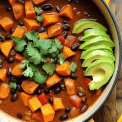 To make a delicious sweet potato and black bean chili, you need the best ingredients. Here’s what you’ll need: - Sweet Potatoes - Black Beans - Tomatoes - Aromatics (Onion, Garlic, Bell Pepper) - Spices and Seasonings - Vegetable Broth - Olive Oil - Garnishes Sweet potatoes are the star of this dish. They add a sweet flavor and a creamy texture when cooked. Use two medium sweet potatoes, peeled and diced. Black beans bring protein and fiber to your chili. One can (15 oz) of black beans, drained and rinsed, works perfectly. Tomatoes add acidity and depth. One can (14 oz) of diced tomatoes adds great flavor. Aromatics enhance the taste. You’ll need 1/2 onion, finely chopped, 2 cloves of garlic, minced, and 1 bell pepper, diced. Choose any color bell pepper you like. Spices bring warmth and zest. Use 1 teaspoon of ground cumin and smoked paprika. For heat, add 1/2 teaspoon of cayenne pepper, adjusting to your taste. Vegetable broth adds moisture and richness. You need 4 cups for a hearty chili. Olive oil helps sauté the aromatics and adds flavor. Use 2 tablespoons in your pot. Garnishes make your chili look and taste even better. Fresh cilantro for garnish and avocado slices for serving add freshness. You can find the full recipe to make this delightful chili, which combines all these ingredients beautifully, and transforms them into a warm bowl of comfort. Sautéing the Aromatics Start by heating 2 tablespoons of olive oil in a large pot over medium heat. Add the finely chopped onion and diced bell pepper. Cook for about 5 minutes until they soften. This step builds a strong flavor base. Next, add 2 cloves of minced garlic along with 1 teaspoon of ground cumin, 1 teaspoon of smoked paprika, and 1/2 teaspoon of cayenne pepper. Stir and cook for 1-2 minutes. You will smell the wonderful aroma fill your kitchen. Adding Vegetables and Beans Now, it’s time to add the star ingredients. Toss in the diced sweet potatoes, 1 can of drained and rinsed black beans, and 1 can of diced tomatoes (with juices). Mix everything well. This blend of sweet potatoes and beans creates a hearty texture. Bringing to a Boil and Simmering Pour in 4 cups of vegetable broth next. Raise the heat to bring the mixture to a boil. Once boiling, lower the heat to a gentle simmer. Let the chili cook for 25-30 minutes. Stir occasionally and check for tenderness. The sweet potatoes should be soft but not mushy. Cooking Duration The total cooking time is about 45 minutes. This includes 15 minutes for prep. The simmering time is key for allowing flavors to meld. Tips for Achieving Desired Consistency If you like your chili thicker, mash a few sweet potato pieces with the back of a spoon. This makes a creamy texture without adding extra ingredients. Adjust the broth if needed, adding more for a soupier chili or less for a thicker stew. Garnishing Ideas Serve your chili hot, garnished with fresh cilantro and slices of avocado. These toppings add color and flavor. You can also use lime wedges for a zesty finish. Pairing Recommendations Pair it with crusty bread or tortilla chips for a complete meal. This chili also goes well with a side salad for added freshness. Enjoy every bite of this hearty vegan delight! For the full recipe, check [Full Recipe]. To make your sweet potato and black bean chili shine, adjust the spices. Start with the basic recipe, then tweak the cayenne for more heat. If you want a smokier taste, add more smoked paprika. You can also try adding a splash of lime juice for brightness. Consider extra ingredients for depth. Adding corn can give a sweet crunch. You can also toss in some diced zucchini or carrots for added nutrition. Consider using fresh herbs like thyme or oregano for a fragrant twist. Each addition builds layers of flavor. Use a sturdy pot for even cooking. A Dutch oven is perfect for this chili. It holds heat well and keeps your chili warm. You can also use a large saucepan if you don’t have a Dutch oven. Gather essential tools for preparation. You will need a sharp knife for chopping and a wooden spoon for stirring. A measuring cup is handy for broth and spices. These tools will help you work efficiently, making cooking fun. Watch out for overcooking sweet potatoes. You want them tender, not mushy. Keep an eye on the clock, and check them as they cook. If they fall apart, your chili will lose its texture. Misbalancing flavors is another common mistake. Taste your chili as it cooks. If it’s too spicy, add a pinch of sugar or more sweet potatoes. If it’s too bland, add more spices or salt. Balancing flavors makes all the difference in a great chili. For the full recipe, check out the Sweet Potato & Black Bean Chili guide. {{image_2}} You can make sweet potato and black bean chili even more fun by swapping ingredients. Here are some ideas: - Using Different Legumes: Try kidney beans or chickpeas instead of black beans. Each legume adds a unique taste and texture. White beans also work well for a lighter flavor. - Adding Extra Vegetables: Toss in corn, zucchini, or carrots for added nutrition. These veggies bring freshness and color to the dish. You can even add leafy greens like spinach or kale near the end of cooking for extra vitamins. This chili is already vegan, but you can adapt it further: - Vegan and Gluten-Free Options: All the ingredients in this chili are vegan and gluten-free. Check your vegetable broth to ensure it meets these needs. Most store-bought broths are safe, but it’s good to double-check. - Adjusting for Allergies: If you have a nightshade allergy, skip the tomatoes and use pumpkin puree instead. This keeps your chili creamy and flavorful without the tomatoes. You can change the flavor of your chili to suit your taste: - Sweet vs. Smoky: For a sweeter chili, add a touch of maple syrup or brown sugar. If you prefer a smoky flavor, increase the smoked paprika or add a dash of liquid smoke. This will give your chili a lovely depth. - Incorporating Different Spices: Try adding spices like oregano, chili powder, or even cinnamon for warmth. Experiment with what you have on hand. Each spice can transform the chili into something new and exciting. For the full recipe, check out the Sweet Potato & Black Bean Chili section above. For storing your sweet potato and black bean chili, use airtight containers. Glass or plastic containers work well. This helps keep the chili fresh. You can store it in the fridge for up to five days. Just make sure it cools down before sealing it up. If you want to keep it longer, freezing is a great option. Use freezer-safe containers or bags. Make sure to leave some space for expansion. You can freeze it for up to three months. When you’re ready to eat, thaw it overnight in the fridge. To warm up your chili, you have a few options. You can use the stove or microwave. If using the stove, heat it in a pot over medium heat. Stir it often so it warms evenly. If using the microwave, heat it in short bursts, stirring in between. This keeps the flavor strong and fresh. Enjoy it hot, just like when you first made it! You can serve sweet potato and black bean chili with rice or quinoa. Cornbread pairs well too. You might also enjoy it with tortilla chips for crunch. A fresh salad on the side adds a nice touch. Consider avocado slices for creaminess and cilantro for brightness. This chili lasts about 4 to 5 days in the fridge. Store it in an airtight container for best results. The flavors deepen as it sits, making it even tastier. Yes, you can use frozen sweet potatoes. Just make sure they are diced and thawed first. They may cook a bit faster, so check for tenderness during simmering. Common toppings include diced avocado, fresh cilantro, and lime wedges. You can also add shredded vegan cheese or sour cream. Some people enjoy spicy jalapeños for extra heat. Absolutely! This recipe is great for meal prep. You can make a big batch and portion it out. Just store it in the fridge or freezer for easy meals later. For the full recipe, refer to the complete cooking instructions above. In this post, I covered how to make a tasty sweet potato and black bean chili. We explored ingredients, preparation steps, and cooking tips to boost flavor. I shared ways to adapt the recipe for different diets and variations for more ideas. I also provided storage tips to keep your chili fresh. With these simple steps, I hope you feel ready to create a comforting meal. Enjoy the process and make the recipe your own!