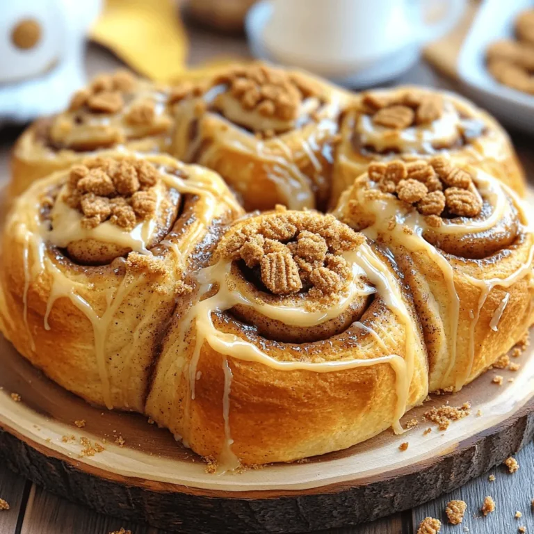 To make Biscoff cookie butter cinnamon rolls, gather these simple ingredients: - 2 cups all-purpose flour - 1/4 cup granulated sugar - 1 tsp instant yeast - 1/2 tsp salt - 1/2 cup warm milk (about 110°F) - 1 large egg - 1/4 cup unsalted butter, melted - 1/2 cup Biscoff cookie butter - 1 tsp ground cinnamon - 1/4 cup brown sugar - 1/2 cup powdered sugar (for icing) - 2 tbsp milk (for icing) - 1/2 tsp vanilla extract You can change things up with these optional ingredients: - Chopped nuts (like pecans or walnuts) - Raisins or dried fruit - Different spices (like nutmeg or cardamom) - Cream cheese for a richer icing Having the right tools can make your baking easier: - Mixing bowls - Whisk - Rolling pin - Baking dish - Knife or dental floss (for cutting rolls) - Measuring cups and spoons - Clean kitchen towel for rising dough These ingredients and tools will help you create the perfect Biscoff cookie butter cinnamon rolls. For the complete method, check the Full Recipe. Start by gathering your ingredients. You will need flour, sugar, yeast, and salt. In a mixing bowl, combine 2 cups of all-purpose flour, 1/4 cup of granulated sugar, 1 teaspoon of instant yeast, and 1/2 teaspoon of salt. Mix these dry ingredients well. In another bowl, whisk together 1/2 cup of warm milk, 1 large egg, and 1/4 cup of melted butter. Gradually pour this mixture into the dry mix. Stir until you form a soft dough. Knead the dough on a floured surface for about 5 to 7 minutes. You want it to feel smooth and elastic. Place the dough in a greased bowl. Cover it with a cloth and let it rise in a warm spot for 1 hour or until it doubles in size. Once the dough has risen, it’s time to prepare the filling. First, punch down the dough to release the air. Roll it out on a floured surface into a rectangle, about 12 by 18 inches. Spread 1/2 cup of Biscoff cookie butter evenly over the dough, leaving a small border. In a small bowl, mix together 1/4 cup of brown sugar and 1 teaspoon of ground cinnamon. Sprinkle this mixture over the Biscoff spread. This adds a warm, sweet flavor to your rolls! Now, let's form the rolls. Starting from the long edge, roll the dough tightly into a log. Pinch the edges to seal it well. Cut the log into 12 equal slices. Place these rolls in a greased baking dish. Cover them with a cloth and let them rise for another 30 minutes until they puff up. While the rolls rise, preheat your oven to 350°F (175°C). Bake the cinnamon rolls for 20 to 25 minutes or until they are golden brown. While they bake, prepare the icing by whisking together 1/2 cup of powdered sugar, 2 tablespoons of milk, and 1/2 teaspoon of vanilla extract until smooth. Once the rolls are out of the oven, let them cool slightly. Drizzle the icing over the top and enjoy your sweet treat! For the full recipe, do not forget to check out the instructions provided. To make your Biscoff cookie butter cinnamon rolls fluffy, start with warm milk. Warm milk helps activate the yeast. Make sure your yeast is fresh; expired yeast won't rise well. Knead the dough until it is smooth and elastic. This step develops gluten, which gives the rolls structure. Let the dough rise in a warm, draft-free spot. Cover it with a cloth to keep moisture in. Wait until it doubles in size, about one hour. For the perfect icing, mix powdered sugar, milk, and vanilla extract in a bowl. Whisk it until smooth and creamy. If the icing is too thick, add a tiny bit more milk. If it’s too thin, add more powdered sugar. Drizzle the icing over the rolls when they are warm. This helps the icing melt slightly, creating a delicious glaze. You can also sprinkle crushed Biscoff cookies on top for extra flavor. Avoid using cold milk in your dough. Cold milk slows down yeast activity. Don’t rush the rising time; it’s key for fluffiness. If you cut the dough too quickly, the rolls can become dense. Ensure you seal the edges well when rolling to keep the filling inside. Lastly, remember to check the rolls in the oven. Overbaking will dry them out. Following these tips will help you create the best Biscoff cookie butter cinnamon rolls. {{image_2}} You can mix up your Biscoff cookie butter cinnamon rolls in fun ways. Try using Nutella instead of cookie butter for a chocolate twist. You can also spread peanut butter for a nutty flavor. If you want something fruity, add mashed bananas or apple pie filling. For toppings, consider using crushed Biscoff cookies or a sprinkle of chopped nuts. A drizzle of chocolate sauce adds extra sweetness and flair. Want to make these rolls gluten-free? You can swap all-purpose flour for a gluten-free blend. Make sure the blend contains xanthan gum for the best texture. If you prefer, almond flour can work too, but the rolls may be denser. Keep an eye on the baking time, as gluten-free dough can bake differently. These changes let everyone enjoy the treat without worry! To take your rolls to the next level, consider adding spices. A pinch of nutmeg or cardamom can deepen the flavor. You could also infuse the milk with vanilla or other extracts for a rich taste. For an extra kick, mix in a touch of espresso powder with the filling. Experimenting with these ideas will make your cinnamon rolls even more delightful. For the complete recipe, check out the Full Recipe section. To keep your Biscoff cookie butter cinnamon rolls fresh, store them in an airtight container. This method helps keep moisture in and prevents them from getting hard. If you have more rolls than you can eat, layer them with parchment paper. This prevents sticking. You can store them at room temperature for up to three days. If you want them to last longer, consider refrigerating them. When it's time to enjoy your leftover rolls, reheating is easy. Preheat your oven to 350°F (175°C). Place the rolls on a baking sheet. Cover them with aluminum foil to keep them soft. Heat for about 10-15 minutes. You can also use a microwave. Just place a roll on a microwave-safe plate. Heat it for about 15-20 seconds. Enjoy warm and gooey rolls like they just came out of the oven! Freezing is a great way to save your cinnamon rolls for later. First, let the rolls cool completely. Next, wrap each roll tightly in plastic wrap. Then, place the wrapped rolls in a freezer bag or container. Make sure to remove as much air as possible. You can freeze them for up to three months. To enjoy, simply thaw in the fridge overnight. Reheat as described earlier for a warm treat! For the full recipe, check it out above. Yes, you can make these rolls ahead. Prepare the dough and let it rise. After that, you can shape the rolls and place them in a greased dish. Cover them and store in the fridge overnight. In the morning, let them sit at room temperature for about 30 minutes. Then, bake as usual. This method saves time and gives you fresh rolls in the morning. If you don’t have Biscoff cookie butter, you can try several substitutes. Nut butter, like almond or peanut butter, works well. You can also use speculoos spread if you find it. For a different flavor, try using chocolate spread or hazelnut spread. Each option gives a unique taste to your cinnamon rolls. These rolls can last for about three days at room temperature. To keep them fresh, store them in an airtight container. You can also freeze them for up to three months. Just make sure to wrap them well. Reheat in the oven or microwave before enjoying. For the best taste, serve them warm. Check the Full Recipe for more details on storage. We covered all you need to make tasty Biscoff Cookie Butter Cinnamon Rolls. You learned the key ingredients and tools. Followed by step-by-step instructions for perfect rolls. I shared tips for fluffy texture and icing. We also explored fun variations for everyone. Lastly, I provided storage tips to keep your rolls fresh. Enjoy baking and sharing these sweet treats. Cooking should be fun and rewarding!