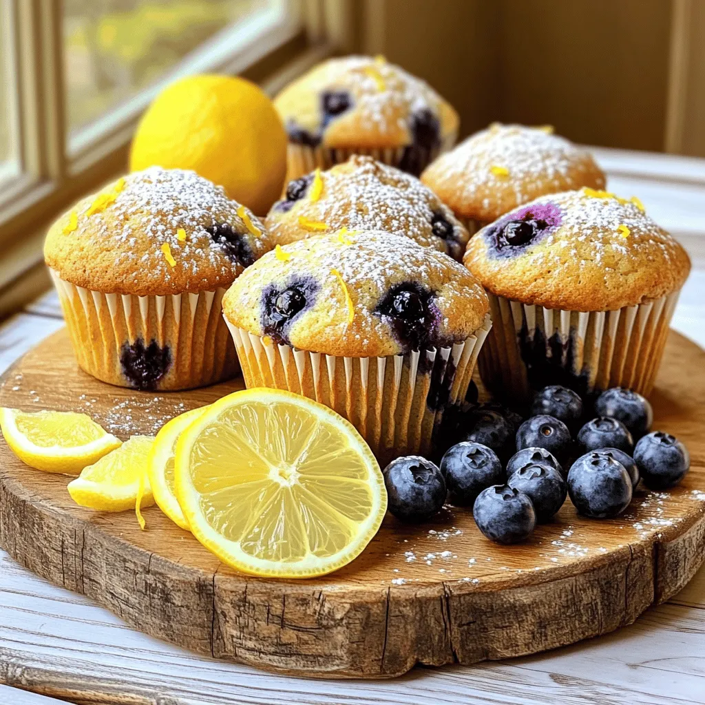 For these lemon blueberry muffins, start with 1 ½ cups of all-purpose flour. This flour gives your muffins the right texture. You will also need ½ cup of granulated sugar and ½ cup of packed brown sugar. The mix of these sugars adds sweetness and depth to the flavor. Next, gather your baking essentials. You will need 2 teaspoons of baking powder and 1 teaspoon of baking soda. These ingredients help the muffins rise and become fluffy. Don’t forget ½ teaspoon of salt, which balances the sweetness and enhances the flavors. Now, let's focus on the wet ingredients. You will need 1 large egg, which helps bind the batter. Use ⅓ cup of melted unsalted butter for richness. For that creamy goodness, add ¾ cup of buttermilk, or use plain yogurt if that's what you have. The zest of 1 large lemon and 2 tablespoons of fresh lemon juice will bring bright flavors to your muffins. Finally, include 1 cup of fresh blueberries. If fresh ones aren’t available, frozen blueberries work too. This combination of ingredients will create a delicious muffin that bursts with flavor. For the complete recipe, check out the Full Recipe section. Start by preheating your oven to 375°F (190°C). This step is key for even baking. Line your muffin tin with paper liners or lightly grease it. This will help the muffins pop out easily after baking. In a large bowl, whisk together the dry ingredients. Combine 1 ½ cups of all-purpose flour, ½ cup of granulated sugar, and ½ cup of brown sugar. Add in 2 teaspoons of baking powder, 1 teaspoon of baking soda, and ½ teaspoon of salt. Whisk them well until mixed. This blend makes a great base for your muffins. In a separate bowl, beat 1 large egg. Add ⅓ cup of melted unsalted butter, ¾ cup of buttermilk, the zest of 1 large lemon, and 2 tablespoons of fresh lemon juice. Mix these ingredients until smooth. This mixture adds moisture and flavor to your muffins. Now, gently fold the wet ingredients into the dry mix. Use a spatula or wooden spoon for this. Be careful not to overmix. A few lumps are okay, as this keeps your muffins light and fluffy. Carefully fold in 1 cup of fresh blueberries. Make sure they are evenly spread in the batter. Next, divide the batter among the muffin tin cups, filling each about ¾ full. Bake your muffins in the preheated oven for 18–22 minutes. Check for doneness by inserting a toothpick. It should come out clean when they are ready. Once baked, let the muffins cool in the tin for about 5 minutes. Then, transfer them to a wire rack to cool completely. For a nice touch, dust cooled muffins with powdered sugar. Serve them on a platter with lemon slices and a handful of fresh blueberries. Enjoy this zesty treat with your morning coffee or tea! To get soft, fluffy muffins, don’t overmix the batter. Mix just until the dry and wet ingredients combine. A few lumps are okay. This keeps the muffins tender. Also, adding buttermilk helps create a moist texture. You can use plain yogurt as a substitute if needed. Zesting a lemon gives your muffins a bright, fresh taste. Use a microplane to finely grate the lemon peel. This adds a punch of citrus flavor. Don’t skip this step! The zest makes a big difference in taste. You can also add a bit more lemon juice for extra zing. One common mistake is overbaking the muffins. Keep a close eye on them. Check for doneness with a toothpick. If it comes out clean, they are ready. Another error is not using fresh blueberries. Fresh berries burst with flavor and juice. If you must use frozen, do not thaw them before mixing. To make your muffins look extra special, dust them with powdered sugar. It adds a nice touch. Arrange them on a pretty platter. You can also serve them with lemon slices and fresh blueberries. This simple presentation will impress your guests. Enjoy your beautiful muffins! For the full recipe, check out the Zesty Blueberry Bliss Muffins. {{image_2}} You can make these muffins gluten-free by using a gluten-free flour blend. Look for one that works cup-for-cup with regular flour. This will keep the texture light and fluffy. Make sure the baking powder is also gluten-free. You won’t lose any flavor! To make these muffins vegan, swap the egg with a flaxseed egg. Mix one tablespoon of ground flaxseed with three tablespoons of water. Let it sit for five minutes to thicken. Use plant-based milk instead of buttermilk. Almond milk works great and keeps the muffins moist. You can add other fruits to these muffins for a fun twist. Try raspberries or strawberries for a berry medley. Peaches or apples can also add great flavor. Just chop the fruit into small pieces and fold them in with the blueberries. This gives you endless options to enjoy! For the full recipe, you can refer to the Zesty Blueberry Bliss Muffins section. To keep your lemon blueberry muffins fresh, store them in an airtight container. This helps keep moisture in and prevents them from drying out. If you have leftover muffins, let them cool completely first. Place them in the container at room temperature. They stay good for about 2-3 days. If you want to keep them longer, consider freezing. You can freeze these muffins easily. Wrap each muffin tightly in plastic wrap. Then, place them in a freezer bag. This helps prevent freezer burn. They can stay in the freezer for up to 3 months. When ready to eat, just take one out and let it thaw at room temperature. Reheat your muffins for a warm, fresh taste. The best way is to use an oven. Preheat it to 350°F (175°C). Place the muffins on a baking sheet. Heat them for about 10 minutes. You can also use a microwave. Place a muffin on a plate and warm it for 15-20 seconds. Enjoy your warm, zesty treat! For the full recipe, check out the section above. Lemon blueberry muffins stay fresh for about 3 to 5 days. Store them in an airtight container at room temperature. If you want them to last longer, you can refrigerate them for up to a week. Yes, you can use frozen blueberries. They work well in this recipe. Just fold them into the batter while still frozen. This helps keep the muffins from turning too blue. If you don’t have buttermilk, you can use plain yogurt. Mix equal parts yogurt and water to get the right consistency. You can also use milk with a splash of lemon juice or vinegar. Let it sit for a few minutes before using. Absolutely! This recipe is great for mini muffins. Just adjust the baking time. Bake mini muffins for about 10 to 15 minutes. Keep an eye on them and check for doneness with a toothpick. To store your muffins, place them in an airtight container. If you want to keep them fresh longer, wrap them tightly in plastic wrap and freeze them. Just thaw at room temperature when you're ready to enjoy. For the full recipe, check out the details above. This post covered key ingredients, clear steps, and helpful tips for making lemon blueberry muffins. You learned how to mix, bake, and serve them well. Remember, the right texture and flavor come from careful mixing and great ingredients. Explore variations to fit your taste, like gluten-free or vegan options. Lastly, store your muffins properly for the best taste later. Happy baking!
