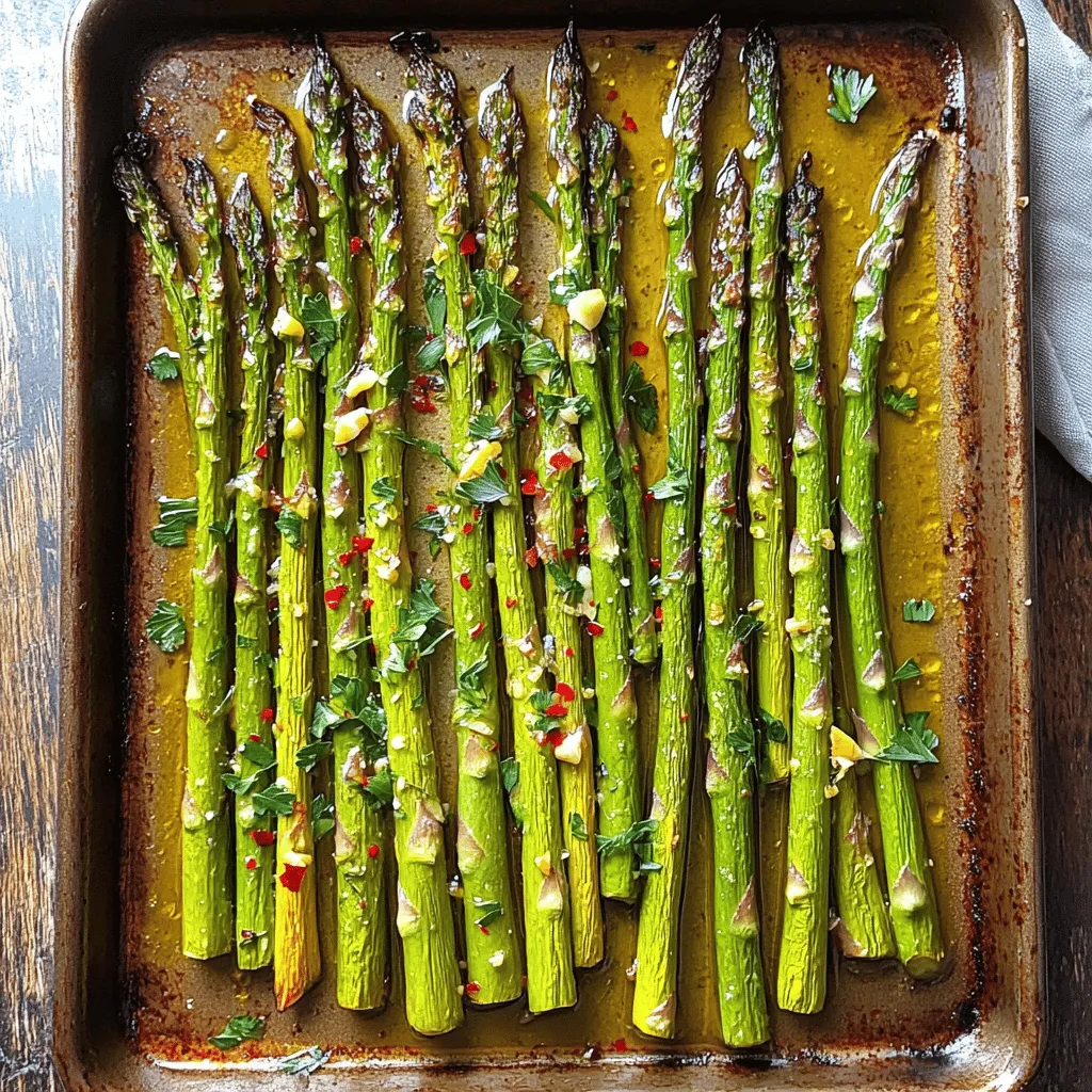 - 1 bunch of asparagus, trimmed: Choose fresh, bright green asparagus. Trim off the tough ends. - 3 tablespoons olive oil: This oil adds flavor and helps the asparagus roast well. - 3 cloves garlic, minced: Fresh garlic gives a strong, tasty kick to the dish. - Zest of 1 lemon: Lemon zest brightens the flavors and adds a nice aroma. - 2 tablespoons fresh lemon juice: This juice adds a tangy freshness that balances the oil. - Salt and pepper, to taste: Use these basic seasonings to enhance the flavors. - 1 teaspoon red pepper flakes (optional): If you like heat, add red pepper flakes for a spicy touch. - Fresh parsley, chopped for garnish: Parsley adds color and freshness when serving. This simple list creates a dish full of flavor and is easy to make. For the Full Recipe, follow the provided instructions. First, preheat your oven to 425°F (220°C). This step is key for roasting. A hot oven helps the asparagus cook evenly and get a nice color. Next, in a large bowl, combine the ingredients. You need to add the trimmed asparagus, olive oil, minced garlic, lemon zest, lemon juice, salt, pepper, and red pepper flakes if you like some heat. Toss everything well to coat the asparagus. This mix brings out the tasty flavors. Now, arrange the asparagus on a baking sheet. Make sure they are in a single layer. If they overlap, they won't roast well. Space them out to allow for even cooking. Roast the asparagus in the oven for about 12-15 minutes. Keep an eye on them. You want them tender and slightly caramelized. The right timing makes a big difference in taste. After roasting, check the seasoning. Add more salt and pepper if needed. You want every bite to burst with flavor. Finally, transfer the roasted asparagus to a serving platter. Sprinkle chopped fresh parsley on top for a pop of color and taste. This is the finishing touch that makes your dish look beautiful. For the complete guide, check the Full Recipe. To get the best roasted asparagus, I suggest roasting at 425°F (220°C). This hot temperature helps the asparagus cook quickly. Aim for 12-15 minutes in the oven. You want them to be tender yet still crisp. Watch for a slight caramelization on the tips. This adds a nice flavor. To take your dish to the next level, think about adding more herbs. Fresh thyme or rosemary works well. You can also use lemon zest and juice for extra brightness. Zest before you juice to lock in that great lemon flavor. Mix them well with the asparagus before roasting. A simple way to make your dish pop is by garnishing with fresh parsley. This adds color and freshness. Serve the asparagus on a nice platter. It works well with grilled chicken or fish for a complete meal. You can also pair it with rice or quinoa for a tasty side. For the full recipe, check out the details above. {{image_2}} To make Lemon Garlic Roasted Asparagus even more exciting, try these flavor twists. You can add chili flakes for a little heat. Just sprinkle a teaspoon or two on top before roasting. This adds a nice kick without overpowering the dish. Cheese and nuts are also great options. Try adding grated Parmesan or crumbled feta for a creamy touch. Chopped almonds or walnuts give a nice crunch that pairs well with the tender asparagus. Mix in these extras before you roast them for a richer flavor. If you're looking for vegan options, this dish is easy to adapt. Simply skip the cheese and keep the other ingredients. The lemon and garlic still provide lots of taste. You can also add nutritional yeast for a cheesy flavor without dairy. For those who need gluten-free meals, this recipe is already safe. All the ingredients are naturally gluten-free. Just make sure the spices you use do not contain gluten. This recipe is great with many seasonal vegetables. You can swap out asparagus for green beans, zucchini, or even Brussels sprouts. Just adjust the cooking time depending on what you choose. For special occasions, you can change the lemon to a different citrus, like orange or lime. This gives a fresh twist that works well for parties or holidays. You can also try adding fresh herbs like thyme or rosemary for extra flavor. For the full recipe, check out the details above. To keep Lemon Garlic Roasted Asparagus fresh, place it in an airtight container. Store it in the fridge. It stays good for 3 to 5 days. Check for any signs of spoilage before eating. To reheat, use the oven for the best flavor. Preheat it to 350°F (175°C). Place the asparagus on a baking sheet and heat for about 10 minutes. This method helps keep the asparagus crisp. You can also use the microwave, but be careful. Heat in short bursts to avoid sogginess. If you want to freeze asparagus, first blanch it. Boil for 2-3 minutes, then cool it quickly in ice water. Drain and pack in freezer bags. Remove as much air as possible. It can last up to 3 months. When ready to use, thaw it overnight in the fridge or use the microwave. This keeps the flavor and texture nice. For more details, refer to the Full Recipe. To trim asparagus, hold a stalk in each hand. Bend it gently until it snaps. This point is where the tough part ends. You can also cut off about an inch from the bottom. Use a sharp knife for clean cuts. Always wash the asparagus before trimming. Yes, you can use frozen asparagus. However, fresh asparagus tastes better. If you use frozen, thaw it first. Drain any excess water before mixing with other ingredients. This helps avoid soggy asparagus. Check the asparagus after 12 minutes in the oven. It should be bright green and slightly tender. If you poke it with a fork, it should feel soft but not mushy. Look for slight browning on the tips for extra flavor. Lemon Garlic Roasted Asparagus pairs well with many dishes. Serve it alongside grilled chicken or fish. It also complements pasta or rice dishes. For a vegetarian option, try it with quinoa or a fresh salad. Start with the basic recipe and taste as you go. Add more salt or pepper if needed. If you like heat, sprinkle in extra red pepper flakes. For a zesty kick, add more lemon juice. Adjusting flavors makes the dish perfect for you. This guide has shown you how to make Lemon Garlic Roasted Asparagus. We covered ingredients, preparation steps, roasting tips, and variations to suit your taste. Remember, roasting enhances flavor and texture. You can also personalize the dish with more herbs or spices. Storing leftovers correctly helps keep them fresh for longer. Enjoy experimenting with this dish across meals and seasons! With practice, you’ll master this simple yet delicious side. Your kitchen will shine with this vibrant dish.