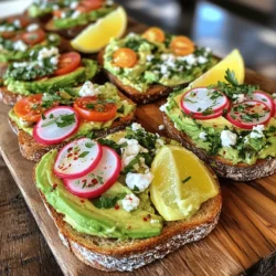 - 2 ripe avocados - 4 slices of whole-grain or sourdough bread - 1 small lemon, juiced - 1 teaspoon olive oil - Salt and pepper to taste - ½ teaspoon red pepper flakes - 1 tomato, sliced - ¼ cup feta cheese, crumbled - 1 radish, thinly sliced - Fresh herbs (like cilantro or parsley) for garnish Avocado toast is a healthy choice. One serving has good fats, fiber, and vitamins. Here is a rough breakdown: - Calories: 250 - Protein: 6g - Carbohydrates: 30g - Fat: 12g - Fiber: 10g This dish offers a balance of flavors and textures. You can enjoy it for breakfast or a snack. The creamy avocado pairs well with crunchy toppings. It’s simple yet satisfying. For the full recipe, check out the Avocado Toast Delight above. To start, choose your favorite bread. Whole-grain or sourdough works best. Next, toast four slices until golden brown. You can use a toaster, a skillet, or a grill. I like to grill mine for that smoky flavor. Toasting adds a great crunch to your avocado toast. While your bread toasts, grab two ripe avocados. Cut them in half and remove the pit. Scoop the green flesh into a bowl. Add the juice from one small lemon. This keeps the avocado fresh and bright. Drizzle in one teaspoon of olive oil. Season the mix with salt and pepper. Now, mash everything with a fork. You can leave some chunks for texture if you want. A smooth and creamy avocado mix is perfect for spreading. Once your bread is done, it’s time to build. Spread a generous layer of the mashed avocado on each slice. For the first variation, top with sliced tomatoes. Sprinkle crumbled feta cheese on top. A dash of red pepper flakes adds spice. For the second variation, add thinly sliced radish. Finish with fresh herbs like cilantro or parsley. This adds color and flavor to your toast. Each bite will be a delight. You can find the full recipe details above. To make great avocado toast, you need ripe avocados. Look for avocados that feel slightly soft when you press them gently. The skin should be dark green or black, depending on the type. Avoid any that feel overly mushy or have dark spots. If you find hard avocados, leave them at room temperature for a few days. They will ripen nicely. For the perfect spread, mash your avocados just right. Use a fork for a chunky texture or a potato masher for a creamier feel. I love leaving some small pieces for extra bite. Add lemon juice right away to keep the avocado bright green. Mix in salt and pepper for flavor as you mash. Elevate your avocado toast with exciting flavors. Try adding a drizzle of balsamic glaze or a sprinkle of everything bagel seasoning. Fresh herbs like cilantro or parsley bring brightness. You can also add a pinch of garlic powder for a kick. Don't forget toppings like sliced radish or tomato for crunch and color. For a richer taste, consider crumbled feta or a poached egg. Each ingredient adds its own twist to your toast. For more ideas, check out the Full Recipe. {{image_2}} For a classic twist, try adding fresh tomato and feta cheese. After you mash the avocado, spread it on your toasted bread. Then, top it with sliced tomatoes. Crumble feta cheese on top for a salty kick. A sprinkle of red pepper flakes adds some heat. This combo is bright and full of flavor. It’s a perfect way to enjoy the creamy avocado. Want something crunchy? Use thinly sliced radish and fresh herbs. Start with the same avocado base. Spread it over the toasted bread. Then, layer the radish slices on top. Add a handful of fresh herbs like cilantro or parsley. This gives a nice crisp texture and a burst of freshness. It’s a fun way to change up your toast! Get creative with toppings! You can add smoked salmon for a rich taste. Simply place the salmon on top of your avocado spread. A poached egg is another great choice. It adds creaminess and protein. Just place the egg gently on the avocado. You can also try adding pickled onions or spicy sriracha for extra flavor. The options are endless! For more ideas, check out the Full Recipe. Enjoy experimenting with your avocado toast! If you have leftover avocado mixture, store it in an airtight container. To keep it fresh, add a bit of lemon juice. This helps slow down browning. Press plastic wrap onto the surface of the mixture to keep air out. Store it in the fridge for up to two days. If it turns brown, you can just stir it up. The flavor will still be good! Avocado toast is best enjoyed fresh. If you must store it, do so carefully. Wrap the toast in plastic wrap or place it in a container. Keep it in the fridge for up to one day. The bread may get a bit soggy, but it will still taste good. You can re-toast it briefly to regain some crispness. Avoid adding toppings until you are ready to eat. To save time, prep your ingredients ahead of time. You can slice the bread and store it in a bag. Keep the avocado mixture ready in the fridge. When you’re ready to eat, just toast the bread and spread the avocado. This meal prep method works well for busy mornings. You can enjoy fresh avocado toast with minimal effort! For more ideas, check out the Full Recipe. To stop avocado from browning, use lemon juice. The acid in lemon helps slow down the process. You can also cover the avocado tightly with plastic wrap. Press it directly on the flesh to limit air exposure. Another option is to store it in an airtight container with a slice of onion. The sulfur in onion helps keep the avocado green. Yes, you can use frozen avocado! Frozen avocado works well in avocado toast. Just thaw it in the fridge overnight. Drain any extra water before mashing. It may be a bit softer, but the taste remains great. This is a perfect way to use leftover avocado. For gluten-free options, try using gluten-free bread. Many stores sell various types, like almond or rice flour bread. You can also use lettuce leaves as a base. They add a nice crunch and keep it light. Another option is to use sweet potato slices, baked until soft. They bring a unique flavor and texture to your toast. This post covered the key ingredients and step-by-step instructions for making avocado toast. We explored helpful tips to pick the best avocados and achieve the right texture. We also looked at tasty variations, from classic to creative combos. Storage info helps you keep your toast fresh and your leftovers handy. Avocado toast is simple to make and offers endless ways to enjoy it. Get creative with your toppings and share your favorite combinations!