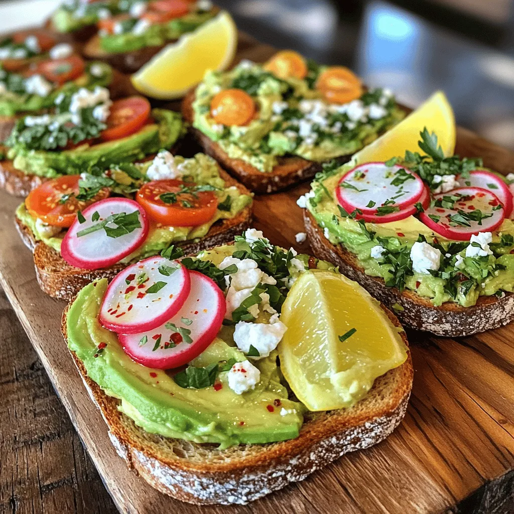 - 2 ripe avocados - 4 slices of whole-grain or sourdough bread - 1 small lemon, juiced - 1 teaspoon olive oil - Salt and pepper to taste - ½ teaspoon red pepper flakes - 1 tomato, sliced - ¼ cup feta cheese, crumbled - 1 radish, thinly sliced - Fresh herbs (like cilantro or parsley) for garnish Avocado toast is a healthy choice. One serving has good fats, fiber, and vitamins. Here is a rough breakdown: - Calories: 250 - Protein: 6g - Carbohydrates: 30g - Fat: 12g - Fiber: 10g This dish offers a balance of flavors and textures. You can enjoy it for breakfast or a snack. The creamy avocado pairs well with crunchy toppings. It’s simple yet satisfying. For the full recipe, check out the Avocado Toast Delight above. To start, choose your favorite bread. Whole-grain or sourdough works best. Next, toast four slices until golden brown. You can use a toaster, a skillet, or a grill. I like to grill mine for that smoky flavor. Toasting adds a great crunch to your avocado toast. While your bread toasts, grab two ripe avocados. Cut them in half and remove the pit. Scoop the green flesh into a bowl. Add the juice from one small lemon. This keeps the avocado fresh and bright. Drizzle in one teaspoon of olive oil. Season the mix with salt and pepper. Now, mash everything with a fork. You can leave some chunks for texture if you want. A smooth and creamy avocado mix is perfect for spreading. Once your bread is done, it’s time to build. Spread a generous layer of the mashed avocado on each slice. For the first variation, top with sliced tomatoes. Sprinkle crumbled feta cheese on top. A dash of red pepper flakes adds spice. For the second variation, add thinly sliced radish. Finish with fresh herbs like cilantro or parsley. This adds color and flavor to your toast. Each bite will be a delight. You can find the full recipe details above. To make great avocado toast, you need ripe avocados. Look for avocados that feel slightly soft when you press them gently. The skin should be dark green or black, depending on the type. Avoid any that feel overly mushy or have dark spots. If you find hard avocados, leave them at room temperature for a few days. They will ripen nicely. For the perfect spread, mash your avocados just right. Use a fork for a chunky texture or a potato masher for a creamier feel. I love leaving some small pieces for extra bite. Add lemon juice right away to keep the avocado bright green. Mix in salt and pepper for flavor as you mash. Elevate your avocado toast with exciting flavors. Try adding a drizzle of balsamic glaze or a sprinkle of everything bagel seasoning. Fresh herbs like cilantro or parsley bring brightness. You can also add a pinch of garlic powder for a kick. Don't forget toppings like sliced radish or tomato for crunch and color. For a richer taste, consider crumbled feta or a poached egg. Each ingredient adds its own twist to your toast. For more ideas, check out the Full Recipe. {{image_2}} For a classic twist, try adding fresh tomato and feta cheese. After you mash the avocado, spread it on your toasted bread. Then, top it with sliced tomatoes. Crumble feta cheese on top for a salty kick. A sprinkle of red pepper flakes adds some heat. This combo is bright and full of flavor. It’s a perfect way to enjoy the creamy avocado. Want something crunchy? Use thinly sliced radish and fresh herbs. Start with the same avocado base. Spread it over the toasted bread. Then, layer the radish slices on top. Add a handful of fresh herbs like cilantro or parsley. This gives a nice crisp texture and a burst of freshness. It’s a fun way to change up your toast! Get creative with toppings! You can add smoked salmon for a rich taste. Simply place the salmon on top of your avocado spread. A poached egg is another great choice. It adds creaminess and protein. Just place the egg gently on the avocado. You can also try adding pickled onions or spicy sriracha for extra flavor. The options are endless! For more ideas, check out the Full Recipe. Enjoy experimenting with your avocado toast! If you have leftover avocado mixture, store it in an airtight container. To keep it fresh, add a bit of lemon juice. This helps slow down browning. Press plastic wrap onto the surface of the mixture to keep air out. Store it in the fridge for up to two days. If it turns brown, you can just stir it up. The flavor will still be good! Avocado toast is best enjoyed fresh. If you must store it, do so carefully. Wrap the toast in plastic wrap or place it in a container. Keep it in the fridge for up to one day. The bread may get a bit soggy, but it will still taste good. You can re-toast it briefly to regain some crispness. Avoid adding toppings until you are ready to eat. To save time, prep your ingredients ahead of time. You can slice the bread and store it in a bag. Keep the avocado mixture ready in the fridge. When you’re ready to eat, just toast the bread and spread the avocado. This meal prep method works well for busy mornings. You can enjoy fresh avocado toast with minimal effort! For more ideas, check out the Full Recipe. To stop avocado from browning, use lemon juice. The acid in lemon helps slow down the process. You can also cover the avocado tightly with plastic wrap. Press it directly on the flesh to limit air exposure. Another option is to store it in an airtight container with a slice of onion. The sulfur in onion helps keep the avocado green. Yes, you can use frozen avocado! Frozen avocado works well in avocado toast. Just thaw it in the fridge overnight. Drain any extra water before mashing. It may be a bit softer, but the taste remains great. This is a perfect way to use leftover avocado. For gluten-free options, try using gluten-free bread. Many stores sell various types, like almond or rice flour bread. You can also use lettuce leaves as a base. They add a nice crunch and keep it light. Another option is to use sweet potato slices, baked until soft. They bring a unique flavor and texture to your toast. This post covered the key ingredients and step-by-step instructions for making avocado toast. We explored helpful tips to pick the best avocados and achieve the right texture. We also looked at tasty variations, from classic to creative combos. Storage info helps you keep your toast fresh and your leftovers handy. Avocado toast is simple to make and offers endless ways to enjoy it. Get creative with your toppings and share your favorite combinations!